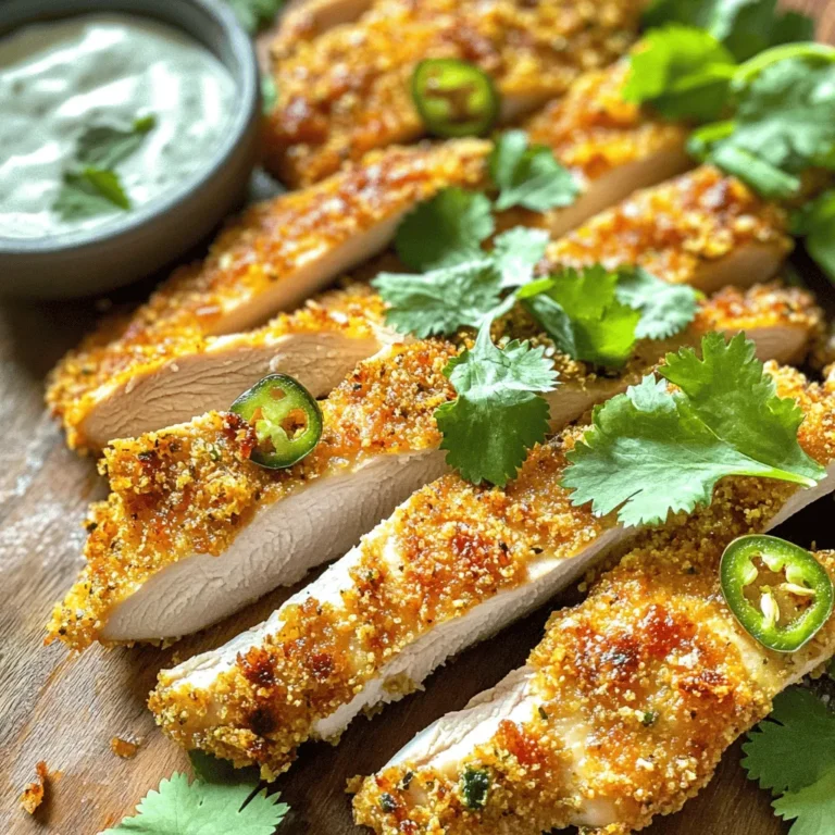 - 4 boneless, skinless chicken breasts - 1 cup jalapeno chips, crushed - 1/2 cup flour - 2 large eggs - 1 teaspoon garlic powder - 1 teaspoon onion powder - 1/2 teaspoon smoked paprika - Salt and pepper to taste - 1/4 cup buttermilk (or milk) - Olive oil spray Using jalapeno chips adds a spicy crunch. They give the chicken a bold flavor. The heat from the chips makes each bite exciting. You can taste the zest without being too spicy. This flavor really sets it apart from plain chicken. Buttermilk is key in this recipe. It helps tenderize the chicken, making it juicy. The acidity in buttermilk also adds a rich flavor. This helps the coating stick better, giving it that perfect crispy bite. If you don’t have jalapeno chips, use other spicy chips. Tortilla chips or cheese puffs can work well. They will still add a nice crunch and flavor. For gluten-free options, you can swap regular flour with almond flour or a gluten-free blend. This keeps the recipe friendly for those with gluten issues. Just check the flour package to ensure it fries well. Start by preheating your oven to 400°F (200°C). This heat will help the chicken cook evenly and get crispy. You will need a few kitchen tools for this dish. Gather a baking sheet, parchment paper, three mixing bowls, a whisk, and a meat mallet or rolling pin. The parchment paper makes cleanup easy and helps the chicken crisp nicely. Now, let’s set up your dredging station. In the first bowl, mix the flour, garlic powder, onion powder, smoked paprika, salt, and pepper. This will be the first coating for your chicken. In the second bowl, beat the eggs and stir in the buttermilk. This mixture helps the next layer stick. In the third bowl, add the crushed jalapeno chips. The chips will give the chicken its spicy crunch. The coating sequence is simple: First, coat the chicken in the flour mix. Shake off any extra flour. Then, dip it into the egg mixture, letting the excess drip off. Lastly, roll the chicken in the crushed jalapeno chips. Press lightly to help the chips stick well. Place the coated chicken breasts on the baking sheet lined with parchment paper. Lightly spray the tops with olive oil spray. This step adds to the crispiness as it bakes. Cook the chicken in your preheated oven for about 20-25 minutes. To ensure it’s fully cooked, the chicken should reach an internal temperature of 165°F (74°C). You can check this with a meat thermometer. Let the chicken rest for about 5 minutes before slicing and serving. This allows the juices to settle, giving you juicy, flavorful chicken. For the full recipe, refer to the detailed instructions I shared earlier. Enjoy your crispy, flavorful Jalapeno Chip Crusted Chicken! To get that crispy texture, it all starts with the coating. First, ensure your chicken breasts are dry before you start. Pat them with a paper towel. This helps the coating stick well. Use a light hand when pressing the crushed jalapeno chips onto the chicken. If you want an extra crunch, spray the tops lightly with olive oil spray before baking. This adds a golden finish and helps the chips crisp up nicely. Adding flavor to the chicken is key. You can mix extra spices into the flour, like cayenne pepper or cumin, for a kick. For marinades, try soaking the chicken in buttermilk overnight. This makes the meat tender and juicy. You might also use a simple brine of salt and water for a few hours. Either way, flavor is important in every bite. Pair your Jalapeno Chip Crusted Chicken with tasty sides. Some great options include coleslaw, corn on the cob, or a fresh salad. For a fun twist, serve it with spicy ranch dressing or guacamole for dipping. When it comes to presentation, slice the chicken into strips and arrange it on a wooden cutting board. Add fresh cilantro on top for color, and your dish will look as good as it tastes. Check out the Full Recipe for more details! {{image_2}} You can mix things up with different chips. Try spicy barbecue chips or cool ranch chips for a new taste. Each chip adds its own flair to the chicken. You can also add cheese to the coating. Grated cheddar or pepper jack cheese adds creaminess and extra flavor. Just mix it with the crushed chips for a cheesy crunch. If you want a healthier option, try the air fryer. Set it to 375°F (190°C). Cook for about 15-20 minutes. This method gives you crispy chicken with less oil. For summer cookouts, grilling is great too. Marinate the chicken in your favorite spices before grilling. This adds smokiness and enhances the flavor. You can adjust the recipe for different diets. For gluten-free options, use almond flour instead of regular flour. This keeps the crunch without the gluten. If you want a vegan or vegetarian dish, try using tofu. Coat the tofu in the same way as the chicken. It will soak up the flavors and still be delicious. To keep your jalapeno chip crusted chicken fresh, place it in an airtight container. This helps seal in flavors and moisture. Store it in the fridge. It lasts for about 3 to 4 days. Make sure it cools down to room temperature before covering it. This way, it won't create steam and make the chicken soggy. You can freeze both uncooked and cooked chicken. For uncooked chicken, wrap it tightly in plastic wrap and then in foil. This prevents freezer burn. It can last for up to 3 months. For cooked chicken, let it cool first, then place it in a freezer-safe container. It stays good for about 2 to 3 months. To reheat frozen chicken, let it thaw in the fridge overnight. Then, bake or pan-fry it to get that crispy texture back. To keep your chicken crispy, use the oven or air fryer. Preheat your oven to 375°F (190°C). Place the chicken on a baking sheet and heat for about 15 minutes. You can also use an air fryer at the same temperature for about 10 minutes. Serve the leftover chicken with a fresh side salad or dip it in ranch dressing. You can also slice it and add it to tacos or wraps for a fun meal. For more details, check the Full Recipe. You have many great options! Side dishes can enhance your meal. Here are some popular choices: - Spicy ranch dressing: It adds a creamy kick. - Guacamole: This pairs well with the crispy chicken. - Coleslaw: A fresh, crunchy side that balances flavors. - Corn on the cob: Sweet and buttery, it complements the spice. - Rice or quinoa: These grains soak up the flavors well. These sides make your meal fun and tasty! To check if your chicken is ready, use a meat thermometer. Insert it into the thickest part of the chicken. The safe internal temperature is 165°F (74°C). Here are more tips: - Color check: Chicken should be white, not pink. - Juices: They should run clear when you cut into it. - Texture: The chicken should feel firm but not hard. Ensure you check the chicken carefully for safe eating. Yes, you can! Making this dish ahead of time works well. Here are best practices: - Cook the chicken: Let it cool, then store it in the fridge. - Reheat before serving: Use the oven to keep it crispy. - Prep the coating: You can prepare the jalapeno chips and spices ahead. This makes weeknight dinners much easier! No jalapeno chips? No problem! You can use other chips or items instead. Here are some fun ideas: - Spicy tortilla chips: They also give a nice crunch. - Panko breadcrumbs: Add spices for flavor. - Cheesy chips: These can add a different taste. Get creative with what you have in your pantry! Absolutely! This recipe works great for meal prep. Here’s how to do it: - Portion the chicken: Cut it into servings for easy meals. - Store in airtight containers: This keeps it fresh longer. - Label and date: Helps you keep track of what’s in your fridge. With these tips, you'll always have a tasty meal ready! For the full recipe, check the details above. This blog post covers how to make Jalapeno Chip Crusted Chicken. We discussed the key ingredients, like jalapeno chips and buttermilk. I shared step-by-step instructions for cooking and tips for a crispy finish. You can also try variations and enjoy helpful storage tips. In conclusion, feel free to experiment with flavors and cooking methods. This dish is perfect for sharing and satisfying everyone at the table. Enjoy your tasty creation!