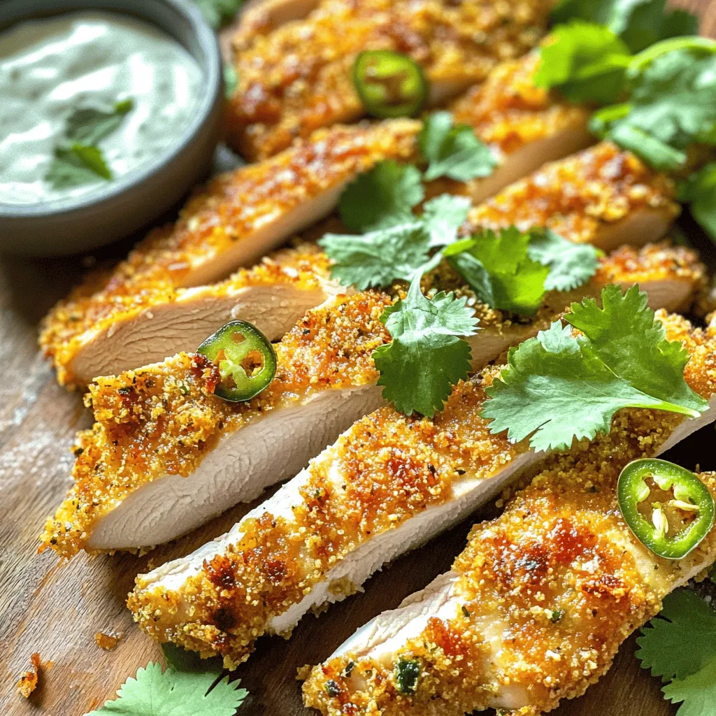 - 4 boneless, skinless chicken breasts - 1 cup jalapeno chips, crushed - 1/2 cup flour - 2 large eggs - 1 teaspoon garlic powder - 1 teaspoon onion powder - 1/2 teaspoon smoked paprika - Salt and pepper to taste - 1/4 cup buttermilk (or milk) - Olive oil spray Using jalapeno chips adds a spicy crunch. They give the chicken a bold flavor. The heat from the chips makes each bite exciting. You can taste the zest without being too spicy. This flavor really sets it apart from plain chicken. Buttermilk is key in this recipe. It helps tenderize the chicken, making it juicy. The acidity in buttermilk also adds a rich flavor. This helps the coating stick better, giving it that perfect crispy bite. If you don’t have jalapeno chips, use other spicy chips. Tortilla chips or cheese puffs can work well. They will still add a nice crunch and flavor. For gluten-free options, you can swap regular flour with almond flour or a gluten-free blend. This keeps the recipe friendly for those with gluten issues. Just check the flour package to ensure it fries well. Start by preheating your oven to 400°F (200°C). This heat will help the chicken cook evenly and get crispy. You will need a few kitchen tools for this dish. Gather a baking sheet, parchment paper, three mixing bowls, a whisk, and a meat mallet or rolling pin. The parchment paper makes cleanup easy and helps the chicken crisp nicely. Now, let’s set up your dredging station. In the first bowl, mix the flour, garlic powder, onion powder, smoked paprika, salt, and pepper. This will be the first coating for your chicken. In the second bowl, beat the eggs and stir in the buttermilk. This mixture helps the next layer stick. In the third bowl, add the crushed jalapeno chips. The chips will give the chicken its spicy crunch. The coating sequence is simple: First, coat the chicken in the flour mix. Shake off any extra flour. Then, dip it into the egg mixture, letting the excess drip off. Lastly, roll the chicken in the crushed jalapeno chips. Press lightly to help the chips stick well. Place the coated chicken breasts on the baking sheet lined with parchment paper. Lightly spray the tops with olive oil spray. This step adds to the crispiness as it bakes. Cook the chicken in your preheated oven for about 20-25 minutes. To ensure it’s fully cooked, the chicken should reach an internal temperature of 165°F (74°C). You can check this with a meat thermometer. Let the chicken rest for about 5 minutes before slicing and serving. This allows the juices to settle, giving you juicy, flavorful chicken. For the full recipe, refer to the detailed instructions I shared earlier. Enjoy your crispy, flavorful Jalapeno Chip Crusted Chicken! To get that crispy texture, it all starts with the coating. First, ensure your chicken breasts are dry before you start. Pat them with a paper towel. This helps the coating stick well. Use a light hand when pressing the crushed jalapeno chips onto the chicken. If you want an extra crunch, spray the tops lightly with olive oil spray before baking. This adds a golden finish and helps the chips crisp up nicely. Adding flavor to the chicken is key. You can mix extra spices into the flour, like cayenne pepper or cumin, for a kick. For marinades, try soaking the chicken in buttermilk overnight. This makes the meat tender and juicy. You might also use a simple brine of salt and water for a few hours. Either way, flavor is important in every bite. Pair your Jalapeno Chip Crusted Chicken with tasty sides. Some great options include coleslaw, corn on the cob, or a fresh salad. For a fun twist, serve it with spicy ranch dressing or guacamole for dipping. When it comes to presentation, slice the chicken into strips and arrange it on a wooden cutting board. Add fresh cilantro on top for color, and your dish will look as good as it tastes. Check out the Full Recipe for more details! {{image_2}} You can mix things up with different chips. Try spicy barbecue chips or cool ranch chips for a new taste. Each chip adds its own flair to the chicken. You can also add cheese to the coating. Grated cheddar or pepper jack cheese adds creaminess and extra flavor. Just mix it with the crushed chips for a cheesy crunch. If you want a healthier option, try the air fryer. Set it to 375°F (190°C). Cook for about 15-20 minutes. This method gives you crispy chicken with less oil. For summer cookouts, grilling is great too. Marinate the chicken in your favorite spices before grilling. This adds smokiness and enhances the flavor. You can adjust the recipe for different diets. For gluten-free options, use almond flour instead of regular flour. This keeps the crunch without the gluten. If you want a vegan or vegetarian dish, try using tofu. Coat the tofu in the same way as the chicken. It will soak up the flavors and still be delicious. To keep your jalapeno chip crusted chicken fresh, place it in an airtight container. This helps seal in flavors and moisture. Store it in the fridge. It lasts for about 3 to 4 days. Make sure it cools down to room temperature before covering it. This way, it won't create steam and make the chicken soggy. You can freeze both uncooked and cooked chicken. For uncooked chicken, wrap it tightly in plastic wrap and then in foil. This prevents freezer burn. It can last for up to 3 months. For cooked chicken, let it cool first, then place it in a freezer-safe container. It stays good for about 2 to 3 months. To reheat frozen chicken, let it thaw in the fridge overnight. Then, bake or pan-fry it to get that crispy texture back. To keep your chicken crispy, use the oven or air fryer. Preheat your oven to 375°F (190°C). Place the chicken on a baking sheet and heat for about 15 minutes. You can also use an air fryer at the same temperature for about 10 minutes. Serve the leftover chicken with a fresh side salad or dip it in ranch dressing. You can also slice it and add it to tacos or wraps for a fun meal. For more details, check the Full Recipe. You have many great options! Side dishes can enhance your meal. Here are some popular choices: - Spicy ranch dressing: It adds a creamy kick. - Guacamole: This pairs well with the crispy chicken. - Coleslaw: A fresh, crunchy side that balances flavors. - Corn on the cob: Sweet and buttery, it complements the spice. - Rice or quinoa: These grains soak up the flavors well. These sides make your meal fun and tasty! To check if your chicken is ready, use a meat thermometer. Insert it into the thickest part of the chicken. The safe internal temperature is 165°F (74°C). Here are more tips: - Color check: Chicken should be white, not pink. - Juices: They should run clear when you cut into it. - Texture: The chicken should feel firm but not hard. Ensure you check the chicken carefully for safe eating. Yes, you can! Making this dish ahead of time works well. Here are best practices: - Cook the chicken: Let it cool, then store it in the fridge. - Reheat before serving: Use the oven to keep it crispy. - Prep the coating: You can prepare the jalapeno chips and spices ahead. This makes weeknight dinners much easier! No jalapeno chips? No problem! You can use other chips or items instead. Here are some fun ideas: - Spicy tortilla chips: They also give a nice crunch. - Panko breadcrumbs: Add spices for flavor. - Cheesy chips: These can add a different taste. Get creative with what you have in your pantry! Absolutely! This recipe works great for meal prep. Here’s how to do it: - Portion the chicken: Cut it into servings for easy meals. - Store in airtight containers: This keeps it fresh longer. - Label and date: Helps you keep track of what’s in your fridge. With these tips, you'll always have a tasty meal ready! For the full recipe, check the details above. This blog post covers how to make Jalapeno Chip Crusted Chicken. We discussed the key ingredients, like jalapeno chips and buttermilk. I shared step-by-step instructions for cooking and tips for a crispy finish. You can also try variations and enjoy helpful storage tips. In conclusion, feel free to experiment with flavors and cooking methods. This dish is perfect for sharing and satisfying everyone at the table. Enjoy your tasty creation!