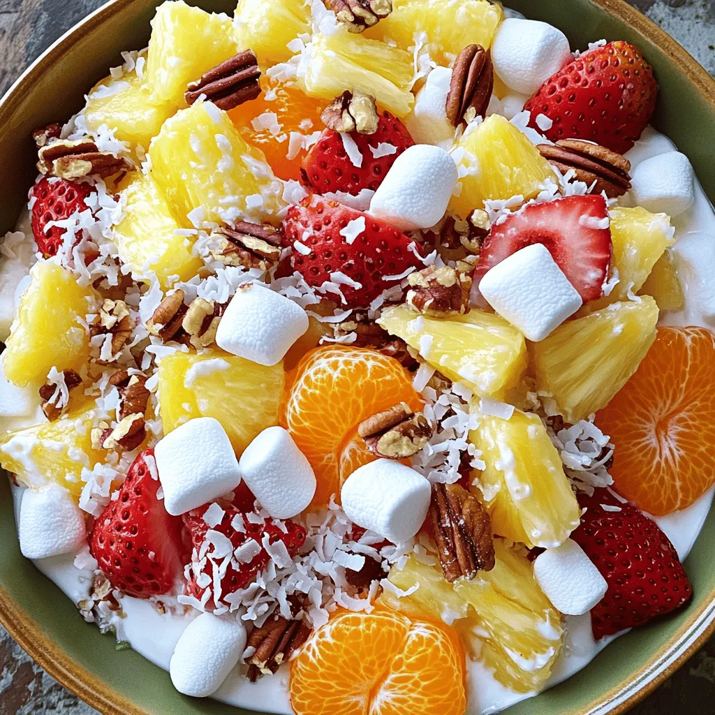 To make a delightful Ambrosia Salad, gather these key ingredients: - Mini marshmallows - Shredded sweetened coconut - Diced pineapple - Mandarin oranges - Halved strawberries - Greek yogurt - Sour cream - Honey - Vanilla extract - Chopped pecans or walnuts If you want to switch things up, try these alternatives: - Replace Greek yogurt with dairy-free yogurt or silken tofu. - Use coconut cream for a rich, dairy-free option. - Pick seasonal fruits like blueberries or peaches for fresh flavors. This salad is not just tasty, but also nutritious: - Approximately 150 calories per serving. - Rich in vitamin C and fiber. - It's gluten-free and vegetarian, making it a great choice for many diets. Making Ambrosia Salad takes about 15 minutes to prep and an hour to chill. You will need a large mixing bowl and a separate small bowl for mixing the yogurt. A spatula or spoon is also helpful for folding the ingredients together. 1. Mixing fruits and marshmallows: Start by taking a large mixing bowl. Add 1 cup of mini marshmallows, 1 cup of shredded coconut, 1 cup of diced pineapple, 1 cup of mandarin oranges, and 1 cup of halved strawberries. Gently toss these together until they mix well. 2. Preparing the yogurt mixture: In a small bowl, combine 1/2 cup of Greek yogurt, 1/2 cup of sour cream, 1 tablespoon of honey (if you want it sweeter), and 1/4 teaspoon of vanilla extract. Stir until the mixture is smooth and creamy. 3. Combining and chilling the salad: Pour the yogurt mixture over the fruit and marshmallow mix. Carefully fold it in, making sure the fruits are coated but not mashed. If you like, add 1/4 cup of chopped pecans or walnuts for extra crunch. Cover the bowl with plastic wrap and place it in the fridge for at least 1 hour. This chilling time lets the flavors blend and cools the salad. For serving, choose a clear glass bowl or individual cups to show off the colorful layers. Top each serving with a sprinkle of coconut or nuts for extra flair. Enjoy this delightful and refreshing Ambrosia Salad as a sweet treat or a fun side dish at your next gathering. To make your Ambrosia Salad really shine, chilling time is key. I recommend letting it chill for at least one hour. This time allows the flavors to blend well. The coolness also makes it refreshing. When you choose your fruit, avoid overly mushy pieces. Fresh fruits like strawberries and pineapple work best. If you use canned fruit, ensure it’s well-drained. This step helps keep your salad from becoming too wet. If you want to prepare your Ambrosia Salad ahead, it’s easy! Mix the fruit and yogurt just before serving. This keeps everything fresh and crunchy. Store your salad in an airtight container. Keep it in the fridge until you’re ready to serve. It will stay good for up to three days. Just remember, the longer it sits, the softer the fruit gets. Creative plating can make your Ambrosia Salad pop! Use clear bowls to show off the colorful layers. You can also serve them in small cups for individual servings. At parties, consider adding a sprig of mint on top for a touch of green. It makes the dish look fancy. Your friends will love it! {{image_2}} The classic Ambrosia Salad is a sweet mix of fruits and cream. It usually has: - Mini marshmallows - Shredded sweetened coconut - Diced pineapple - Mandarin oranges - Halved strawberries - Greek yogurt - Sour cream This recipe is simple and tasty. You can twist it for a modern touch. Try adding: - Fresh berries like blueberries or raspberries - Chopped apples for crunch - A splash of citrus juice for zing These twists can change the flavor and keep it fresh. You can make a low-sugar version of Ambrosia Salad. Use fresh fruits instead of sweetened ones. Swap Greek yogurt with: - Low-fat yogurt - Plain yogurt If you want a vegan option, use: - Coconut yogurt - Silken tofu for creaminess These options keep the taste while cutting calories. Adding unique fruits can make your Ambrosia Salad stand out. Here are some ideas: - Kiwi adds a tart flavor. - Mango brings a sweet tropical touch. - Pomegranate seeds offer crunch and color. You can also experiment with nuts and toppings. Consider: - Almonds for a light crunch - Sunflower seeds for a nut-free option Mixing flavors keeps every bite exciting and fun. Enjoy creating your own version! For the full recipe, check out the Tropical Ambrosia Delight. To keep your Ambrosia Salad fresh, store it in an airtight container. This helps prevent odors from other foods in your fridge. It is best to refrigerate the salad right after serving. Proper storage keeps the salad tasting great. The shelf life of Ambrosia Salad is about 3 to 5 days in the fridge. After that, the fruits may start to lose their texture. Always check for freshness before enjoying leftovers. You can freeze Ambrosia Salad, but some ingredients may change texture. If you want to freeze it, do so before adding fresh fruit. To freeze, place the salad in a freezer-safe container. Leave some space at the top for expansion. When ready to eat, thaw it in the fridge overnight. This helps keep the flavors intact. To tell if your Ambrosia Salad has gone bad, look for changes in color or texture. If the fruit looks mushy or discolored, it is best to discard it. A sour smell is also a sign that it is no longer safe to eat. Safety tips for food storage include checking the date you made the salad. Always use clean utensils when serving. This prevents bacteria from getting into your food. Ambrosia salad is a sweet, fruity dish. It has roots in the southern United States. Traditionally, it mixes fruits with creamy ingredients like yogurt and marshmallows. This dish often brings a sense of nostalgia, reminding many of family gatherings and potlucks. Yes, you can skip the marshmallows. You can use extra fruit instead. Chopped apples or berries add great texture. Some people like to use granola for crunch. This can give your salad a unique twist. You can keep Ambrosia salad for about 3 days in the fridge. Make sure to store it in an airtight container. To keep it fresh, avoid adding nuts until just before serving. You can add many fruits to Ambrosia salad. Here are some popular choices: - Bananas - Kiwi - Grapes - Blueberries - Peaches Mix and match based on your taste! Ambrosia salad can be both! Some serve it as a sweet dessert, while others use it as a side. It fits well at picnics, barbecues, and holiday meals. Its creamy texture and fruity flavor make it a crowd-pleaser. In this blog post, we explored the delicious world of Ambrosia Salad. We covered essential ingredients, substitutions, and nutritional tips. I shared step-by-step instructions and serving ideas to make it shine. You can personalize your salad with unique flavors and variations to make it truly yours. Remember, proper storage ensures freshness, and knowing when to throw it out keeps you safe. Ambrosia Salad is versatile, fun, and perfect for any occasion. Enjoy making it your way!