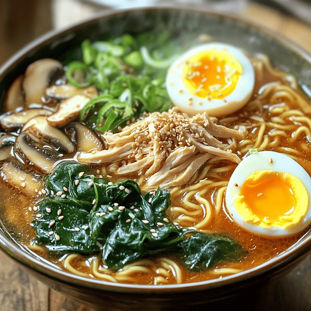 - <strong>Chicken</strong>: 2 boneless, skinless chicken thighs – <strong>Broth and Noodles</strong>: 4 cups chicken broth, 2 packs of instant ramen noodles (discard seasoning packet) – <strong>Aromatics and Spices</strong>: 1 tablespoon sesame oil, 1 tablespoon chili paste (adjust to taste), 2 cloves garlic (minced), 1 teaspoon ginger (grated) – <strong>Vegetables</strong>: 1 cup baby spinach, 1 cup sliced mushrooms (shiitake or button), 2 green onions (chopped) – <strong>Optional Toppings</strong>: 2 soft-boiled eggs, sesame seeds for garnish” /></p>
</p>
<h2>Variations</h2>
</p>
<h3>Vegetarian Version</h3>
<p>You can easily make a vegetarian version of fiery chicken ramen. Just substitute the chicken with tofu or tempeh. Both options soak up flavor well. Tofu has a soft texture, while tempeh offers a firmer bite.</p>
</p>
<p>For the broth, use vegetable broth instead of chicken broth. This keeps the taste rich while staying plant-based. You can add extra veggies, like carrots or bell peppers, for more color and nutrients.</p>
</p>
<h3>Korean Inspired Additions</h3>
<p>Want to spice it up? Try adding kimchi as a topping. It gives a tangy kick that pairs well with the broth. You can buy kimchi at the store or make your own.</p>
</p>
<p>For a Korean twist, use Korean noodles instead of instant ramen. They have a chewy texture and absorb the broth nicely. Look for noodles like udon or sweet potato noodles for a unique touch.</p>
</p>
<h3>Creamy Version</h3>
<p>If you prefer a creamy ramen, add coconut milk or cream to the broth. This creates a rich, smooth texture. Pour in about half a cup and stir well.</p>
</p>
<p>Adjust your cooking times for the noodles. Creamy broth may need a bit longer to cook down. Keep an eye on it to avoid overcooking. This version is perfect for those who love a rich taste.</p>
</p>
<p>For the full recipe, check out the detailed cooking steps above.</p>
</p>
<h2>Storage Info</h2>
</p>
<h3>Refrigeration Guidelines</h3>
</p>
<p>To store your leftover Fiery Chicken Ramen, first let it cool. Then, place it in an airtight container. This keeps the flavors fresh and safe. Your ramen lasts about 3 to 4 days in the fridge.</p>
</p>
<h3>Freezing Instructions</h3>
</p>
<p>If you want to freeze your ramen, it’s best to store the broth and noodles separately. This helps maintain texture. The broth can stay fresh in the freezer for about 2 to 3 months. For best results, use freezer-safe bags or containers.</p>
</p>
<p>When it’s time to eat, thaw the broth overnight in the fridge. Reheat it on the stove over medium heat. Cook the noodles in boiling water for a few minutes. Combine them both for a quick meal.</p>
</p>
<h3>Meal Prep Options</h3>
</p>
<p>Making the broth ahead of time is a great idea. You can store it in the fridge for up to 4 days. For longer storage, freeze it in portions.</p>
</p>
<p>When you prep your ramen, keep the parts separate. Store the chicken, veggies, and noodles apart. This keeps everything fresh. When ready to eat, just combine them in a pot with the broth and heat through. Enjoy your meal without losing flavor!</p>
</p>
<p>For more details on making this dish, check the Full Recipe.</p>
</p>
<h2>FAQs</h2>
</p>
<h3>Can I use different types of noodles?</h3>
<p>Yes, you can use many types of noodles. Instant ramen is quick and easy, but other options exist. You can try udon, soba, or rice noodles for a different texture. Each noodle type brings its own flavor. For example, udon noodles are thick and chewy. Soba provides a nutty taste. Rice noodles are light and soft. Just adjust cooking times based on the noodle type. Always cook noodles separately and add them to the broth. This keeps them from becoming too soggy.</p>
</p>
<h3>How do I make my ramen less spicy?</h3>
<p>To lower the spice level, you can adjust the chili paste. Start with a smaller amount, like half a tablespoon. Taste the broth before adding more. Adding coconut milk or cream can also help cool the heat. You can include more broth or water to dilute the spice. Adding sweetness can balance heat, too. Consider a touch of honey or sugar. Don’t forget to add more veggies or protein to fill out the dish without adding spice.</p>
</p>
<h3>What can I add for extra protein?</h3>
<p>Chicken is great, but you can add other proteins, too. Tofu is a fantastic option for a vegetarian twist. Tempeh is another great choice. It has a firmer texture and absorbs flavors well. Shrimp or beef can also work well in ramen. If you want even more protein, consider adding a soft-boiled egg. This adds creaminess and richness. You can also toss in edamame for a fun crunch.</p>
</p>
<p>This guide walked through making a delicious ramen dish, starting with ingredients. You learned how to cook chicken, make broth, and add veggies. We explored tips to balance heat and enhance flavor. Variations like a vegetarian option and creamy styles were shared too.</p>
</p>
<p>In conclusion, you have the tools needed to craft a tasty bowl of ramen. Enjoy experimenting with flavors and toppings to make it your own!</p>
<div id=