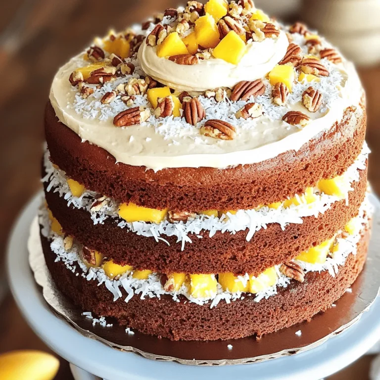 For a classic Hummingbird Cake, gather these simple ingredients: - 2 cups all-purpose flour - 1 ½ cups sugar - 1 teaspoon baking soda - ½ teaspoon salt - 1 teaspoon ground cinnamon - 1 cup vegetable oil - 3 large eggs, room temperature - 1 teaspoon vanilla extract - 1 ½ cups crushed ripe bananas (about 3 medium bananas) - 1 cup crushed pineapple, drained - 1 cup finely chopped pecans or walnuts - ½ cup shredded coconut (unsweetened) These ingredients create a moist cake full of flavor. The bananas and pineapple add sweetness and moisture. The nuts and coconut bring a delightful texture. To make the rich cream cheese frosting, you will need: - 8 oz cream cheese, softened - ½ cup unsalted butter, softened - 4 cups powdered sugar - 1 teaspoon vanilla extract - Chopped pecans or coconut for topping (optional) This frosting is creamy and sweet. It pairs perfectly with the fruity flavors of the cake. You can enhance your Hummingbird Cake by adding: - ½ cup of diced mango (for extra flavor) Adding mango gives a tropical twist. Feel free to experiment with other fruits, too! Each add-in will change the flavor and texture. Try different combinations to find your favorite. For the full recipe, refer to the detailed instructions. Start by mixing the dry ingredients. In a large bowl, add 2 cups of all-purpose flour, 1 ½ cups of sugar, 1 teaspoon of baking soda, ½ teaspoon of salt, and 1 teaspoon of ground cinnamon. Whisk these until they blend well. In another bowl, combine 1 cup of vegetable oil, 3 large eggs, and 1 teaspoon of vanilla extract. Beat this mixture until smooth. Next, slowly mix the wet ingredients into the dry ones. Stir gently until just combined. Now, add the fun flavors! Fold in 1 ½ cups of crushed ripe bananas, 1 cup of crushed pineapple (make sure it’s drained), 1 cup of finely chopped pecans or walnuts, and ½ cup of shredded coconut. If you want an extra kick, add ½ cup of diced mango. Now it’s time to bake! Preheat your oven to 350°F (175°C). Grease and flour two 9-inch round cake pans. Divide your batter evenly between the two pans. Bake them in the oven for about 25 to 30 minutes. To check if they are done, insert a toothpick in the center. If it comes out clean, they are ready. Once baked, let the cakes cool in the pans for 10 minutes. After that, carefully transfer them to a wire rack. Allow them to cool completely before frosting. For the cream cheese frosting, start by mixing 8 oz of softened cream cheese and ½ cup of softened unsalted butter in a bowl. Beat them together until creamy. Gradually add in 4 cups of powdered sugar. Then, add 1 teaspoon of vanilla extract. Beat this mixture until it becomes smooth and fluffy. When the cakes are cool, place one layer on a serving plate. Spread a nice layer of cream cheese frosting on top. Place the second layer on top and frost the entire cake with the remaining frosting. You can sprinkle some chopped pecans or shredded coconut on top for a lovely finish. Enjoy your delightful Hummingbird Cake! For the complete recipe, check the [Full Recipe]. To keep your hummingbird cake moist, use ripe bananas and fresh pineapple. They add natural sweetness and moisture. Make sure to drain the pineapple well. Extra liquid can make the cake soggy. Use room temperature eggs and oil for better mixing. This helps the batter come together smoothly. Another tip is to not overmix the batter. Mix just until combined to keep your cake light and fluffy. When it comes to decorating, cream cheese frosting is a must. Spread a thick layer on top and sides. For added flair, sprinkle chopped pecans or shredded coconut on top. You can even add edible flowers for a pop of color. For a tropical theme, place slices of fresh mango on top. This enhances the cake's flavor and looks stunning. Avoid using unripe bananas; they won’t give the cake the right taste. Also, don’t skip the baking soda. It helps the cake rise. Another mistake is not checking the cakes for doneness. Use a toothpick; if it comes out clean, your cake is ready. Lastly, let your cakes cool completely before frosting. This prevents the frosting from melting and sliding off. For the full recipe, check out the Tropical Hummingbird Cake section. {{image_2}} You can easily add a tropical twist to your hummingbird cake. Try adding diced mango for a burst of flavor. Fresh passion fruit can also bring a bright, zesty taste. Replace some bananas with ripe papaya for a fun change. These fruits blend well with the cake's sweetness. If you need a gluten-free cake, use gluten-free flour. Look for one that works in a 1:1 ratio with regular flour. You may also add a bit of almond flour for extra moisture. Ensure your baking soda is gluten-free too. This way, you can enjoy a tasty cake that fits your needs. To make a vegan hummingbird cake, swap eggs for flaxseed meal. Mix one tablespoon of flaxseed with three tablespoons of water. Let it sit until it thickens. Use a plant-based oil and coconut yogurt instead of cream cheese in the frosting. This makes a rich, creamy texture without using dairy. To keep your Hummingbird Cake fresh, store it in an airtight container. This helps keep moisture in and prevents it from drying out. You can also wrap it tightly in plastic wrap. If you plan to eat it within a few days, store it at room temperature. If not, refrigerate it to extend its life. You can freeze Hummingbird Cake for later enjoyment. First, let the cake cool completely. Then, wrap each layer in plastic wrap and foil. This will keep the cake fresh for up to three months. When you're ready to eat it, thaw the cake in the fridge overnight. When stored properly, Hummingbird Cake lasts about 3 to 5 days in the fridge. If it's at room temperature, aim to enjoy it within 2 to 3 days. Always check for any signs of spoilage before eating. For the best taste and texture, eat it fresh, but it still tastes great after storage! You can find the full recipe for this delightful treat and learn how to make it at home. Hummingbird Cake comes from the Southern United States. It first appeared in a Jamaican recipe in the 1960s. A popular fruit cake, it uses bananas and pineapple. Its sweet taste makes it a favorite at parties. People often serve it with cream cheese frosting. The cake is named after the hummingbird, which loves sweet nectar. Yes, you can definitely use fresh fruit! If you choose fresh fruit, it can add great flavor. Use ripe bananas and fresh pineapple for the best taste. Make sure to mash the bananas well. For the pineapple, chop it into small pieces. This swap keeps the cake moist and delicious. To boost flavor, think about adding spices. More cinnamon or nutmeg can enhance the cake. You might also add a splash of rum or coconut extract. Another great idea is to mix in extra fruit. Diced mango or even dried fruit can add a new layer. Adjust the sugar to keep it sweet but balanced. For the full recipe, check out the Tropical Hummingbird Cake section above! Hummingbird cake is a delightful blend of flavors. We explored its key ingredients, from traditional components to tasty add-ins. You learned how to bake the cake and whip up cream cheese frosting. I shared tips to keep your cake moist and added simple decorating ideas. You also discovered variations like gluten-free and vegan options. In summary, this cake is versatile and fun to make. Enjoy creating your own version and share it with family and friends. Hummingbird cake will surely impress everyone!
