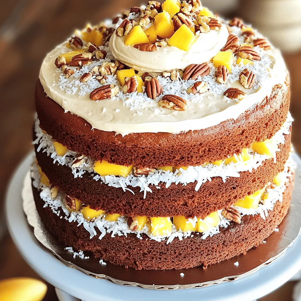 For a classic Hummingbird Cake, gather these simple ingredients: - 2 cups all-purpose flour - 1 ½ cups sugar - 1 teaspoon baking soda - ½ teaspoon salt - 1 teaspoon ground cinnamon - 1 cup vegetable oil - 3 large eggs, room temperature - 1 teaspoon vanilla extract - 1 ½ cups crushed ripe bananas (about 3 medium bananas) - 1 cup crushed pineapple, drained - 1 cup finely chopped pecans or walnuts - ½ cup shredded coconut (unsweetened) These ingredients create a moist cake full of flavor. The bananas and pineapple add sweetness and moisture. The nuts and coconut bring a delightful texture. To make the rich cream cheese frosting, you will need: - 8 oz cream cheese, softened - ½ cup unsalted butter, softened - 4 cups powdered sugar - 1 teaspoon vanilla extract - Chopped pecans or coconut for topping (optional) This frosting is creamy and sweet. It pairs perfectly with the fruity flavors of the cake. You can enhance your Hummingbird Cake by adding: - ½ cup of diced mango (for extra flavor) Adding mango gives a tropical twist. Feel free to experiment with other fruits, too! Each add-in will change the flavor and texture. Try different combinations to find your favorite. For the full recipe, refer to the detailed instructions. Start by mixing the dry ingredients. In a large bowl, add 2 cups of all-purpose flour, 1 ½ cups of sugar, 1 teaspoon of baking soda, ½ teaspoon of salt, and 1 teaspoon of ground cinnamon. Whisk these until they blend well. In another bowl, combine 1 cup of vegetable oil, 3 large eggs, and 1 teaspoon of vanilla extract. Beat this mixture until smooth. Next, slowly mix the wet ingredients into the dry ones. Stir gently until just combined. Now, add the fun flavors! Fold in 1 ½ cups of crushed ripe bananas, 1 cup of crushed pineapple (make sure it’s drained), 1 cup of finely chopped pecans or walnuts, and ½ cup of shredded coconut. If you want an extra kick, add ½ cup of diced mango. Now it’s time to bake! Preheat your oven to 350°F (175°C). Grease and flour two 9-inch round cake pans. Divide your batter evenly between the two pans. Bake them in the oven for about 25 to 30 minutes. To check if they are done, insert a toothpick in the center. If it comes out clean, they are ready. Once baked, let the cakes cool in the pans for 10 minutes. After that, carefully transfer them to a wire rack. Allow them to cool completely before frosting. For the cream cheese frosting, start by mixing 8 oz of softened cream cheese and ½ cup of softened unsalted butter in a bowl. Beat them together until creamy. Gradually add in 4 cups of powdered sugar. Then, add 1 teaspoon of vanilla extract. Beat this mixture until it becomes smooth and fluffy. When the cakes are cool, place one layer on a serving plate. Spread a nice layer of cream cheese frosting on top. Place the second layer on top and frost the entire cake with the remaining frosting. You can sprinkle some chopped pecans or shredded coconut on top for a lovely finish. Enjoy your delightful Hummingbird Cake! For the complete recipe, check the [Full Recipe]. To keep your hummingbird cake moist, use ripe bananas and fresh pineapple. They add natural sweetness and moisture. Make sure to drain the pineapple well. Extra liquid can make the cake soggy. Use room temperature eggs and oil for better mixing. This helps the batter come together smoothly. Another tip is to not overmix the batter. Mix just until combined to keep your cake light and fluffy. When it comes to decorating, cream cheese frosting is a must. Spread a thick layer on top and sides. For added flair, sprinkle chopped pecans or shredded coconut on top. You can even add edible flowers for a pop of color. For a tropical theme, place slices of fresh mango on top. This enhances the cake's flavor and looks stunning. Avoid using unripe bananas; they won’t give the cake the right taste. Also, don’t skip the baking soda. It helps the cake rise. Another mistake is not checking the cakes for doneness. Use a toothpick; if it comes out clean, your cake is ready. Lastly, let your cakes cool completely before frosting. This prevents the frosting from melting and sliding off. For the full recipe, check out the Tropical Hummingbird Cake section. {{image_2}} You can easily add a tropical twist to your hummingbird cake. Try adding diced mango for a burst of flavor. Fresh passion fruit can also bring a bright, zesty taste. Replace some bananas with ripe papaya for a fun change. These fruits blend well with the cake's sweetness. If you need a gluten-free cake, use gluten-free flour. Look for one that works in a 1:1 ratio with regular flour. You may also add a bit of almond flour for extra moisture. Ensure your baking soda is gluten-free too. This way, you can enjoy a tasty cake that fits your needs. To make a vegan hummingbird cake, swap eggs for flaxseed meal. Mix one tablespoon of flaxseed with three tablespoons of water. Let it sit until it thickens. Use a plant-based oil and coconut yogurt instead of cream cheese in the frosting. This makes a rich, creamy texture without using dairy. To keep your Hummingbird Cake fresh, store it in an airtight container. This helps keep moisture in and prevents it from drying out. You can also wrap it tightly in plastic wrap. If you plan to eat it within a few days, store it at room temperature. If not, refrigerate it to extend its life. You can freeze Hummingbird Cake for later enjoyment. First, let the cake cool completely. Then, wrap each layer in plastic wrap and foil. This will keep the cake fresh for up to three months. When you're ready to eat it, thaw the cake in the fridge overnight. When stored properly, Hummingbird Cake lasts about 3 to 5 days in the fridge. If it's at room temperature, aim to enjoy it within 2 to 3 days. Always check for any signs of spoilage before eating. For the best taste and texture, eat it fresh, but it still tastes great after storage! You can find the full recipe for this delightful treat and learn how to make it at home. Hummingbird Cake comes from the Southern United States. It first appeared in a Jamaican recipe in the 1960s. A popular fruit cake, it uses bananas and pineapple. Its sweet taste makes it a favorite at parties. People often serve it with cream cheese frosting. The cake is named after the hummingbird, which loves sweet nectar. Yes, you can definitely use fresh fruit! If you choose fresh fruit, it can add great flavor. Use ripe bananas and fresh pineapple for the best taste. Make sure to mash the bananas well. For the pineapple, chop it into small pieces. This swap keeps the cake moist and delicious. To boost flavor, think about adding spices. More cinnamon or nutmeg can enhance the cake. You might also add a splash of rum or coconut extract. Another great idea is to mix in extra fruit. Diced mango or even dried fruit can add a new layer. Adjust the sugar to keep it sweet but balanced. For the full recipe, check out the Tropical Hummingbird Cake section above! Hummingbird cake is a delightful blend of flavors. We explored its key ingredients, from traditional components to tasty add-ins. You learned how to bake the cake and whip up cream cheese frosting. I shared tips to keep your cake moist and added simple decorating ideas. You also discovered variations like gluten-free and vegan options. In summary, this cake is versatile and fun to make. Enjoy creating your own version and share it with family and friends. Hummingbird cake will surely impress everyone!