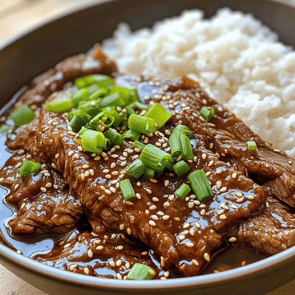 To make Mongolian beef, you need a few key ingredients. Here’s what you will need: - 1 lb flank steak, cut into thin strips - 1 cup soy sauce - 1/2 cup brown sugar - 2 cloves garlic, minced - 1-inch piece ginger, grated - 2 green onions, chopped (separate white and green parts) - 1 tablespoon cornstarch - 2 tablespoons vegetable oil - 1 tablespoon sesame oil - 1/2 teaspoon red pepper flakes (optional) - Steamed rice or noodles, for serving These ingredients create a delicious and savory flavor. The flank steak works well because it cooks quickly and stays tender. You can add some optional ingredients to make your dish even tastier. Consider these: - Red pepper flakes for heat - Bell peppers for extra crunch - Broccoli for added nutrition These additions can enhance the dish and give it a personal touch. Feel free to mix and match based on what you have at home. If you can’t find some ingredients, don’t worry! Here are some substitutes: - Use sirloin or ribeye instead of flank steak for a different taste. - Honey can replace brown sugar if you prefer a healthier sweetener. - Use tamari as a gluten-free option for soy sauce. - Fresh ginger can be swapped with ground ginger in a pinch. These substitutes will still give you a great flavor. With these ingredients, you can make Mongolian beef that is both savory and simple. For the full recipe, check out the details above. To start, you need to marinate the beef. Grab a medium bowl and mix together these ingredients: - 1 cup soy sauce - 1/2 cup brown sugar - 2 cloves garlic, minced - 1-inch piece ginger, grated - Chopped white parts of 2 green onions Add the flank steak strips to this mix. Stir it well so the beef gets coated. Let it sit for at least 30 minutes. This step makes the beef tender and flavorful. Next, heat a large skillet or wok over medium-high heat. Pour in 2 tablespoons of vegetable oil. Once the oil is hot, add the marinated beef. Don't forget to save the marinade for later! Cook the beef for about 3-4 minutes. You want it browned and cooked through. After that, remove the beef from the pan and set it aside on a plate. In the same skillet, add the saved marinade and bring it to a simmer. This will help build depth in flavor. In a small bowl, mix 1 tablespoon of cornstarch with 2 tablespoons of water to make a slurry. Stir this slurry into the simmering sauce. Cook it for 2-3 minutes until the sauce thickens. Now, return the beef to the skillet. Toss it well to coat the beef in the thickened sauce. For an extra layer of flavor, stir in 1 tablespoon of sesame oil and, if you like, 1/2 teaspoon of red pepper flakes. This adds a nice touch of spice! Just before serving, toss in the green parts of the green onions. This adds freshness and color. Now you’re ready to serve your Mongolian beef over steamed rice or noodles, drizzling some extra sauce on top. Enjoy a meal that tastes gourmet but is simple to make! For the full recipe, check out the details above. To make your Mongolian beef shine, focus on the marinade. Use fresh garlic and ginger. They add a lot of flavor. Marinate the beef for at least 30 minutes. This step is key for tender meat. If you have time, marinate it longer. The longer, the better! For a smoother sauce, mix the cornstarch with water well. This prevents lumps in your sauce. When you simmer the sauce, keep stirring. This helps the flavors blend nicely. When cooking the beef, use high heat. This gives nice browning. Sear the meat in small batches. Crowding the pan makes it steam instead of sear. Once the beef is cooked, remove it right away. This keeps it juicy. Add the beef back to the pan only when the sauce is ready. This helps keep it tender. If you prefer, slice the beef against the grain. This makes it even softer to chew. One mistake is not marinating long enough. Give your beef enough time to soak in flavors. Another common error is using low heat. This can make the beef tough. Be careful with the cornstarch slurry. If you add it too quickly, your sauce may clump. Always stir it in slowly. Lastly, avoid overcooking the beef. It should be just right, not dry. These tips will help you create a delicious Mongolian beef dish. For the full recipe, check the earlier sections! {{image_2}} If you like heat, try spicy Mongolian beef. To add spice, mix in red pepper flakes with the sauce. You can also add sliced fresh chili peppers. These will give your dish a nice kick. Adjust the amount to suit your taste. More heat means more flavor! You can make a tasty vegetarian version of Mongolian beef. Use tofu or seitan as your protein. Both options soak up the sauce well. Replace flank steak with these ingredients in the marinade. Cook them the same way as the beef. You’ll still enjoy that rich flavor without meat! Adding vegetables is a simple way to make your Mongolian beef more colorful and healthy. Try bell peppers, broccoli, or snap peas. Slice them thin and toss them in the skillet with the beef. Cook until they are just tender. This adds crunch and vitamins to your meal. You can also mix in carrots for a hint of sweetness. For the full recipe, check the [Full Recipe]. Store your Mongolian beef in an airtight container. Let it cool to room temperature first. This helps keep the meat tender. Place the container in the fridge. It will last for about 3 to 4 days. If you want to keep it longer, freezing is a good option. When reheating, the goal is to keep the beef juicy. You can use a skillet for this. Heat it over medium heat. Add a splash of water or broth to keep it moist. Stir often to heat evenly. You can also use a microwave. Place the beef in a microwave-safe dish. Add a little water, cover it, and heat in short bursts. This will prevent it from drying out. Freezing Mongolian beef is easy. First, allow it to cool completely. Then, place it in a freezer-safe bag. Make sure to remove as much air as possible. Label the bag with the date. Frozen, it will last for up to 3 months. When you are ready to eat it, thaw it overnight in the fridge. Reheat it as described above for the best taste. The best cut of beef for Mongolian Beef is flank steak. Flank steak has a great flavor and is tender when cooked right. It’s thin, which helps it absorb the marinade well. If you can’t find flank steak, you can use sirloin or ribeye. Both cuts will give you a tasty dish. Yes, you can make Mongolian Beef ahead of time. You can marinate the beef for up to 24 hours. This adds more flavor. After cooking, let it cool and store it in the fridge. It will keep for about three days. Just reheat it on the stove or in the microwave when you are ready to eat. Mongolian Beef is sweeter and has a thicker sauce than many other stir-fries. It uses a soy sauce and brown sugar mix. Other stir-fries might use more vegetables and lighter sauces. The focus in Mongolian Beef is on the beef and sauce. This makes it a unique dish that stands out in flavor. You can find the full recipe for Mongolian Beef in the earlier sections. Mongolian beef is a tasty dish made from simple ingredients. We covered what to use and how to cook it. I shared tips to make your beef tender and flavorful. Remember to try variations like spicy or vegetarian options. Store leftovers safely for later meals. With this guide, you can enjoy great Mongolian beef at home. Happy cooking!