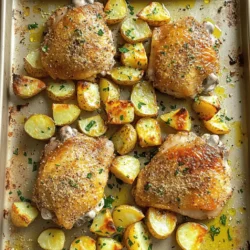 - 4 boneless, skinless chicken thighs - 4 medium potatoes, diced into cubes - 1/2 cup grated Parmesan cheese - 4 cloves garlic, minced - 2 tablespoons olive oil - 1 teaspoon dried oregano - 1 teaspoon dried thyme - 1 teaspoon garlic powder - Salt and pepper to taste - Fresh parsley for garnish Let’s dive into these ingredients. First, we have the chicken. I prefer boneless, skinless thighs. They are juicy and tender. Next, we have potatoes. Dicing them into cubes helps them cook evenly. The grated Parmesan cheese adds a rich flavor. For seasonings, we use fresh garlic. It brings a punch of flavor. Olive oil helps the spices stick to everything. Oregano and thyme add depth. Garlic powder enhances the garlic taste. Don't forget salt and pepper for balance. Lastly, fresh parsley adds a pop of color. It makes the dish look nice. You can find the full recipe linked above to get all the details. - Preheat the oven to 425°F (220°C). - In a bowl, mix olive oil, minced garlic, oregano, thyme, garlic powder, salt, and pepper. This makes a tasty marinade. Add the chicken thighs. Make sure they are covered well. Let them sit for about 15 minutes to soak in the flavor. - Take your diced potatoes and put them in a separate bowl. Toss them with olive oil, salt, pepper, and a sprinkle of garlic powder. This will give them great taste and help them cook nicely. - On a large baking sheet, lay out the marinated chicken thighs. Scatter the seasoned potatoes around them. Make sure they are not piled on top of each other. This helps everything cook evenly. - Bake the dish in the preheated oven for 25 minutes. After this time, take it out and sprinkle the grated Parmesan cheese over the chicken and potatoes. - Return the baking sheet to the oven. Bake for another 10-15 minutes. Check that the chicken is cooked through. The internal temperature should be 165°F (74°C). The potatoes should look golden and crispy. For the full recipe, check the details above. Enjoy this delightful meal! To keep your chicken juicy, marinate it well. This recipe calls for a mix of olive oil, garlic, and herbs. Marinate for at least 15 minutes. This step allows the flavors to soak in and makes the chicken tender. For golden, crispy potatoes, cut them into even cubes. Toss them with olive oil, salt, and pepper. You can add more garlic powder for extra flavor. Bake them until they turn crispy on the outside. Pair this dish with a simple salad or steamed veggies. A light white wine, like Sauvignon Blanc, works great with the flavors. You can also serve iced tea for a refreshing drink. For the full recipe, check out the details above. {{image_2}} You can use different cuts of chicken for this dish. Boneless chicken thighs work well for tender meat. If you prefer breasts, they can also be used. Drumsticks offer a fun option too. Each cut adds its own flavor and texture. For cheese, you can change things up too. While Parmesan gives a nice salty touch, try mozzarella for a creamy bite. Feta brings a tangy twist. Each cheese creates a unique taste. Adding vegetables can make this dish even better. Bell peppers add sweetness and crunch. Carrots provide a nice color and a slight earthiness. Toss them in with the potatoes for extra flavor. If you enjoy spice, add red pepper flakes. They add a kick to the chicken and potatoes. You can adjust the amount based on your taste. This small change can elevate your meal. You can make this dish in different ways. An air fryer cooks the chicken and potatoes quickly. It makes them crispy without much oil. Just adjust the cooking time to about 20-25 minutes. An Instant Pot is another option. It keeps the chicken moist and tender. Cook on high pressure for about 10 minutes, then add the potatoes for 5 more minutes. Both methods offer quick and tasty meals. For the full recipe, check the section above! To keep your Garlic Parmesan Chicken and Potatoes fresh, use proper storage techniques. First, let the dish cool to room temperature. Then, transfer it to an airtight container. This helps prevent moisture loss and keeps flavors intact. Store it in the fridge for up to three days. If you notice any off smells, it’s best to discard it. For longer storage, you can freeze this dish. Cut the chicken and potatoes into smaller pieces. Place them in a freezer-safe container or a heavy-duty freezer bag. Make sure to remove as much air as possible. This will help prevent freezer burn. You can freeze it for up to three months. When ready to eat, thaw it overnight in the fridge. Reheat in the oven at 350°F (175°C) until warm, about 20-30 minutes. This method keeps the flavors rich and the texture nice. Meal prep makes weeknight dinners simpler. You can marinate the chicken and chop the potatoes a day ahead. Store them in the fridge until you are ready to cook. This cuts down on prep time when you're busy. If you have leftovers, get creative! Use the chicken and potatoes in a stir-fry or toss them in a salad. They can also be turned into a tasty wrap for lunch the next day. Garlic Parmesan Chicken and Potatoes shines with its rich flavors. The garlic brings a warm, savory taste. The Parmesan adds a creamy, salty kick. Together, they create a mouthwatering blend. The crispy potatoes soak up the juices, adding texture. This dish satisfies all ages, making it a hit at the dinner table. Yes, you can easily make this dish gluten-free. Simply ensure that the Parmesan cheese is labeled gluten-free. The other ingredients, like olive oil and herbs, are already gluten-free. This way, everyone can enjoy this tasty meal without worry. To check if the chicken is done, use a meat thermometer. The internal temperature should reach 165°F (74°C). Look for clear juices when you cut into the chicken. If the juices run pink, it needs more time. These steps ensure that you serve safe, delicious chicken. Absolutely! You can swap herbs based on your taste. For a fresh twist, try basil or rosemary. If you like heat, add a pinch of red pepper flakes. Mixing herbs lets you personalize the dish and keep it exciting. This blog covered a tasty recipe for Garlic Parmesan Chicken and Potatoes. You learned about the key ingredients, like chicken thighs, potatoes, and Parmesan cheese. The step-by-step instructions helped guide you through cooking and seasoning. Tips for juicy chicken and crispy potatoes were shared, along with cooking variations and storage tips. Remember, cooking can be fun and creative. Don’t hesitate to experiment with flavors and ingredients to make this dish your own! Enjoy your meal.