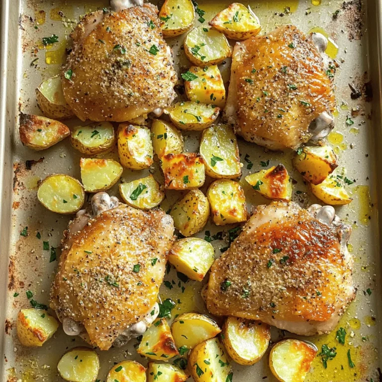 - 4 boneless, skinless chicken thighs - 4 medium potatoes, diced into cubes - 1/2 cup grated Parmesan cheese - 4 cloves garlic, minced - 2 tablespoons olive oil - 1 teaspoon dried oregano - 1 teaspoon dried thyme - 1 teaspoon garlic powder - Salt and pepper to taste - Fresh parsley for garnish Let’s dive into these ingredients. First, we have the chicken. I prefer boneless, skinless thighs. They are juicy and tender. Next, we have potatoes. Dicing them into cubes helps them cook evenly. The grated Parmesan cheese adds a rich flavor. For seasonings, we use fresh garlic. It brings a punch of flavor. Olive oil helps the spices stick to everything. Oregano and thyme add depth. Garlic powder enhances the garlic taste. Don't forget salt and pepper for balance. Lastly, fresh parsley adds a pop of color. It makes the dish look nice. You can find the full recipe linked above to get all the details. - Preheat the oven to 425°F (220°C). - In a bowl, mix olive oil, minced garlic, oregano, thyme, garlic powder, salt, and pepper. This makes a tasty marinade. Add the chicken thighs. Make sure they are covered well. Let them sit for about 15 minutes to soak in the flavor. - Take your diced potatoes and put them in a separate bowl. Toss them with olive oil, salt, pepper, and a sprinkle of garlic powder. This will give them great taste and help them cook nicely. - On a large baking sheet, lay out the marinated chicken thighs. Scatter the seasoned potatoes around them. Make sure they are not piled on top of each other. This helps everything cook evenly. - Bake the dish in the preheated oven for 25 minutes. After this time, take it out and sprinkle the grated Parmesan cheese over the chicken and potatoes. - Return the baking sheet to the oven. Bake for another 10-15 minutes. Check that the chicken is cooked through. The internal temperature should be 165°F (74°C). The potatoes should look golden and crispy. For the full recipe, check the details above. Enjoy this delightful meal! To keep your chicken juicy, marinate it well. This recipe calls for a mix of olive oil, garlic, and herbs. Marinate for at least 15 minutes. This step allows the flavors to soak in and makes the chicken tender. For golden, crispy potatoes, cut them into even cubes. Toss them with olive oil, salt, and pepper. You can add more garlic powder for extra flavor. Bake them until they turn crispy on the outside. Pair this dish with a simple salad or steamed veggies. A light white wine, like Sauvignon Blanc, works great with the flavors. You can also serve iced tea for a refreshing drink. For the full recipe, check out the details above. {{image_2}} You can use different cuts of chicken for this dish. Boneless chicken thighs work well for tender meat. If you prefer breasts, they can also be used. Drumsticks offer a fun option too. Each cut adds its own flavor and texture. For cheese, you can change things up too. While Parmesan gives a nice salty touch, try mozzarella for a creamy bite. Feta brings a tangy twist. Each cheese creates a unique taste. Adding vegetables can make this dish even better. Bell peppers add sweetness and crunch. Carrots provide a nice color and a slight earthiness. Toss them in with the potatoes for extra flavor. If you enjoy spice, add red pepper flakes. They add a kick to the chicken and potatoes. You can adjust the amount based on your taste. This small change can elevate your meal. You can make this dish in different ways. An air fryer cooks the chicken and potatoes quickly. It makes them crispy without much oil. Just adjust the cooking time to about 20-25 minutes. An Instant Pot is another option. It keeps the chicken moist and tender. Cook on high pressure for about 10 minutes, then add the potatoes for 5 more minutes. Both methods offer quick and tasty meals. For the full recipe, check the section above! To keep your Garlic Parmesan Chicken and Potatoes fresh, use proper storage techniques. First, let the dish cool to room temperature. Then, transfer it to an airtight container. This helps prevent moisture loss and keeps flavors intact. Store it in the fridge for up to three days. If you notice any off smells, it’s best to discard it. For longer storage, you can freeze this dish. Cut the chicken and potatoes into smaller pieces. Place them in a freezer-safe container or a heavy-duty freezer bag. Make sure to remove as much air as possible. This will help prevent freezer burn. You can freeze it for up to three months. When ready to eat, thaw it overnight in the fridge. Reheat in the oven at 350°F (175°C) until warm, about 20-30 minutes. This method keeps the flavors rich and the texture nice. Meal prep makes weeknight dinners simpler. You can marinate the chicken and chop the potatoes a day ahead. Store them in the fridge until you are ready to cook. This cuts down on prep time when you're busy. If you have leftovers, get creative! Use the chicken and potatoes in a stir-fry or toss them in a salad. They can also be turned into a tasty wrap for lunch the next day. Garlic Parmesan Chicken and Potatoes shines with its rich flavors. The garlic brings a warm, savory taste. The Parmesan adds a creamy, salty kick. Together, they create a mouthwatering blend. The crispy potatoes soak up the juices, adding texture. This dish satisfies all ages, making it a hit at the dinner table. Yes, you can easily make this dish gluten-free. Simply ensure that the Parmesan cheese is labeled gluten-free. The other ingredients, like olive oil and herbs, are already gluten-free. This way, everyone can enjoy this tasty meal without worry. To check if the chicken is done, use a meat thermometer. The internal temperature should reach 165°F (74°C). Look for clear juices when you cut into the chicken. If the juices run pink, it needs more time. These steps ensure that you serve safe, delicious chicken. Absolutely! You can swap herbs based on your taste. For a fresh twist, try basil or rosemary. If you like heat, add a pinch of red pepper flakes. Mixing herbs lets you personalize the dish and keep it exciting. This blog covered a tasty recipe for Garlic Parmesan Chicken and Potatoes. You learned about the key ingredients, like chicken thighs, potatoes, and Parmesan cheese. The step-by-step instructions helped guide you through cooking and seasoning. Tips for juicy chicken and crispy potatoes were shared, along with cooking variations and storage tips. Remember, cooking can be fun and creative. Don’t hesitate to experiment with flavors and ingredients to make this dish your own! Enjoy your meal.