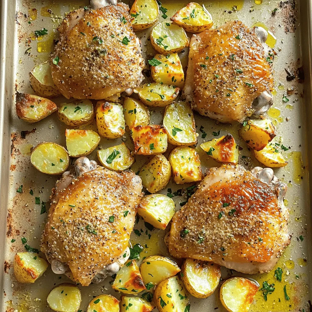 - 4 boneless, skinless chicken thighs - 4 medium potatoes, diced into cubes - 1/2 cup grated Parmesan cheese - 4 cloves garlic, minced - 2 tablespoons olive oil - 1 teaspoon dried oregano - 1 teaspoon dried thyme - 1 teaspoon garlic powder - Salt and pepper to taste - Fresh parsley for garnish Let’s dive into these ingredients. First, we have the chicken. I prefer boneless, skinless thighs. They are juicy and tender. Next, we have potatoes. Dicing them into cubes helps them cook evenly. The grated Parmesan cheese adds a rich flavor. For seasonings, we use fresh garlic. It brings a punch of flavor. Olive oil helps the spices stick to everything. Oregano and thyme add depth. Garlic powder enhances the garlic taste. Don't forget salt and pepper for balance. Lastly, fresh parsley adds a pop of color. It makes the dish look nice. You can find the full recipe linked above to get all the details. - Preheat the oven to 425°F (220°C). - In a bowl, mix olive oil, minced garlic, oregano, thyme, garlic powder, salt, and pepper. This makes a tasty marinade. Add the chicken thighs. Make sure they are covered well. Let them sit for about 15 minutes to soak in the flavor. - Take your diced potatoes and put them in a separate bowl. Toss them with olive oil, salt, pepper, and a sprinkle of garlic powder. This will give them great taste and help them cook nicely. - On a large baking sheet, lay out the marinated chicken thighs. Scatter the seasoned potatoes around them. Make sure they are not piled on top of each other. This helps everything cook evenly. - Bake the dish in the preheated oven for 25 minutes. After this time, take it out and sprinkle the grated Parmesan cheese over the chicken and potatoes. - Return the baking sheet to the oven. Bake for another 10-15 minutes. Check that the chicken is cooked through. The internal temperature should be 165°F (74°C). The potatoes should look golden and crispy. For the full recipe, check the details above. Enjoy this delightful meal! To keep your chicken juicy, marinate it well. This recipe calls for a mix of olive oil, garlic, and herbs. Marinate for at least 15 minutes. This step allows the flavors to soak in and makes the chicken tender. For golden, crispy potatoes, cut them into even cubes. Toss them with olive oil, salt, and pepper. You can add more garlic powder for extra flavor. Bake them until they turn crispy on the outside. Pair this dish with a simple salad or steamed veggies. A light white wine, like Sauvignon Blanc, works great with the flavors. You can also serve iced tea for a refreshing drink. For the full recipe, check out the details above. {{image_2}} You can use different cuts of chicken for this dish. Boneless chicken thighs work well for tender meat. If you prefer breasts, they can also be used. Drumsticks offer a fun option too. Each cut adds its own flavor and texture. For cheese, you can change things up too. While Parmesan gives a nice salty touch, try mozzarella for a creamy bite. Feta brings a tangy twist. Each cheese creates a unique taste. Adding vegetables can make this dish even better. Bell peppers add sweetness and crunch. Carrots provide a nice color and a slight earthiness. Toss them in with the potatoes for extra flavor. If you enjoy spice, add red pepper flakes. They add a kick to the chicken and potatoes. You can adjust the amount based on your taste. This small change can elevate your meal. You can make this dish in different ways. An air fryer cooks the chicken and potatoes quickly. It makes them crispy without much oil. Just adjust the cooking time to about 20-25 minutes. An Instant Pot is another option. It keeps the chicken moist and tender. Cook on high pressure for about 10 minutes, then add the potatoes for 5 more minutes. Both methods offer quick and tasty meals. For the full recipe, check the section above! To keep your Garlic Parmesan Chicken and Potatoes fresh, use proper storage techniques. First, let the dish cool to room temperature. Then, transfer it to an airtight container. This helps prevent moisture loss and keeps flavors intact. Store it in the fridge for up to three days. If you notice any off smells, it’s best to discard it. For longer storage, you can freeze this dish. Cut the chicken and potatoes into smaller pieces. Place them in a freezer-safe container or a heavy-duty freezer bag. Make sure to remove as much air as possible. This will help prevent freezer burn. You can freeze it for up to three months. When ready to eat, thaw it overnight in the fridge. Reheat in the oven at 350°F (175°C) until warm, about 20-30 minutes. This method keeps the flavors rich and the texture nice. Meal prep makes weeknight dinners simpler. You can marinate the chicken and chop the potatoes a day ahead. Store them in the fridge until you are ready to cook. This cuts down on prep time when you're busy. If you have leftovers, get creative! Use the chicken and potatoes in a stir-fry or toss them in a salad. They can also be turned into a tasty wrap for lunch the next day. Garlic Parmesan Chicken and Potatoes shines with its rich flavors. The garlic brings a warm, savory taste. The Parmesan adds a creamy, salty kick. Together, they create a mouthwatering blend. The crispy potatoes soak up the juices, adding texture. This dish satisfies all ages, making it a hit at the dinner table. Yes, you can easily make this dish gluten-free. Simply ensure that the Parmesan cheese is labeled gluten-free. The other ingredients, like olive oil and herbs, are already gluten-free. This way, everyone can enjoy this tasty meal without worry. To check if the chicken is done, use a meat thermometer. The internal temperature should reach 165°F (74°C). Look for clear juices when you cut into the chicken. If the juices run pink, it needs more time. These steps ensure that you serve safe, delicious chicken. Absolutely! You can swap herbs based on your taste. For a fresh twist, try basil or rosemary. If you like heat, add a pinch of red pepper flakes. Mixing herbs lets you personalize the dish and keep it exciting. This blog covered a tasty recipe for Garlic Parmesan Chicken and Potatoes. You learned about the key ingredients, like chicken thighs, potatoes, and Parmesan cheese. The step-by-step instructions helped guide you through cooking and seasoning. Tips for juicy chicken and crispy potatoes were shared, along with cooking variations and storage tips. Remember, cooking can be fun and creative. Don’t hesitate to experiment with flavors and ingredients to make this dish your own! Enjoy your meal.