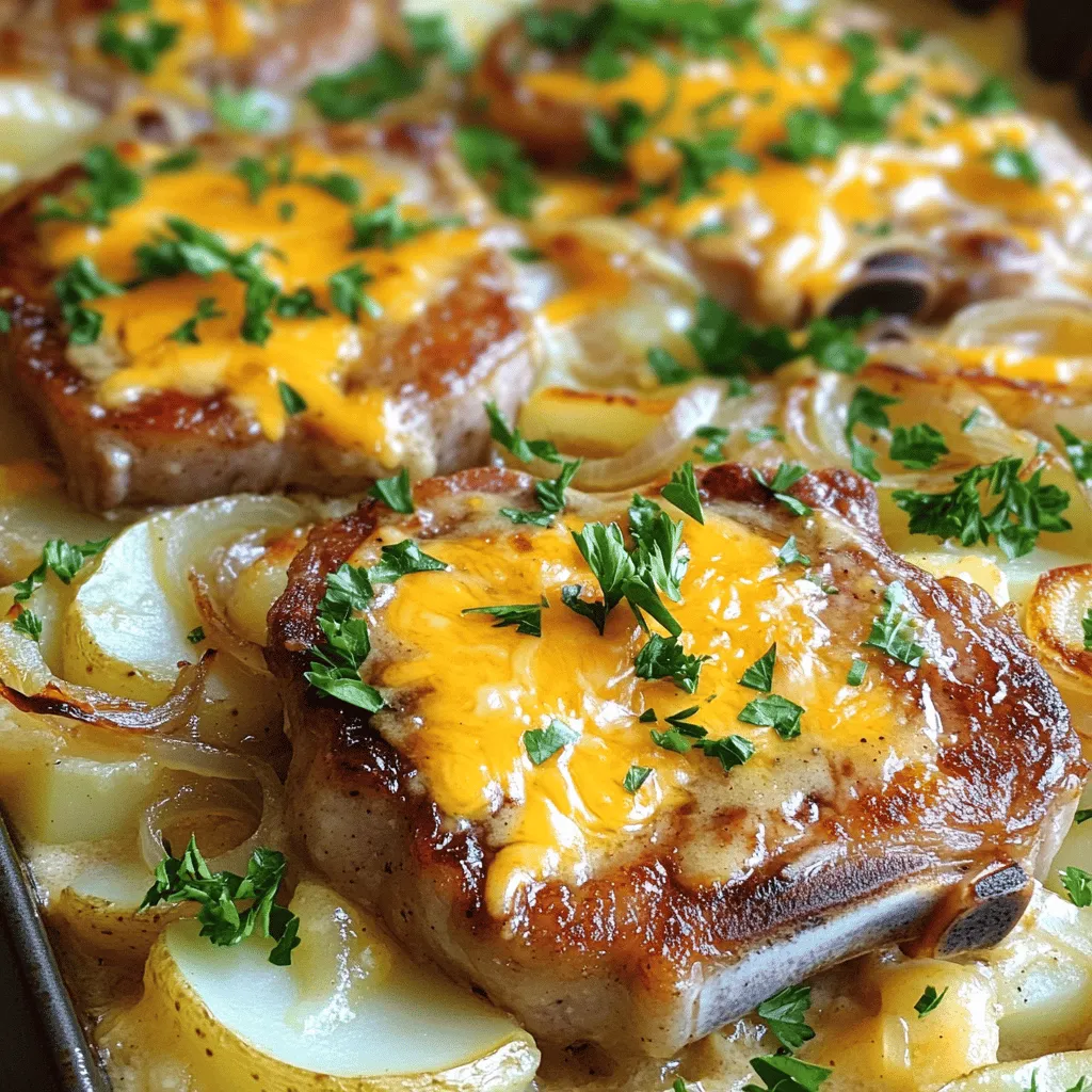 - 4 bone-in pork chops (about 1-inch thick) - 4 large russet potatoes (thinly sliced) - 1 large onion (thinly sliced) - 3 cloves garlic (minced) - 1 cup heavy cream