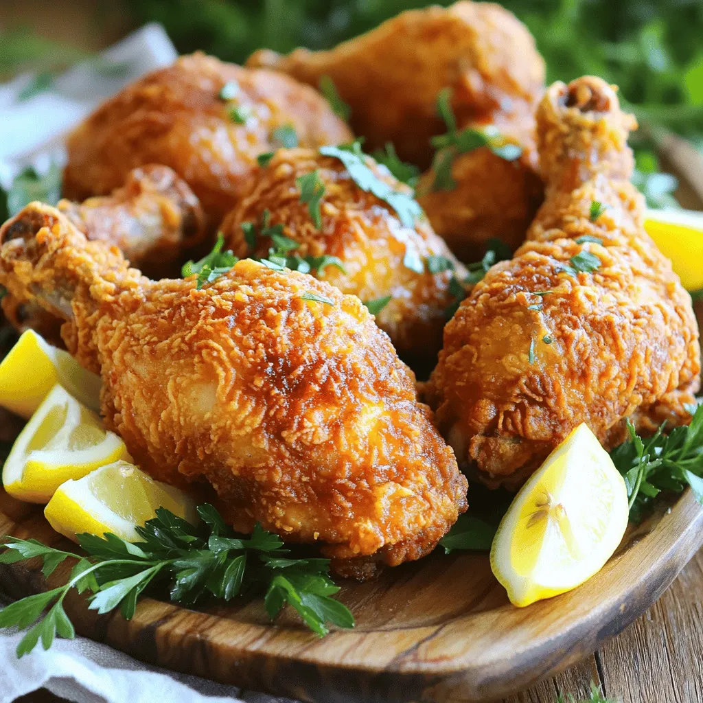 - 4 chicken thighs (bone-in, skin-on) - 4 chicken drumsticks - 1 cup buttermilk - 1 tablespoon hot sauce (optional) - 2 cups all-purpose flour - 1 teaspoon paprika - 1 teaspoon garlic powder - 1 teaspoon onion powder - 1 teaspoon dried thyme - 1 teaspoon salt - ½ teaspoon black pepper - ½ teaspoon cayenne pepper (adjust for spiciness) To make this oven-baked fried chicken, start with fresh chicken thighs and drumsticks. These cuts have enough fat to keep the meat juicy and flavorful. Buttermilk is essential. It helps tenderize the chicken while adding rich taste. Adding hot sauce is optional, but it gives a nice kick. Next, you need a seasoning mix. Combine flour with spices like paprika, garlic powder, and thyme. This mix adds depth to the flavor and a nice crunch. - Cooking spray or olive oil for greasing - Gluten-free options: almond flour or gluten-free bread crumbs For that golden, crispy finish, I always use cooking spray or olive oil. Lightly coat the chicken before baking. It helps achieve that fried look and texture. If you prefer gluten-free, try almond flour or gluten-free bread crumbs. Both work well and still give you that crunch. If you want the full recipe, check out Crispy Oven-Baked Fried Chicken. Start with the chicken pieces. I use bone-in, skin-on thighs and drumsticks. For the best flavor, mix buttermilk and hot sauce in a large bowl. This adds moisture and taste. Make sure the chicken is well-coated. Cover the bowl and place it in the fridge. I recommend marinating for at least two hours, but overnight gives better results. The longer you marinate, the more flavor the chicken absorbs. Next, let’s prepare the oven. Preheat it to 425°F (220°C). This high heat helps the chicken crisp up nicely. While the oven heats, line a baking sheet with aluminum foil. This makes cleanup easy. Then, place a wire rack on top of the baking sheet. The wire rack is key for getting crispy chicken all over. It allows hot air to circulate around the chicken while it bakes. Now it’s time to coat the chicken. In a separate bowl, mix flour with spices like paprika, garlic powder, and thyme. This spice mix adds great taste. Remove the chicken from the buttermilk marinade, letting excess liquid drip off. Dredge each piece in the flour mix. Press down firmly to ensure an even coat. A good coating will make your chicken super crispy. Once coated, place the chicken on the wire rack. For extra crispiness, lightly spray or drizzle olive oil over the chicken. This helps it turn golden brown as it bakes. Now you are ready to bake! If you want to see the complete recipe, check the Full Recipe link. To get that crispy texture, follow these tips: - Marinate your chicken in buttermilk. This tenderizes the meat. - Let the excess marinade drip off before coating. This prevents sogginess. - Use a wire rack on the baking sheet. It allows air to circulate. How do you know when the chicken is done? - Use a meat thermometer. Insert it in the thickest part of the chicken. - The internal temperature should reach 165°F (75°C). This ensures safety. - Look for a golden brown color on the outside. What pitfalls should you watch for? - Avoid overcrowding the baking sheet. It can lead to steaming instead of baking. - Don't skip the resting time. Let the chicken sit for 5 minutes after baking. - Ensure your oven is fully preheated before putting in the chicken. For more detailed steps and a full list of ingredients, check the Full Recipe. {{image_2}} You can change how your chicken tastes with different spices. Try using Cajun seasoning for a kick or Italian herbs like oregano and basil for a fresh twist. You can even add some lemon zest for brightness. Mixing in herbs like rosemary or parsley can also add depth. Experimenting helps you find your favorite flavor blend. If you want a change from chicken, you can use turkey or even pork. Just keep in mind that different meats need different cooking times. For turkey, you may need to bake a bit longer. Pork may cook faster, so monitor it closely. Always check the internal temperature to ensure it's safe to eat. An air fryer can make your chicken even crispier. Set it to 400°F and cook for about 25-30 minutes. This method gives you that crunch without frying in oil. You can also broil the chicken for the last few minutes of baking. This tip adds extra browning and crunch. Just watch it closely to prevent burning. You can find the full recipe in the earlier section, where I share all the steps and tips to make this dish perfect. To keep your cooked chicken fresh, let it cool first. Place the chicken in an airtight container. This helps to keep moisture in. Store it in the fridge for up to four days. Avoid stacking pieces to prevent sogginess. For best results, use glass or plastic containers with tight lids. When it’s time to reheat, keep the chicken crispy. The oven is best for this. Preheat your oven to 375°F (190°C). Place the chicken on a baking sheet. Heat it for about 15 to 20 minutes. This way, the skin stays crunchy. If using a microwave, cover the chicken with a paper towel. Heat it for one minute, then check. You may need to heat it a little longer, but the oven is still better. You can freeze leftover chicken for later. Wrap each piece in plastic wrap, then place it in a freezer bag. Make sure to remove as much air as possible. This prevents freezer burn. Label the bag with the date. You can freeze it for up to three months. When ready to eat, thaw it in the fridge overnight. To reheat, follow the oven method for the best texture. To make oven-baked fried chicken crispy, follow these tips: - Marinate the chicken in buttermilk. This adds flavor and moisture. - Use a wire rack on your baking sheet. This lets hot air circulate around the chicken. - Press the flour mixture onto the chicken. Make sure it sticks well. - Spray or drizzle with oil before baking. This helps the coating brown nicely. - Bake at a high temperature of 425°F (220°C) for that perfect crunch. These steps create a crispy texture that rivals fried chicken. You can use skinless chicken, but the results will differ. Skin adds flavor and helps keep the chicken moist. Without skin, the chicken may dry out faster. If you prefer skinless, consider these tips: - Adjust cooking time. Skinless chicken cooks quicker, so check it earlier. - Add extra fat. Brush or coat skinless pieces in oil to help with moisture. - Marinate longer. This adds flavor and helps tenderize the meat. Skinless chicken can work, but it needs a bit more care. Oven-baked fried chicken lasts about 3-4 days in the fridge. To store it properly: - Let it cool before putting it in the fridge. - Use an airtight container. This helps keep the chicken fresh. - Label and date the container for easy tracking. For best taste, eat it within the first few days. Pair your oven-baked fried chicken with these tasty sides: - Coleslaw adds crunch and freshness. - Mashed potatoes offer creaminess and comfort. - Corn on the cob gives a sweet touch. - Baked beans add a hearty flavor. These sides complement the chicken's crispy texture and flavor. For the complete recipe and detailed instructions on how to make crispy oven-baked fried chicken, visit the [Full Recipe](#). Oven-baked fried chicken is simple and delicious. We covered essential ingredients, like chicken and buttermilk, to create flavor. I shared step-by-step instructions for marinating, coating, and baking the chicken to achieve that crispy texture. Tips helped avoid common mistakes, while variations gave ideas to spice things up. Proper storage advice keeps leftovers tasty. Use these techniques for the best results. Enjoy your crispy chicken that’s full of flavor and perfect for any meal!
