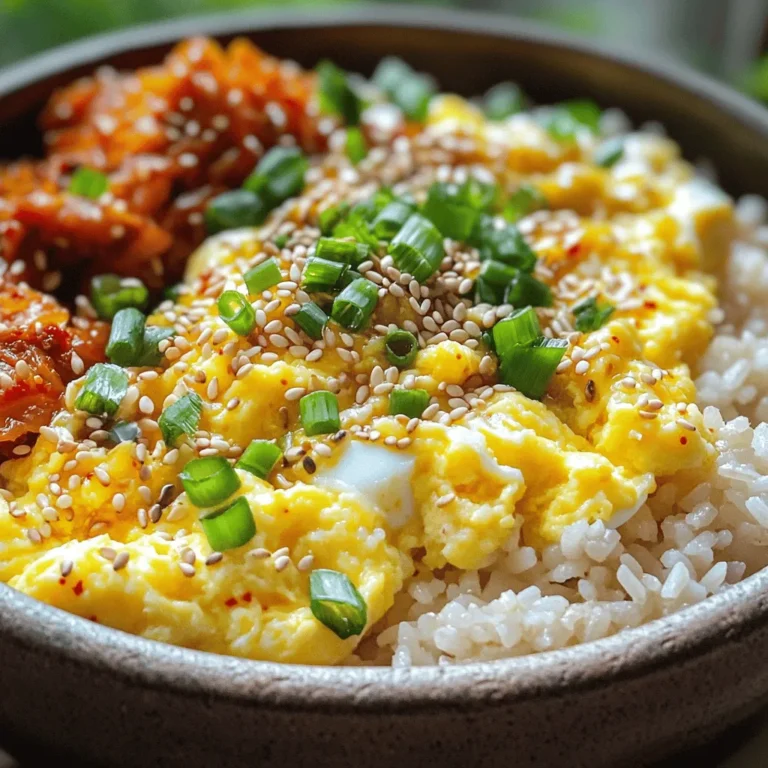 - 2 cups cooked jasmine rice (or short-grain rice) - 3 large eggs - 1 tablespoon sesame oil - 2 tablespoons soy sauce - 1 tablespoon gochujang (Korean chili paste) - 1 green onion, finely chopped - 1 tablespoon toasted sesame seeds - Salt and pepper to taste - Optional: Kimchi for serving - Non-stick skillet - Mixing bowl - Spatula Gyeran Bap is not just tasty; it's also good for you. Each serving has about 400 calories. It packs around 15 grams of protein and 10 grams of fat. The carbs come in at about 60 grams. The main ingredients offer several health benefits: - Eggs provide high-quality protein and essential vitamins. - Jasmine rice offers quick energy and is easy to digest. - Gochujang adds flavor and contains antioxidants. You can enjoy this dish knowing it's both delicious and nutritious! For a full recipe, check out the link. - Beating the eggs Start by cracking the eggs into a medium bowl. Use a fork or whisk to mix them well. You want a nice, even blend. Add a pinch of salt and pepper for flavor. - Cooking in the skillet Heat a non-stick skillet over medium heat. Pour in the sesame oil and let it warm up. Once hot, add the beaten eggs. Swirl the pan to coat it evenly. - Scrambling the eggs Let the eggs cook without stirring for about 1-2 minutes. Watch for the edges to set gently. Use a spatula to stir and scramble them until fully cooked. - Stir-frying the rice with seasonings In the same skillet, add the cooked jasmine rice. Pour in the soy sauce and gochujang. Stir-fry this mix for about 3-5 minutes. Make sure the rice heats through and absorbs the flavors. - Combining eggs and rice Gently fold the scrambled eggs into the rice. Use a spatula to mix them evenly. This step ensures every bite is flavorful and delicious. - Presentation tips Serve your Gyeran Bap hot. Garnish with chopped green onions and toasted sesame seeds. This adds color and crunch to your dish. - Recommended side dishes Pair your Gyeran Bap with kimchi for a classic touch. The spicy tang of kimchi complements the savory rice perfectly. Enjoy your meal! - How to achieve perfect scrambled eggs: Start with fresh eggs. Crack them into a bowl and beat them well. Use a fork or whisk for a fluffy texture. Heat your skillet on medium. Add sesame oil and let it warm. Pour in the eggs and don’t stir right away. Let them sit for one to two minutes. When the edges set, gently stir. This keeps them soft and creamy. - Tips for best rice texture: Use cooked jasmine or short-grain rice. It should be slightly sticky but not mushy. If you make rice, rinse it under cold water first. This removes excess starch. Let it cool before using in the dish. Cold rice works better for stir-frying. - Adding spices or herbs: You can spice up Gyeran Bap easily. Try adding black pepper or a pinch of paprika for heat. Fresh herbs like cilantro or parsley can add freshness. Just chop them finely and mix in. - Alternate sauces for customization: While soy sauce and gochujang are great, feel free to switch it up. You can use teriyaki sauce for a sweeter flavor. Sriracha can add heat if you like spice. Mix and match to find your favorite combination. - Overcooking the eggs: Cooking the eggs too long makes them rubbery. Keep an eye on them. Remove them from heat once fully scrambled but still soft. - Incorrect rice preparation: Using fresh, warm rice is a mistake. It can lead to clumping. Make sure your rice is cooled before frying. This helps it mix well with eggs and sauces in Gyeran Bap. {{image_2}} You can change Gyeran Bap to suit your taste. Adding vegetables makes it colorful and healthy. Try adding spinach or carrots for extra nutrition. Both vegetables blend well with the rice and eggs. You can also use different types of meat. For instance, diced chicken or pork adds protein and flavor. If you prefer seafood, shrimp works nicely too. These options let you create your version of Gyeran Bap. If you follow a vegan diet, don't worry! You can use plant-based egg alternatives. Products made from mung beans or chickpeas mimic eggs well. This way, you can enjoy a tasty version without eggs. If gluten is a concern, swap regular soy sauce for tamari. Tamari is gluten-free and tastes great in this dish. These adjustments let everyone enjoy Gyeran Bap. Want to make your Gyeran Bap even better? Add cheese for a creamy texture. Melted cheese on top makes it extra delicious. You can also drizzle sauces like sriracha or mayonnaise for a kick. Consider toppings like sliced avocado for added creaminess. These add-ons elevate this simple dish into something special. You can explore different flavors each time you make it. For the full recipe, check the complete guide. To keep your Gyeran Bap fresh, store it in the fridge. Use an airtight container for best results. It stays good for 3 to 4 days. If you want to keep it longer, freezing is a great option. Place the rice in a freezer-safe bag. Squeeze out the air before sealing. This way, it keeps its taste and texture. When you’re ready to enjoy your leftovers, use the microwave for quick reheating. Heat it in short bursts, stirring in between. This helps the rice warm evenly. You can also reheat it in a skillet. Add a splash of water to keep it moist. This will help maintain the texture and flavor. In the fridge, Gyeran Bap stays fresh for about 3 to 4 days. If you freeze it, it can last for up to 2 months. Just remember to label your containers with the date. This way, you won't forget how long it has been stored. Enjoy your delicious Gyeran Bap anytime you want! Gyeran Bap is a savory Korean rice dish topped with scrambled eggs. The name means "egg rice" in Korean. This dish is simple, quick, and full of flavor. It originates from Korea, where rice is a staple food. People enjoy it for breakfast or a fast meal. The combination of rice, eggs, and soy sauce creates a comforting taste. You can serve it with kimchi for a delicious kick. Yes, you can prepare Gyeran Bap ahead of time. Cook the rice and scramble the eggs earlier in the day. Store them separately in the fridge. When ready to eat, just reheat the rice and eggs together. This saves time and makes meal prep easy. You can also pack it for lunch. Just remember to add some green onions when serving for freshness. For Gyeran Bap, jasmine rice or short-grain rice works best. Jasmine rice has a nice aroma and a fluffy texture. Short-grain rice sticks together, which is great for scooping. Both types absorb flavors well, making your dish tasty. If you have leftover rice, it’s perfect for this recipe. Just ensure it’s cooked and cooled before using. Absolutely! Gyeran Bap is very flexible. You can add vegetables like spinach or carrots for more color and nutrition. If you want more protein, add cooked chicken or tofu. You can also swap soy sauce for tamari for a gluten-free option. Feel free to experiment with spices or herbs to suit your taste. Each time, you can create a unique dish! For the full recipe, check out the [Full Recipe]. Gyeran Bap is a simple yet tasty dish packed with flavor. We explored key ingredients, useful kitchen tools, and the cooking process. With some tips and variations, you can easily customize this dish to your liking. Remember to avoid common mistakes for the best results. Whether you enjoy it as a meal or a snack, Gyeran Bap offers great nutrition and delicious taste. Now, it’s time to try making it your own!