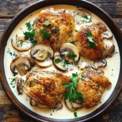 - 4 boneless, skinless chicken thighs - 1 cup button mushrooms, sliced - 1 cup cremini mushrooms, sliced - 2 tablespoons olive oil - 3 cloves garlic, minced - 1 teaspoon dried thyme - 1 teaspoon dried rosemary - 1 teaspoon onion powder - Salt and pepper to taste - 1 cup chicken broth - ¼ cup heavy cream - 2 tablespoons fresh parsley, chopped (for garnish) To create the perfect mushroom chicken, I focus on using fresh, high-quality ingredients. The chicken thighs provide a tender base. The button and cremini mushrooms add rich, earthy flavors. For seasoning, I use a blend of herbs. Olive oil helps to bring out the aromas of garlic and herbs. You can adjust the salt and pepper to your taste. The liquid ingredients, like chicken broth and cream, create a creamy sauce. This sauce ties together all the flavors. You can find the full recipe for this delight in my previous section. When gathering ingredients, always choose what looks fresh and vibrant. Quality really matters in making this dish shine! - Season the chicken thighs - Preheat skillet Start by seasoning the chicken thighs. Use salt, pepper, onion powder, thyme, and rosemary. Coat both sides well for full flavor. Next, preheat your skillet over medium-high heat. This helps create a nice crust on the chicken. - Sear the chicken thighs - Set chicken aside Add one tablespoon of olive oil to the hot skillet. Place the seasoned chicken thighs in the skillet. Sear them for about 5-6 minutes on each side until golden brown. Once done, remove the chicken and set it aside. - Sauté the mushrooms - Add garlic In the same skillet, add the remaining tablespoon of olive oil. Toss in the sliced button and cremini mushrooms. Sauté them for 4-5 minutes until golden and tender. Then, stir in the minced garlic and cook for an extra minute. The garlic will make everything smell amazing! - Pour in chicken broth - Simmer for flavor Now, pour in one cup of chicken broth. Be sure to scrape the bottom of the skillet. This releases all those tasty bits! Bring it to a simmer and let it cook for about 2 minutes. This will build the sauce's flavor. - Return chicken to skillet - Simmer until cooked through Next, return the seared chicken thighs to the skillet. Cover and let them simmer for 10-12 minutes. Make sure the chicken reaches an internal temperature of 165°F. This ensures it's safe to eat. - Add cream to sauce - Garnish and serve Lower the heat and stir in the heavy cream. Allow the sauce to thicken for about 2-3 minutes. Taste and adjust seasoning if needed. Finally, sprinkle fresh parsley over the dish before serving. This adds a nice touch of color and flavor. For the full recipe, check out the details above! - Choosing fresh mushrooms: Look for firm, smooth mushrooms with no spots. Fresh mushrooms add great taste. Button and cremini mushrooms work well together. Always wash them gently before use. This keeps their flavor intact. - Adjusting seasonings to taste: Start with the basic seasoning in the recipe. Then, taste as you cook. If you want more flavor, add a pinch of salt or a dash of pepper. You can also try adding more thyme or rosemary. Trust your taste buds! - Best frying techniques for chicken: Use medium-high heat to sear the chicken. This gives a nice golden crust. Make sure the skillet is hot before adding the chicken. Don’t crowd the pan. This helps cook the chicken evenly. - How to achieve perfectly sautéed mushrooms: Sauté mushrooms over medium heat. Give them space in the pan to brown nicely. Stir them often for even cooking. Once they are golden and tender, they are ready for the next step. - Pairing ideas with side dishes: Mushroom chicken pairs well with rice or mashed potatoes. You can also serve it with a fresh salad. Choose something light to balance the creamy sauce. - Serving recommendations for presentation: Serve the dish in a shallow bowl. This highlights the sauce and mushrooms. Sprinkle fresh parsley on top for a pop of color. A slice of lemon on the side adds a nice touch too. For the complete Mushroom Chicken experience, check out the Full Recipe! {{image_2}} You can change the chicken type in this recipe. Try using chicken breasts or drumsticks. Each cut has a unique taste and texture. For mushrooms, you have many options. Shiitake, portobello, or oyster mushrooms can all work well. Each type brings a different flavor to your dish. To boost the flavor, consider adding white wine or sherry. Just pour a splash into the pan after sautéing the mushrooms. This adds depth and richness to the sauce. You can also mix in spinach or other vegetables. Kale, bell peppers, or peas can add color and nutrition. Just toss them in during the last few minutes of cooking. If you need a gluten-free version, use gluten-free chicken broth. Most broths are gluten-free, but always check the label. For a dairy-free option, swap the heavy cream with coconut milk or a dairy-free cream. It keeps the dish creamy without the dairy. These variations let you personalize your mushroom chicken. Feel free to get creative with flavors and ingredients! To store leftovers, let the mushroom chicken cool completely. Place it in an airtight container. This keeps it fresh for up to four days. You can also separate the sauce from the chicken. This helps maintain the chicken's texture. The best container types are glass or plastic with tight lids. These help avoid spills. Choose containers that are the right size. This way, you waste less space in your fridge. For freezing, make sure the dish is cool. Use freezer-safe containers or heavy-duty bags. Remove as much air as possible. This prevents freezer burn and keeps the taste intact. To thaw, move the dish from the freezer to the fridge overnight. This is the safest way. You can also use the microwave, but be careful. Heat it gently to avoid cooking it further. For safe reheating, use a microwave or stove. Heat the chicken until it reaches 165°F. This ensures it is hot and safe to eat. To maintain texture, avoid overcooking. If using the microwave, cover the dish. This keeps moisture in and helps prevent dryness. Stir occasionally for even heating. For the complete recipe, check the Full Recipe section. What can I serve with mushroom chicken? You can serve mushroom chicken with rice or pasta. Mashed potatoes also pair well. A fresh salad adds a nice crunch. Try some steamed veggies for color and nutrition. Can I use dried mushrooms instead of fresh? Yes, you can use dried mushrooms. Just soak them in warm water first. This will help rehydrate and soften them. Use the soaking liquid to add flavor to your dish. How do I know when the chicken is fully cooked? Check the internal temperature of the chicken. It should reach 165°F (75°C). You can also cut into the chicken. The meat should be white with no pink spots. Can I make this recipe in advance? Absolutely! You can cook the dish ahead of time. Just store it in the fridge for up to three days. Reheat gently on the stove or in the microwave. What are the nutritional benefits of chicken and mushrooms? Chicken is a great source of protein. It helps build muscles and keeps you full. Mushrooms provide vitamins and minerals. They are low in calories and high in fiber. Is mushroom chicken a healthy option? Yes, mushroom chicken can be healthy. It has lean protein and vegetables. Just watch the cream and oil you use. With the right balance, it makes a tasty and nutritious meal. In this article, we explored a delicious chicken and mushroom dish. We covered ingredients, step-by-step cooking, and helpful tips. You learned how to enhance flavors and store leftovers. Cooking can be fun and rewarding. Don’t hesitate to try new variations. Whether you stick to the basics or experiment, enjoy your meals. Remember, every dish is a chance to create something special. Happy cooking!