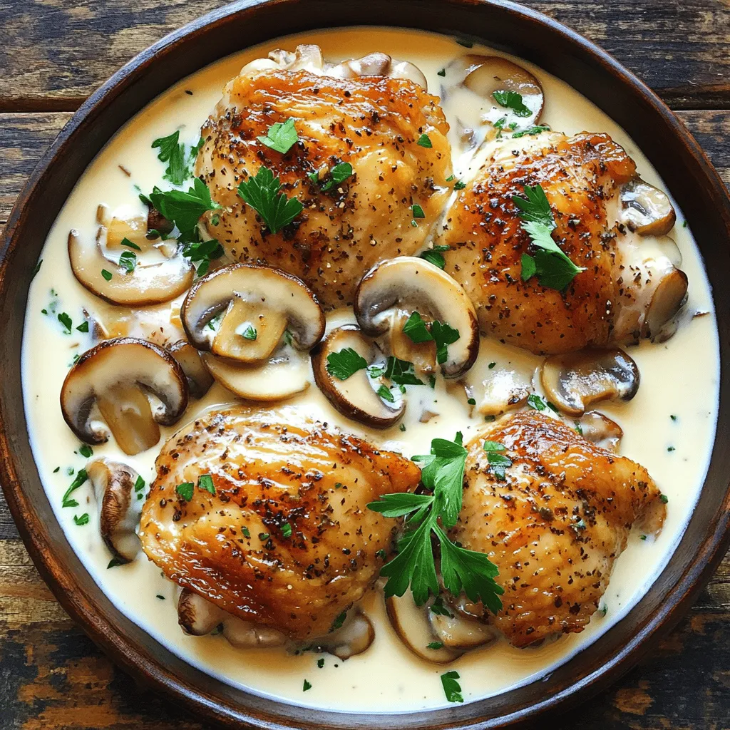 - 4 boneless, skinless chicken thighs - 1 cup button mushrooms, sliced - 1 cup cremini mushrooms, sliced - 2 tablespoons olive oil - 3 cloves garlic, minced - 1 teaspoon dried thyme - 1 teaspoon dried rosemary - 1 teaspoon onion powder - Salt and pepper to taste - 1 cup chicken broth - ¼ cup heavy cream - 2 tablespoons fresh parsley, chopped (for garnish) To create the perfect mushroom chicken, I focus on using fresh, high-quality ingredients. The chicken thighs provide a tender base. The button and cremini mushrooms add rich, earthy flavors. For seasoning, I use a blend of herbs. Olive oil helps to bring out the aromas of garlic and herbs. You can adjust the salt and pepper to your taste. The liquid ingredients, like chicken broth and cream, create a creamy sauce. This sauce ties together all the flavors. You can find the full recipe for this delight in my previous section. When gathering ingredients, always choose what looks fresh and vibrant. Quality really matters in making this dish shine! - Season the chicken thighs - Preheat skillet Start by seasoning the chicken thighs. Use salt, pepper, onion powder, thyme, and rosemary. Coat both sides well for full flavor. Next, preheat your skillet over medium-high heat. This helps create a nice crust on the chicken. - Sear the chicken thighs - Set chicken aside Add one tablespoon of olive oil to the hot skillet. Place the seasoned chicken thighs in the skillet. Sear them for about 5-6 minutes on each side until golden brown. Once done, remove the chicken and set it aside. - Sauté the mushrooms - Add garlic In the same skillet, add the remaining tablespoon of olive oil. Toss in the sliced button and cremini mushrooms. Sauté them for 4-5 minutes until golden and tender. Then, stir in the minced garlic and cook for an extra minute. The garlic will make everything smell amazing! - Pour in chicken broth - Simmer for flavor Now, pour in one cup of chicken broth. Be sure to scrape the bottom of the skillet. This releases all those tasty bits! Bring it to a simmer and let it cook for about 2 minutes. This will build the sauce's flavor. - Return chicken to skillet - Simmer until cooked through Next, return the seared chicken thighs to the skillet. Cover and let them simmer for 10-12 minutes. Make sure the chicken reaches an internal temperature of 165°F. This ensures it's safe to eat. - Add cream to sauce - Garnish and serve Lower the heat and stir in the heavy cream. Allow the sauce to thicken for about 2-3 minutes. Taste and adjust seasoning if needed. Finally, sprinkle fresh parsley over the dish before serving. This adds a nice touch of color and flavor. For the full recipe, check out the details above! - Choosing fresh mushrooms: Look for firm, smooth mushrooms with no spots. Fresh mushrooms add great taste. Button and cremini mushrooms work well together. Always wash them gently before use. This keeps their flavor intact. - Adjusting seasonings to taste: Start with the basic seasoning in the recipe. Then, taste as you cook. If you want more flavor, add a pinch of salt or a dash of pepper. You can also try adding more thyme or rosemary. Trust your taste buds! - Best frying techniques for chicken: Use medium-high heat to sear the chicken. This gives a nice golden crust. Make sure the skillet is hot before adding the chicken. Don’t crowd the pan. This helps cook the chicken evenly. - How to achieve perfectly sautéed mushrooms: Sauté mushrooms over medium heat. Give them space in the pan to brown nicely. Stir them often for even cooking. Once they are golden and tender, they are ready for the next step. - Pairing ideas with side dishes: Mushroom chicken pairs well with rice or mashed potatoes. You can also serve it with a fresh salad. Choose something light to balance the creamy sauce. - Serving recommendations for presentation: Serve the dish in a shallow bowl. This highlights the sauce and mushrooms. Sprinkle fresh parsley on top for a pop of color. A slice of lemon on the side adds a nice touch too. For the complete Mushroom Chicken experience, check out the Full Recipe! {{image_2}} You can change the chicken type in this recipe. Try using chicken breasts or drumsticks. Each cut has a unique taste and texture. For mushrooms, you have many options. Shiitake, portobello, or oyster mushrooms can all work well. Each type brings a different flavor to your dish. To boost the flavor, consider adding white wine or sherry. Just pour a splash into the pan after sautéing the mushrooms. This adds depth and richness to the sauce. You can also mix in spinach or other vegetables. Kale, bell peppers, or peas can add color and nutrition. Just toss them in during the last few minutes of cooking. If you need a gluten-free version, use gluten-free chicken broth. Most broths are gluten-free, but always check the label. For a dairy-free option, swap the heavy cream with coconut milk or a dairy-free cream. It keeps the dish creamy without the dairy. These variations let you personalize your mushroom chicken. Feel free to get creative with flavors and ingredients! To store leftovers, let the mushroom chicken cool completely. Place it in an airtight container. This keeps it fresh for up to four days. You can also separate the sauce from the chicken. This helps maintain the chicken's texture. The best container types are glass or plastic with tight lids. These help avoid spills. Choose containers that are the right size. This way, you waste less space in your fridge. For freezing, make sure the dish is cool. Use freezer-safe containers or heavy-duty bags. Remove as much air as possible. This prevents freezer burn and keeps the taste intact. To thaw, move the dish from the freezer to the fridge overnight. This is the safest way. You can also use the microwave, but be careful. Heat it gently to avoid cooking it further. For safe reheating, use a microwave or stove. Heat the chicken until it reaches 165°F. This ensures it is hot and safe to eat. To maintain texture, avoid overcooking. If using the microwave, cover the dish. This keeps moisture in and helps prevent dryness. Stir occasionally for even heating. For the complete recipe, check the Full Recipe section. What can I serve with mushroom chicken? You can serve mushroom chicken with rice or pasta. Mashed potatoes also pair well. A fresh salad adds a nice crunch. Try some steamed veggies for color and nutrition. Can I use dried mushrooms instead of fresh? Yes, you can use dried mushrooms. Just soak them in warm water first. This will help rehydrate and soften them. Use the soaking liquid to add flavor to your dish. How do I know when the chicken is fully cooked? Check the internal temperature of the chicken. It should reach 165°F (75°C). You can also cut into the chicken. The meat should be white with no pink spots. Can I make this recipe in advance? Absolutely! You can cook the dish ahead of time. Just store it in the fridge for up to three days. Reheat gently on the stove or in the microwave. What are the nutritional benefits of chicken and mushrooms? Chicken is a great source of protein. It helps build muscles and keeps you full. Mushrooms provide vitamins and minerals. They are low in calories and high in fiber. Is mushroom chicken a healthy option? Yes, mushroom chicken can be healthy. It has lean protein and vegetables. Just watch the cream and oil you use. With the right balance, it makes a tasty and nutritious meal. In this article, we explored a delicious chicken and mushroom dish. We covered ingredients, step-by-step cooking, and helpful tips. You learned how to enhance flavors and store leftovers. Cooking can be fun and rewarding. Don’t hesitate to try new variations. Whether you stick to the basics or experiment, enjoy your meals. Remember, every dish is a chance to create something special. Happy cooking!