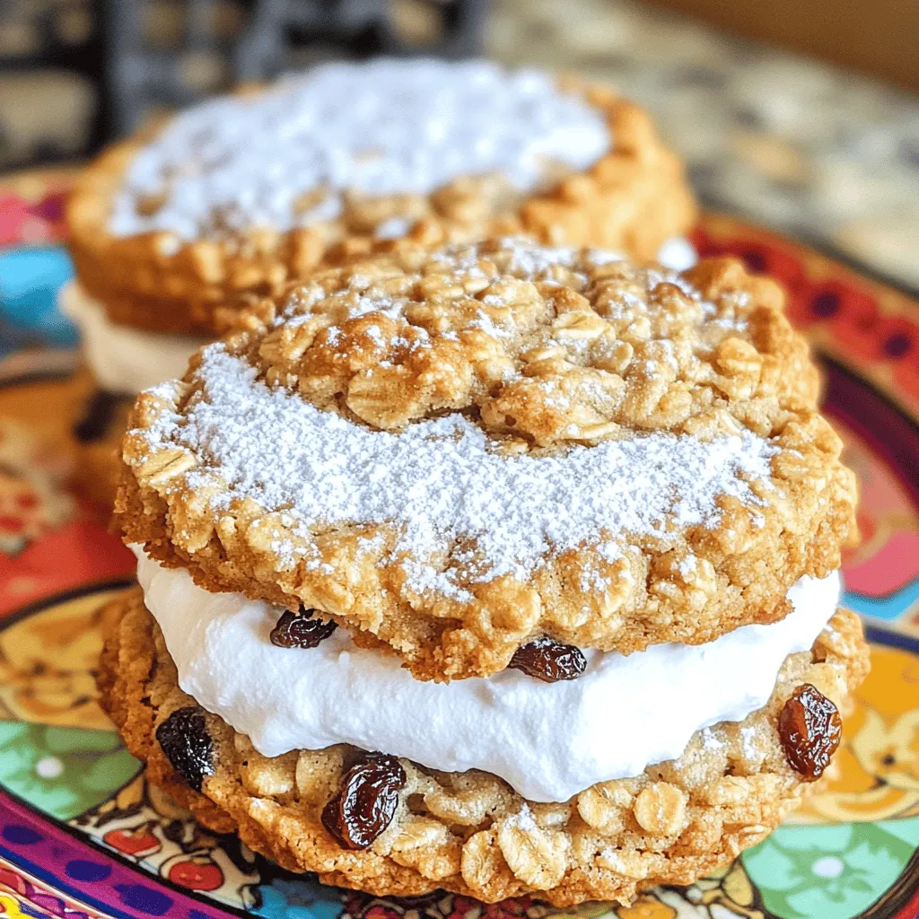 To make these tasty treats, you will need: - 1 cup unsalted butter, softened - 1 cup brown sugar, packed - 1/2 cup granulated sugar - 1 large egg - 1 teaspoon vanilla extract - 1 1/2 cups all-purpose flour - 1 teaspoon baking soda - 1 teaspoon cinnamon - 1/2 teaspoon salt - 3 cups old-fashioned oats - 1/2 cup raisins (or chocolate chips for a twist) - 1 cup powdered sugar - 1/2 cup marshmallow fluff - 1 teaspoon vanilla extract (for filling) These ingredients create a chewy, sweet, and satisfying dessert. The oats give a lovely texture, while the filling makes each pie special. You can customize your oatmeal cream pies with a few changes: - Use chocolate chips instead of raisins for a richer flavor. - Swap in whole wheat flour to make them healthier. - Try adding nuts like walnuts or pecans for a crunch. - For a touch of spice, mix in a bit of nutmeg or ginger. These substitutions help you make the recipe your own. Feel free to experiment with flavors! Each homemade oatmeal cream pie has about 200 calories. They provide a good mix of carbs, fats, and sugars. Here’s a quick breakdown: - Calories: 200 - Total Fat: 8g - Saturated Fat: 4g - Cholesterol: 30mg - Sodium: 120mg - Total Carbohydrates: 32g - Dietary Fiber: 2g - Sugars: 14g - Protein: 2g Enjoy these treats in moderation! They’re a delightful snack or dessert. For the full recipe, check out the details above. Start by gathering all your ingredients. You will need: - 1 cup unsalted butter, softened - 1 cup brown sugar, packed - 1/2 cup granulated sugar - 1 large egg - 1 teaspoon vanilla extract - 1 1/2 cups all-purpose flour - 1 teaspoon baking soda - 1 teaspoon cinnamon - 1/2 teaspoon salt - 3 cups old-fashioned oats - 1/2 cup raisins (or chocolate chips for a twist) - 1 cup powdered sugar - 1/2 cup marshmallow fluff - 1 teaspoon vanilla extract (for filling) Make sure your butter is soft. This helps it mix well with the sugars. 1. Preheat the Oven: Set your oven to 350°F (175°C). Line two baking sheets with parchment paper. 2. Cream the Butter and Sugars: In a large bowl, cream the butter, brown sugar, and granulated sugar together. Mix until light and fluffy, about 3-5 minutes. 3. Add Egg and Vanilla: Beat in the egg and vanilla extract until well mixed. 4. Mix Dry Ingredients: In another bowl, whisk together the flour, baking soda, cinnamon, and salt. Slowly stir this into your wet mix until just combined. 5. Add Oats and Raisins: Fold in the oats and raisins (or chocolate chips) until they are evenly mixed. 6. Scoop the Cookies: Use a cookie scoop or tablespoon to drop rounded dough onto the prepared sheets. Leave about 2 inches between each scoop. 7. Bake: Place in the oven and bake for 10-12 minutes. The edges should be golden, and the centers should stay soft. 8. Cool: Let the cookies cool on the baking sheet for 5 minutes. Then, transfer them to a wire rack to cool completely. 1. Prepare the Filling: In a mixing bowl, whisk together the powdered sugar, marshmallow fluff, and vanilla extract. Mix until smooth and well combined. 2. Assemble the Pies: Once the cookies cool, spread a generous dollop of filling on the flat side of one cookie. Top it with another cookie to make a sandwich. Repeat with all cookies and filling. Making these homemade oatmeal cream pies is easy and fun. You will love how they taste! For the full recipe, check the previous section. To get those perfect chewy cookies, I have a few key tricks. First, always use room temperature butter. This helps create a soft dough. Second, do not overmix the dough after adding the flour. Mixing too much makes the cookies tough. Third, take the cookies out when they are just lightly golden. They will keep cooking on the tray. Store your oatmeal cream pies in an airtight container. This keeps them soft and fresh. If you want to serve them warm, heat them for just a few seconds in the microwave. You can also add a scoop of ice cream in between two cookies for a fun treat. It’s a great way to impress friends and family. For a beautiful presentation, dust the pies with powdered sugar. This adds a nice touch. You can also arrange them on a colorful platter. If you want to make them more fun, wrap each pie in parchment paper. This makes for a cute gift or snack to share. {{image_2}} You can make your oatmeal cream pies a bit healthier. Use whole wheat flour instead of all-purpose flour. This choice boosts fiber and nutrients. Replace some butter with unsweetened applesauce. This swap cuts fat and adds moisture. If you want less sugar, use a sugar substitute like Stevia. These changes keep your treat tasty while making it a bit better for you. You can easily change the flavors of your oatmeal cream pies. Adding chocolate chips makes them rich and sweet. Chopped nuts add crunch and a nutty taste. Try different dried fruits like cranberries or apricots for extra flavor. If you want a spicy kick, add a pinch of nutmeg or ginger. Each of these options gives a fun twist to the classic recipe. Seasonal ingredients can bring new life to your pies. In the fall, add pumpkin puree and spice for a cozy flavor. During the holidays, mix in peppermint extract for a festive touch. In summer, fresh berries like blueberries or strawberries can make a bright filling. These seasonal changes keep your oatmeal cream pies fresh and exciting all year. Check out the Full Recipe for more ideas! To keep your oatmeal cream pies fresh, store them in an airtight container. This helps maintain their chewy texture and flavor. You can place parchment paper between the pies to stop them from sticking together. If you have leftovers, they should stay good for several days at room temperature. If you want to save some for later, freezing is a great option. First, let the pies cool completely. Then, wrap each pie in plastic wrap and place them in a freezer bag. Make sure to remove as much air as possible from the bag. They will last up to three months in the freezer. When you are ready to eat them, just thaw them at room temperature. Oatmeal cream pies can last about five days when stored properly at room temperature. If you put them in the fridge, they may dry out faster. For the best taste, eat them within a few days. Always check for any signs of spoilage before enjoying your treats. Remember, these pies are best fresh but can stay tasty even after some time. To make oatmeal cream pies from scratch, follow these steps: 1. Cream Butter and Sugars: Start by creaming the butter, brown sugar, and granulated sugar. Mix until light and fluffy. 2. Add Egg and Vanilla: Beat in one large egg and a teaspoon of vanilla extract. 3. Mix Dry Ingredients: In another bowl, whisk together flour, baking soda, cinnamon, and salt. Stir this into the wet mix. 4. Add Oats and Raisins: Fold in three cups of old-fashioned oats and half a cup of raisins (or chocolate chips). 5. Bake Cookies: Drop dough onto baking sheets and bake at 350°F for 10-12 minutes. 6. Make Filling: For the filling, mix powdered sugar, marshmallow fluff, and vanilla extract until smooth. 7. Assemble: Spread the filling between two cookies to form a sandwich. You can find the full recipe included earlier to guide you through each step. Yes, you can use quick oats instead of old-fashioned oats. Quick oats are smaller and cook faster. This can change the texture of your pies. The result may be softer and less chewy. If you like a chewier bite, stick with old-fashioned oats. If you need a substitute for marshmallow fluff, try using cream cheese. Mix it with powdered sugar and vanilla for sweetness. You can also use a mix of whipped cream and powdered sugar. This will give you a light and fluffy filling, similar to marshmallow fluff. Homemade oatmeal cream pies are simple and fun to make. We covered key ingredients, baking steps, and tasty variations. You can choose healthier swaps, try different flavors, or get creative with how you present them. Remember to store them properly to keep them fresh. With these tips, you’ll have delicious treats ready to enjoy. Dive in, get baking, and share your tasty results with others!