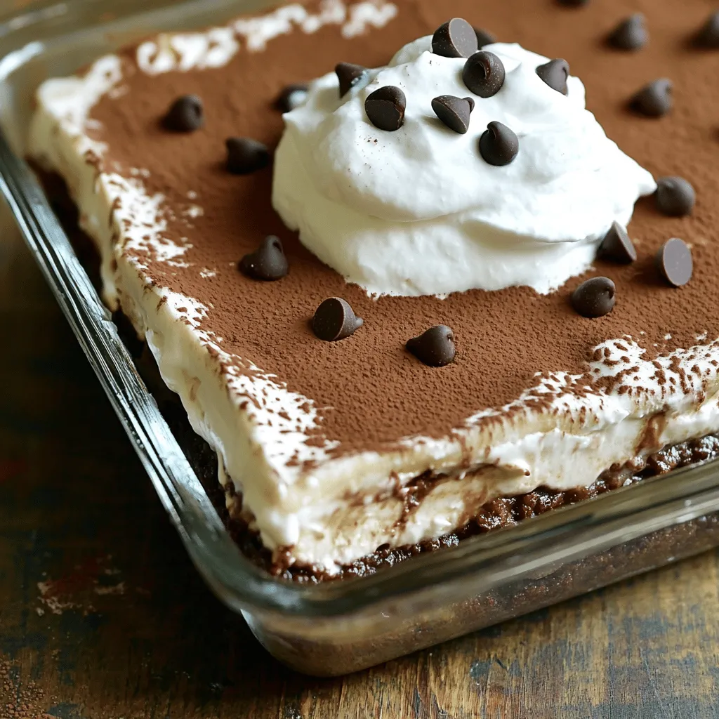 To make this chocolate lasagna, you will need the following ingredients: - 12 whole chocolate cookies (like Oreos) - 2 tablespoons butter, melted - 1 cup cream cheese, softened - 1 cup powdered sugar - 2 cups whipped cream (store-bought or homemade) - 1 cup chocolate pudding mix - 2 ¾ cups milk - 1 cup mini chocolate chips - 1 teaspoon vanilla extract - Cocoa powder or chocolate shavings for garnish For those with common allergens, here are some substitutions you can consider: - Gluten-Free: Use gluten-free chocolate cookies. - Dairy-Free: Replace cream cheese with a dairy-free cream cheese alternative. Use coconut whipped cream instead of regular whipped cream. - Nut-Free: This recipe is naturally nut-free, but ensure all packaged items are nut-free as well. These simple swaps help everyone enjoy this creamy and delicious dessert! To make the cookie crust, start by crushing the chocolate cookies. You can use a food processor or place them in a plastic bag and crush them with a rolling pin. Aim for fine crumbs that hold together well. Next, mix the crumbs with 2 tablespoons of melted butter. The mixture should feel like wet sand. Press this mixture firmly into the bottom of a 9x13 inch dish. Use the back of a measuring cup or your hands to create an even layer. Make sure to press down hard enough so it holds together when you add the other layers. For the cream cheese layer, blend 1 cup of softened cream cheese and 1 cup of powdered sugar in a mixing bowl. Mix until the texture is smooth and creamy. This step is crucial for a rich flavor. Next, gently fold in 2 cups of whipped cream. Use a spatula to combine them without losing the air in the whipped cream. This makes your layer light and fluffy. Spread this cream cheese mixture evenly over the cookie crust. Now, let’s make the chocolate pudding layer. In a separate bowl, whisk together 1 cup of chocolate pudding mix and 2 ¾ cups of milk. Whisk for about 2 to 3 minutes until it starts to thicken. It’s vital to let it sit for a couple of minutes to reach the right consistency. This layer adds a rich chocolate taste that complements the creamy layers perfectly. To build the lasagna, pour the thickened chocolate pudding over the cream cheese layer. Use a spatula to spread it out gently. This ensures an even layer and a delightful presentation. Next, sprinkle 1 cup of mini chocolate chips evenly over the pudding. This adds a nice texture and extra chocolate flavor. For the final layer, top your lasagna with the remaining whipped cream. Spread it out evenly to cover all the layers. You can use a spatula to smooth it out nicely. Once done, cover the dish with plastic wrap and refrigerate it for at least 4 hours. If you can, let it chill overnight. This waiting time makes the flavors meld beautifully. The longer it chills, the better the taste! Garnishing your chocolate lasagna can elevate its look. Here are some ideas: - Cocoa Powder: Dust the top with cocoa for a rich finish. - Chocolate Shavings: Use a vegetable peeler on a chocolate bar for fun curls. - Fresh Berries: Place raspberries or strawberries on top for a pop of color. - Mint Leaves: Add a sprig of mint for a fresh touch. Pairing your dessert with drinks can enhance the experience. Consider these beverages: - Coffee: A cup of strong coffee complements the chocolate well. - Milk: A classic choice, especially for kids. - Red Wine: A light red wine can offer a nice contrast. Cutting and serving your lasagna can be an art. Here’s how: - Use a Sharp Knife: A clean cut makes for neater squares. - Warm the Knife: Dip it in hot water to slice through layers smoothly. - Serve on Plates: Place each square on a dessert plate for a nice look. For parties, think creatively about serving: - Mini Portions: Use small cups or shot glasses for individual servings. - Layered Cups: Layer the ingredients in clear cups for a pretty view. - Dessert Bar: Set up a station where guests can build their own mini lasagnas. Here are two common mistakes to keep in mind: - Overmixing: When mixing layers, blend just enough. Overmixing can make your cream cheese layer too runny. - Skipping the Chilling Step: Don’t skip chilling the lasagna. It needs time to set. Chilling helps the layers meld and improves the taste. {{image_2}} You can switch up the cookie crust for your chocolate lasagna. Try using different types of cookies. Gluten-free options work well too. Look for gluten-free chocolate cookies or almond-flour cookies. Both add unique flavors. You can also add nuts or spices to the crust. Chopped walnuts or pecans give a nice crunch. A pinch of cinnamon or nutmeg can add warmth and depth to the flavor. The flavor of chocolate lasagna can be fun to change. You can use different pudding flavors. Vanilla or butterscotch pudding adds a nice twist. Mixing in fruits is also a great idea. Strawberries or bananas can bring freshness to each bite. They also add natural sweetness. Layering these fruit slices between the pudding and whipped cream makes it look lovely too. If you need to make it dairy-free, there are great options. Use dairy-free cream cheese and whipped cream. You can also find dairy-free pudding mixes. For those watching sugar intake, try using sugar substitutes. Stevia or erythritol can work well in this recipe. These small changes let everyone enjoy your chocolate lasagna without worry. To keep your chocolate lasagna fresh, store it in the fridge. Use an airtight container or cover the dish tightly with plastic wrap. This helps to prevent it from absorbing other flavors in the fridge. You can keep it for up to five days this way. If you have leftovers, follow these tips for freezing: - Cut the lasagna into squares for easy serving. - Wrap each piece in plastic wrap and then foil. - Place the wrapped pieces in a freezer-safe bag. This method helps keep the chocolate lasagna tasty for up to three months. When stored properly, chocolate lasagna stays fresh for about five days in the fridge. You can tell if it has spoiled by looking for these signs: - An off or sour smell. - Changes in texture, like excessive moisture or dryness. - Visible mold growth on the surface. If you notice any of these signs, it’s best to toss it out. Enjoy your chocolate lasagna while it’s fresh for the best taste! Yes, you can make Chocolate Lasagna in advance. In fact, it tastes better after sitting. I recommend making it the night before you plan to serve it. This gives the layers time to set and flavors to blend nicely. Your lasagna is set when it feels firm. It should hold its shape when cut. Look for a clean edge around the sides of the dish. If it jiggles too much, it needs more chilling time. Yes, you can substitute some ingredients. Here are a few ideas: - Use gluten-free cookies for a gluten-free crust. - Swap cream cheese for a dairy-free option if needed. - You can replace chocolate pudding with vanilla pudding for a different taste. These changes might alter the flavor slightly but can still work well. In this post, I shared how to make a delicious chocolate lasagna. We covered essential ingredients, step-by-step instructions, and helpful tips to avoid mistakes. You learned about variations to fit your taste and how to properly store your dessert. Remember, the secret lies in layering and chilling for the best flavor. With these steps, you can impress friends and family. Enjoy your tasty creation and let your baking journey begin!