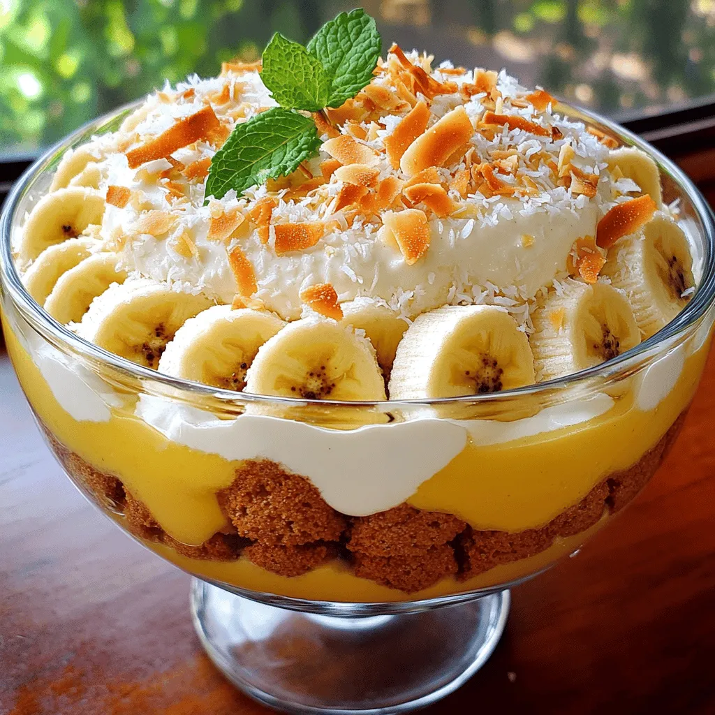 - 4 ripe bananas, sliced - 1 cup heavy cream - 1 cup sweetened condensed milk - 1 cup whole milk - 1 package (3.4 oz) vanilla instant pudding mix - 1 teaspoon vanilla extract - 1 cup vanilla wafers - 1/2 cup toasted coconut flakes (optional) - Fresh mint leaves for garnish (optional) For a lighter option, you can use half-and-half or a mix of yogurt and cream. If you want a dairy-free or vegan version, try coconut milk or almond milk as a base. Use dairy-free whipped cream for a creamy texture. You can also swap vanilla wafers for gluten-free cookies or graham crackers for a different taste. These substitutions let you enjoy the best banana pudding ever while catering to dietary needs. I love to experiment and find new flavors! If you want to see the full recipe, it's packed with steps to guide you. First, grab a mixing bowl. Add 1 cup of sweetened condensed milk, 1 cup of whole milk, and 1 teaspoon of vanilla extract. Whisk them together until smooth. This mix is the base for your pudding. Next, open a package of vanilla instant pudding mix. Pour it into the milk mixture. Whisk for about 2 minutes. You want it thick and creamy. Set this pudding aside for now. Now, it’s time to whip the cream. Take 1 cup of heavy cream and pour it into a clean bowl. Use an electric mixer to whip the cream. Watch for stiff peaks. This means the cream holds its shape and is not runny. Once you have stiff peaks, gently fold the whipped cream into the pudding. Be careful not to deflate the cream. This step adds lightness and fluffiness to your dessert. Now for the fun part—layering! Start with a 9x13 inch dish. Place a layer of vanilla wafers at the bottom. Make sure they are evenly spread out. Next, add a layer of sliced bananas on top of the wafers. Use about 4 ripe bananas, sliced. Then, spoon a layer of the pudding mixture over the bananas and wafers, smoothing it out. Repeat this process. Add another layer of wafers, then more bananas, and more pudding. Finish with a layer of pudding on top. If you like, sprinkle toasted coconut flakes for extra flavor. Cover your dish with plastic wrap. Place it in the fridge for at least 4 hours. Overnight is best. This waiting time helps the flavors blend and the wafers soften. Enjoy the creamy goodness of your banana pudding! Using room temperature ingredients helps blend better. Cold ingredients can make mixing hard. I recommend letting your cream and milk sit out for about 30 minutes before using. This small step can improve the texture of your pudding. Adjust the sweetness to fit your taste. Some may like it sweeter, while others prefer less sugar. You can add more sweetened condensed milk for a sweeter treat. Taste as you go, and find your perfect balance. For a lovely presentation, serve banana pudding in individual cups. This adds a nice touch for parties. Garnish each cup with a slice of banana and a mint sprig. It makes the dessert look fresh and inviting. Pair banana pudding with coffee or tea. The warm drinks balance the cool pudding. This makes for a delightful experience. You can also enjoy it with cookies or a slice of pie for a fun dessert trio. Overmixing the whipped cream can ruin your texture. Stop mixing as soon as you see stiff peaks. If you mix too long, the cream may turn into butter. Not allowing enough time for chilling is another common mistake. For the best flavor, chill the pudding for at least four hours. Overnight is even better! This lets the flavors meld and the wafers soften, giving you the creamy delight you crave. {{image_2}} You can make banana pudding even more exciting by adding flavors. Try mixing in some chocolate pudding for a rich twist. You can also layer in chocolate wafers instead of vanilla ones. If you love fruit, add berries or peaches to the mix. These fruits can brighten the dish and add fresh flavors. You can even use a touch of peanut butter for a nutty taste that pairs well with bananas. The possibilities are endless! If you need a gluten-free option, look for gluten-free vanilla wafers. Many brands offer these, allowing you to enjoy the same great taste without the gluten. For a low-sugar version, opt for sugar-free pudding mix and use less condensed milk. You can also swap heavy cream for a lighter option like Greek yogurt. This keeps your dessert creamy while cutting down on sugar. Toppings can really change your banana pudding game. Instead of mint, try crushed cookies or nuts for a crunchy topping. You can also drizzle caramel or chocolate sauce on top before serving. This adds a sweet finish that enhances the overall flavor. Another fun idea is to use whipped coconut cream as a topping. It gives a tropical vibe that pairs perfectly with your pudding. Enjoy experimenting with different garnishes! To keep your banana pudding fresh, use an airtight container. Glass containers work well. They keep the pudding cold and prevent odors from other foods. If you stack layers, use parchment paper between layers. This method protects the layers and keeps the presentation intact. Banana pudding lasts about 3 to 4 days in the fridge. Always store it in the fridge to prevent spoilage. Signs that banana pudding has gone bad include a sour smell or discoloration. If it looks watery or has a strange texture, it’s best to toss it. You can freeze banana pudding, but it may change texture. To freeze, put it in a freezer-safe container. Leave space at the top for expansion. Thaw it in the fridge overnight before eating. Avoid microwaving, as it may make the pudding runny. Enjoy this treat later by following these simple steps! For the Full Recipe, check out the complete guide. Yes, you can use other pudding mixes. Chocolate pudding adds a rich taste. Butterscotch pudding gives a sweet twist. You can even try banana pudding for an extra banana boost. Each mix will change the flavor, but it will still be tasty. Just make sure to follow the same steps in the recipe. You should chill banana pudding for at least 4 hours. This time allows the flavors to blend well. For the best taste, let it chill overnight. The longer it chills, the softer the wafers become. This creates a nice, creamy texture that everyone loves. Yes, you can make banana pudding ahead of time. Just prepare the dessert and store it in the fridge. It will stay fresh for up to 3 days. To keep the bananas from browning, cover the top with plastic wrap. This helps keep it fresh and tasty for your event. The best way to serve banana pudding is in individual cups. This makes it easy for guests to grab and enjoy. You can also serve it in a large dish for a family-style option. Be sure to add a slice of banana and a mint leaf on top for a pretty look. Banana pudding has a rich history in American cuisine. It became popular in the South during the 19th century. The dish reflects the fusion of different cultures. It combines layers of vanilla wafers, bananas, and creamy pudding. This dessert has evolved over time, but its charm remains. You can find many variations, each adding its special flavor. If you want to learn more, check the full recipe for ideas! In this post, we discussed how to make delicious banana pudding. We covered ingredients, step-by-step instructions, and tips to perfect your dessert. I shared ways to modify the recipe for different diets and tastes. Remember to store your banana pudding properly to keep it fresh. With these tips, you can impress friends and family. Enjoy your banana pudding adventures!
