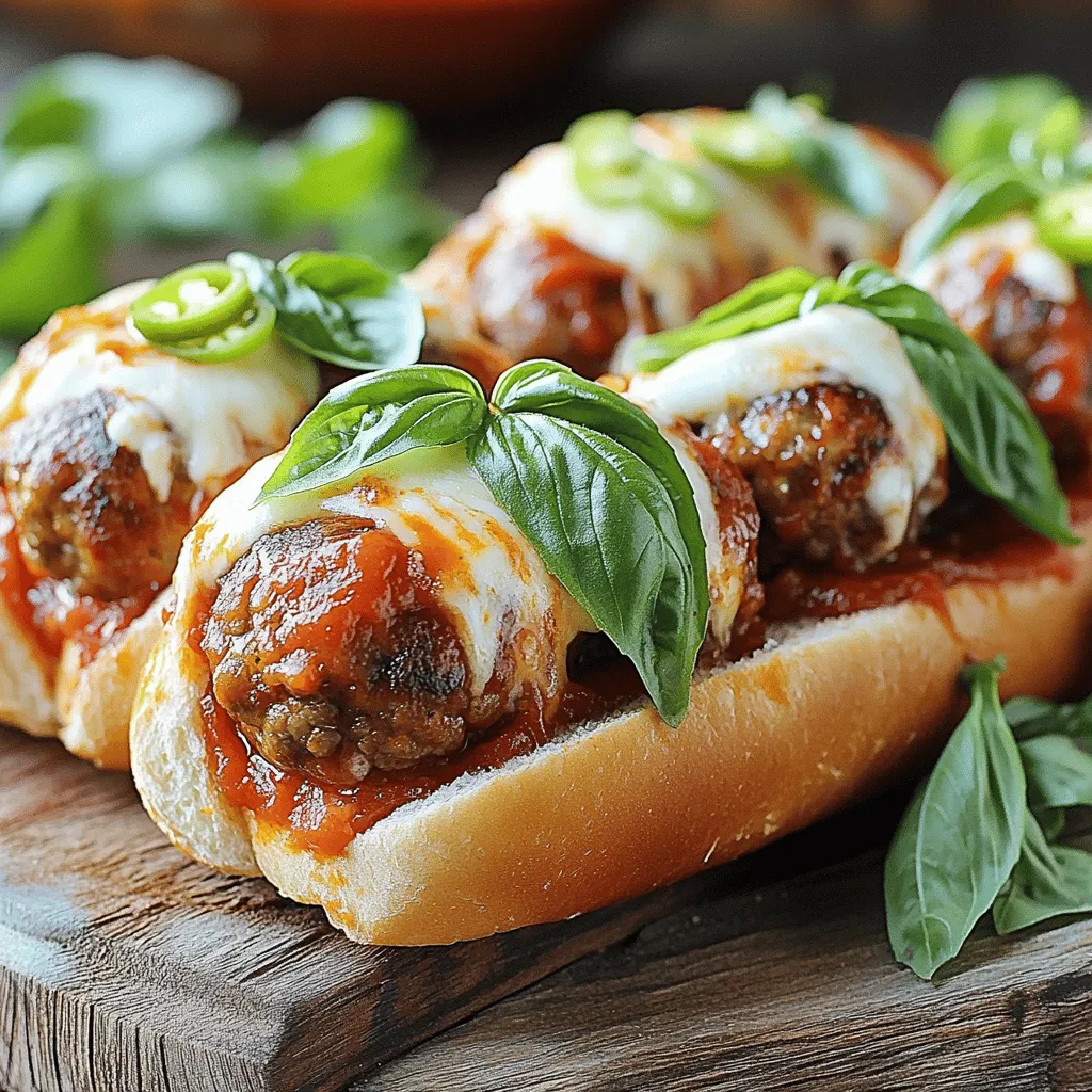 To make your meatball subs, gather these key ingredients: - 1 pound ground beef - 1/2 pound ground pork - 1/2 cup breadcrumbs - 1/4 cup grated Parmesan cheese - 2 cups marinara sauce - 4 hoagie/sub rolls These ingredients create the rich base for your subs. The mix of ground beef and pork gives the meatballs a great taste and texture. Breadcrumbs help hold the meatballs together while adding a bit of crunch. Parmesan cheese adds a salty, nutty flavor that is hard to beat. Marinara sauce brings everything together with its tangy goodness, and hoagie rolls are perfect for holding all that deliciousness. You can enhance your meatball subs with these optional ingredients: - 1 cup shredded mozzarella cheese - Fresh parsley, chopped - Fresh basil leaves - Sliced jalapeños - Crushed red pepper Adding shredded mozzarella cheese gives a nice melt and stretch, making every bite more enjoyable. Fresh parsley and basil not only look pretty but also add freshness. If you like a little heat, sliced jalapeños and crushed red pepper will give your subs a spicy kick. Feel free to mix and match these toppings to suit your taste. For the full recipe, check out the detailed steps above! 1. Preheat the Oven: Start by preheating your oven to 375°F (190°C). This step helps the subs bake evenly and get that perfect golden color. 2. Prepare Meatball Mixture: In a large mixing bowl, combine these ingredients: - 1 pound ground beef - 1/2 pound ground pork - 1/2 cup breadcrumbs - 1/4 cup grated Parmesan cheese - 1/4 cup fresh parsley, chopped - 2 cloves garlic, minced - 1 teaspoon dried oregano - 1 teaspoon salt - 1/2 teaspoon black pepper - 1 egg, beaten Mix everything well. You want it to be smooth and well-blended. 3. Form Meatballs: Shape the mixture into about 12-15 meatballs. Each meatball should be the size of a golf ball for the best fit in the subs. 4. Cook Meatballs: Heat a drizzle of olive oil in a large skillet over medium heat. Once the oil is hot, add the meatballs. Cook them for about 6-8 minutes, turning occasionally. Look for a nice brown color on all sides. 1. Add Marinara Sauce: After the meatballs are browned, pour 2 cups of marinara sauce over them. Gently stir to coat the meatballs evenly. Let this simmer for about 10 minutes. This step allows the flavors to mix well. Ensure the meatballs reach an internal temperature of 165°F (74°C). 2. Prepare Subs: Slice the hoagie rolls lengthwise and place them on a baking sheet. If you like, use a spoon to scoop out some of the bread from the inner side. This creates more room for the tasty filling. 3. Assemble Subs: Spoon 2-3 meatballs into each hoagie roll. Make sure to drench them in the sauce. Top each sub with shredded mozzarella cheese. 4. Bake the Subs: Place the assembled subs in the oven. Bake for about 10-12 minutes. Look for the cheese to melt and bubble. The bread should be lightly toasted. 5. Garnish & Serve: Remove the subs from the oven. You can add sliced jalapeños or crushed red pepper for extra flavor. Cut the subs in half and sprinkle fresh basil leaves on top before serving. Enjoy your delicious creation! For the full recipe, please refer to the earlier section. To make the best meatballs, focus on texture and flavor. Use both ground beef and ground pork for a rich taste. The mix gives a nice balance. - Ensure your breadcrumbs are fresh. Stale breadcrumbs can make meatballs dry. - Add a beaten egg to bind the meat. This keeps them from falling apart. - Mix gently. Over-mixing can make them tough. Common mistakes include using too much salt or not enough fat. A little fat keeps meatballs juicy. Make sure to season the mix well, but don’t overdo it. Taste your mixture before cooking. The right bread and cheese can elevate your meatball sub. Hoagie rolls are ideal; they hold up well. - Try using fresh mozzarella for a creamy texture. - Provolone cheese also melts nicely and adds flavor. For serving ideas, consider a rustic wooden board. Add a bowl of marinara for dipping. It looks great and keeps the meal fun. Garnish your subs with fresh parsley or basil. This adds color and a fresh taste. For a kick, top with sliced jalapeños or crushed red pepper. These options can please those who enjoy spice. Don't forget to cut the subs in half for easy eating! If you want the full recipe, check out the Savory Sizzlin' Meatball Subs. {{image_2}} You can swap out beef and pork for turkey or chicken. These meats offer a lighter taste. They still work well in meatball subs. Just use the same amount as you would for beef and pork. For a vegetarian or vegan option, try using lentils or chickpeas. These ingredients provide great texture. You can also use store-bought meat substitutes. Just follow the package instructions for cooking. Bread choice can change your meatball sub game. Ciabatta and baguettes are great alternatives to hoagie rolls. They add a nice crunch and flavor. Feel free to experiment with different types of bread to find your favorite. The sauce also plays a big role. You can use spicy marinara for a kick. Or try flavored sauces like pesto or roasted red pepper sauce. These options can add new layers of taste to your meatball sub. For the full recipe, check out the full recipe section! To keep your meatball subs fresh, start by letting them cool down. Once cool, wrap each sub in plastic wrap or foil. Place them in an airtight container. This keeps moisture in and prevents them from getting soggy. You can store them in the fridge for up to three days. For best results, eat them within this time to enjoy their full flavor. To freeze meatball subs, first, separate the meatballs from the bread. Wrap each meatball in plastic wrap, then place them in a freezer bag. Squeeze out air before sealing. For the bread, wrap it in foil, then add it to the freezer bag. This method stops freezer burn. When you want to reheat, remove the meatballs and bread from the freezer. Let them thaw overnight in the fridge. To heat, place meatballs in a pot on low heat with some marinara sauce. Stir until warmed through. For the bread, pop it in the oven at 350°F (175°C) for about 10 minutes. This way, you’ll have a warm, tasty meal just like the first day! To make meatballs tender, mix your ingredients gently. Overmixing can make them tough. Use a blend of ground beef and pork for flavor and moisture. Adding breadcrumbs keeps them light. You can also soak the breadcrumbs in milk before mixing. This adds moisture and flavor. Always handle the meat gently and form the meatballs without squeezing too hard. Yes, you can make meatball subs in advance. Prepare the meatballs and sauce the day before. Store them in the fridge in an airtight container. You can also assemble the subs and wrap them tightly. Just keep the cheese separate until you bake them. This keeps the bread from getting soggy. When you’re ready, bake them and enjoy! Several side dishes go well with meatball subs. A simple green salad adds freshness. You can also serve potato chips for a crunchy side. Garlic bread is a classic choice that complements the flavors. For something lighter, try carrot sticks or a veggie platter. Any of these sides will enhance your meal! I covered all the important parts of making amazing meatball subs. You learned about key ingredients, easy steps, and some great tips. Remember, the right mix of meat, sauce, and bread makes a perfect sub. Don't forget to try different toppings and bread options for a fun twist. Store leftovers properly, so you can enjoy them later. Dive into this tasty world and enjoy your meatball subs with family or friends. Happy cooking!