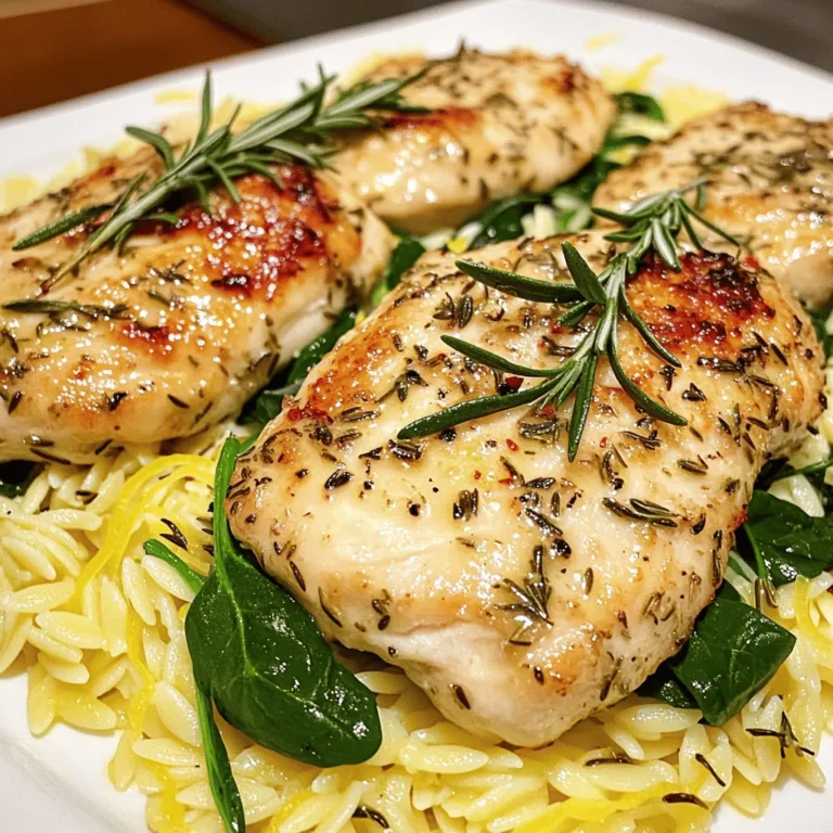 - Chicken and Marinade Components - 4 boneless, skinless chicken breasts - 4 tablespoons olive oil - 4 cloves garlic, minced - 1 tablespoon fresh rosemary, chopped - 1 tablespoon fresh thyme, chopped - Zest and juice of 1 lemon - Salt and pepper to taste - Broth and Pasta Ingredients - 2 cups low-sodium chicken broth - 1 cup orzo pasta - 2 cups baby spinach - Optional Add-ins - ¼ cup grated Parmesan cheese To create this dish, start with fresh chicken. Boneless, skinless breasts work best. You want them tender and easy to cook. The marinade is key. It adds flavor and keeps the chicken moist. I use olive oil and fresh herbs like rosemary and thyme. Garlic gives a nice punch, while lemon adds brightness. This balance makes every bite exciting. Next, we have the orzo. This pasta cooks quickly and absorbs flavors well. I prefer low-sodium chicken broth for a rich base. Add baby spinach to bring in some greens and nutrients. If you want, sprinkle in grated Parmesan cheese for a creamy finish. It enhances the dish and adds depth. For the full recipe, check out the complete instructions. Enjoy crafting this delightful meal! Preparing the Marinade To start, I mix olive oil, minced garlic, rosemary, thyme, lemon zest, and lemon juice in a bowl. I add salt and pepper to taste. This mix creates a flavorful marinade that makes the chicken tender and tasty. Importance of Marinating Time I let the chicken marinate for at least 30 minutes. If I have more time, I leave it overnight in the fridge. This longer time allows the flavors to soak in deeply. Searing Techniques In a large skillet, I heat more olive oil over medium-high heat. I take the chicken out of the marinade and let the excess drip off. I sear the chicken for about 5-6 minutes per side. I want it golden brown and cooked through. Importance of Chicken Temperature It’s key to cook the chicken until it reaches 165°F (75°C). This ensures it’s safe to eat. After cooking, I transfer the chicken to a plate and cover it with foil to keep warm. Cooking Instructions for Orzo In the same skillet, I add chicken broth and bring it to a simmer. I stir in the orzo and cook it according to the package instructions. Usually, this takes about 8-10 minutes until the orzo is al dente. Tips for Avoiding Overcooking I stir the orzo occasionally. This helps prevent it from sticking to the pan. Keeping an eye on the timer is also important to avoid mushy pasta. Adding Spinach and Optional Cheese Once the orzo is done, I add baby spinach to the skillet. I stir it until it wilts down. If I want a creamier texture, I sprinkle in grated Parmesan cheese. This adds a nice touch of flavor. Final Mixing and Seasoning I mix everything well. I taste and add more salt and pepper if needed. This step ensures every bite is full of flavor. Presentation Ideas I slice the chicken breasts and serve them over the lemon orzo. The bright colors of the dish make it look appealing. I like to drizzle any remaining juices from the skillet on top for extra flavor. Accompaniments This dish pairs well with a fresh salad or steamed vegetables. You can also enjoy it with crusty bread on the side for a complete meal. For the full recipe, check out the [Full Recipe]. - Overcooking Chicken: Chicken can dry out easily. Cook it just until it reaches 165°F. This keeps it juicy and tender. - Underseasoning the Orzo: Orzo needs flavor too! Use enough salt in the broth to enhance its taste. A bland orzo can ruin the dish. - Additional Herbs and Spices: Try adding basil or oregano for a different taste. Fresh herbs can brighten the dish. You can also add a hint of red pepper flakes for a spicy kick. - Melting Variations: Instead of Parmesan, use feta for a tangy twist. Goat cheese also adds creaminess and depth. Melted cheese makes everything better! - Recommended Cookware: A non-stick skillet is great for cooking the chicken. It helps to achieve that golden crust without sticking. - Useful Kitchen Gadgets: A meat thermometer ensures perfect chicken doneness. Also, a large spoon helps in stirring and serving the orzo. Check the Full Recipe for all the details. Happy cooking! {{image_2}} You can change the meat in this dish easily. Try using turkey instead of chicken. Turkey breasts work well and stay juicy with the same marinade. If you want a richer flavor, use duck. Just adjust the cooking time since duck takes longer to cook. For a vegetarian option, use tofu. Tofu absorbs flavors well. Press the tofu to remove excess water. Then, marinate it just like the chicken. Cook the tofu until it is golden brown. This gives you a tasty and healthy meal. If you don't have orzo, you can use rice or quinoa. Both options are easy to cook and pair well with the chicken. Just replace orzo with the same amount of rice or quinoa in the recipe. For those who need gluten-free options, choose gluten-free pasta. Many brands offer gluten-free orzo. You can also use chickpea pasta for extra protein. Cook it according to the package instructions for the best results. You can change the flavors in this dish with ease. Infusing different citrus fruits can add a twist. Try lime or orange juice instead of lemon. Each fruit gives a unique taste that pairs well with the chicken. Adding seasonal vegetables can also enhance the dish. Think about using zucchini, bell peppers, or asparagus. Sauté them with the chicken or toss them in with the orzo. This adds color and nutrition to your meal. For the full recipe, check out the complete guide I provided. Store your Garlic Herb Chicken with Lemon Orzo in proper containers. Use airtight containers to keep it fresh. Glass or plastic containers work well. Make sure the chicken and orzo cool down before sealing them. This will help avoid moisture buildup. In the fridge, this meal lasts about three to four days. Always check for any off smells or changes in texture before eating. If you notice anything odd, it’s best to throw it away. You can freeze both the chicken and orzo. First, let them cool completely. Then, place them in freezer-safe bags or containers. Remove as much air as possible to prevent freezer burn. Label the bags with the date. This helps you keep track of how long they’ve been in there. When you’re ready to eat, thaw the meal in the fridge overnight. For a quicker option, you can use the microwave. Reheat it gently on low power. Make sure the chicken reaches an internal temperature of 165°F (75°C) before serving. This ensures it’s safe to eat. To make Garlic Herb Chicken with Lemon Orzo, it takes about 50 minutes in total. You will spend around 30 minutes prepping and marinating the chicken. Cooking the chicken and orzo takes about 20 minutes. This dish is quick and easy, making it perfect for a weeknight meal. Yes, you can use different herbs in this recipe. If you don’t have rosemary or thyme, try using basil or oregano. Fresh herbs bring a lot of flavor. Dried herbs work too, but use less. About one-third the amount is a good start. Feel free to experiment and find the mix you enjoy most. Garlic Herb Chicken with Lemon Orzo goes great with many side dishes. Here are some ideas: - Roasted vegetables, like carrots and broccoli - A simple green salad with lemon vinaigrette - Garlic bread for a tasty touch - Steamed asparagus or green beans for freshness These sides balance the meal well and make it more filling. Yes, you can make this dish ahead of time. Marinate the chicken a day before. This will enhance its flavor. You can also cook the orzo and store it separately in the fridge. Just reheat it before serving. If you want, you can warm the chicken in the oven at a low temperature. This method helps keep everything juicy and tasty. For the full recipe, refer to the earlier section. To wrap up, this article explored each step for making Garlic Herb Chicken with Lemon Orzo. We covered the ingredients, cooking details, and helpful tips to ensure your dish shines. Remember, marinating the chicken is key for great flavor. Avoid common mistakes like overcooking the chicken or underseasoning the orzo. With the right variations, tools, and storage tips, this meal fits any occasion. Enjoy your cooking and impress everyone with this tasty dish!