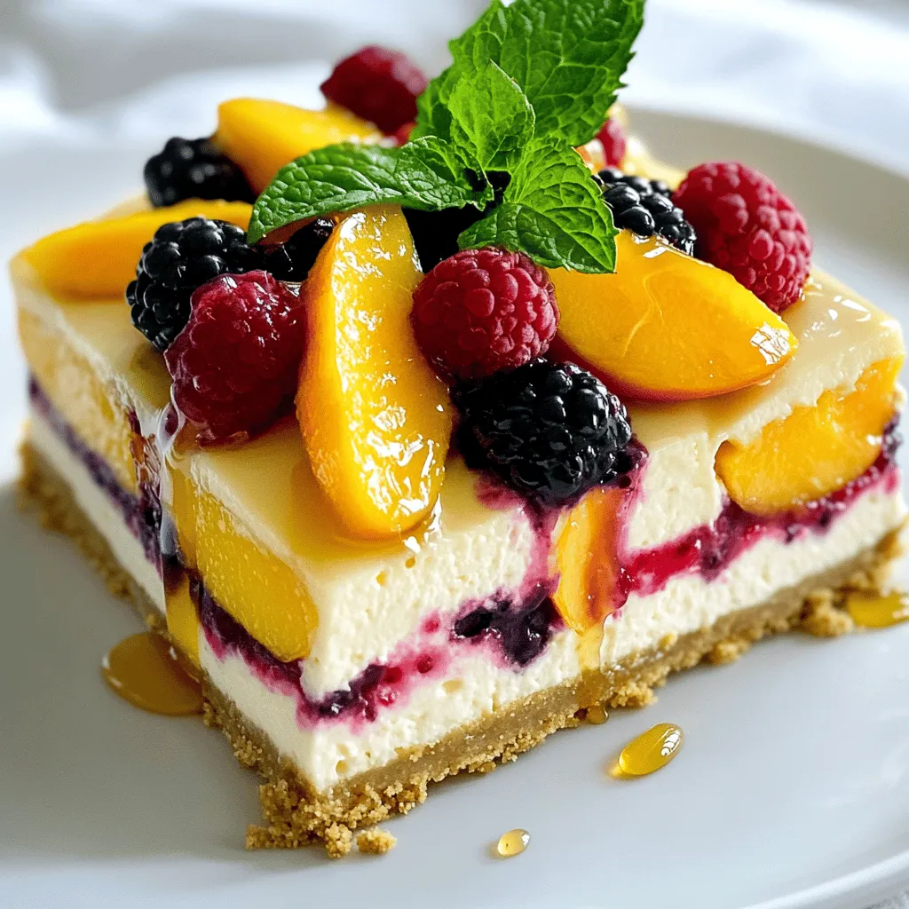 This Summer Berry Peach Cheesecake is a delightful blend of creamy goodness and fruity flavors. It features a buttery graham cracker crust paired with a rich cream cheese filling. Each slice offers vibrant colors from the peaches and mixed berries. You will love how easy it is to make! - 1 ½ cups graham cracker crumbs - ½ cup unsalted butter, melted - 2 tablespoons sugar - 16 oz cream cheese, softened - ¾ cup sugar - 2 teaspoons vanilla extract - 3 large eggs - 1 cup sour cream - 2 ripe peaches, sliced - 1 cup mixed berries (strawberries, blueberries, raspberries) - ¼ cup honey - Fresh mint leaves for garnish To make this cheesecake, you will need: - A 9-inch springform pan - Mixing bowls - An electric mixer - A small saucepan - A spatula - Measuring cups and spoons Gather these tools before you start. It makes the process smooth and fun! First, preheat your oven to 325°F (160°C). This temperature helps the cheesecake cook evenly. While it heats, grease a 9-inch springform pan. Use cooking spray or butter to ensure the cheesecake releases easily later. In a mixing bowl, combine 1 ½ cups graham cracker crumbs, ½ cup melted butter, and 2 tablespoons sugar. Mix until it looks like wet sand. Press this mixture firmly into the bottom of the springform pan. Bake the crust for 10 minutes. Let it cool completely before adding the filling. In a large bowl, beat 16 oz softened cream cheese with an electric mixer. Mix until smooth and creamy. Next, add ¾ cup sugar and beat until well blended. Add 2 teaspoons vanilla extract, and mix again. Beat in 3 large eggs, one at a time. Make sure each egg is mixed in well before adding the next. Finally, fold in 1 cup sour cream gently until just combined. Pour half of the cream cheese mixture over the cooled crust. Layer half of the sliced peaches evenly on top. Then, add the rest of the cream cheese mixture. Finish by layering the remaining peaches and 1 cup mixed berries on the top. This gives it a lovely look and taste. Place the cheesecake in the preheated oven. Bake for 50-60 minutes, or until the center is set but still slightly jiggly. Once done, turn off the oven. Leave the cheesecake inside for one hour without opening the door. This helps prevent cracks. After an hour, remove it from the oven and let it cool down to room temperature. Refrigerate for at least 4 hours, or overnight for the best texture. You can find the Full Recipe [here](#). To get a smooth and creamy cheesecake, start with room temperature cream cheese. Cold cream cheese will lead to lumps. Use an electric mixer to beat it until it is silky and light. Adding eggs one at a time ensures even mixing. Always mix gently when adding sour cream to avoid over-mixing. Cracks can happen, but you can avoid them. Bake your cheesecake at a low temperature, around 325°F (160°C). After baking, turn off the oven and let the cheesecake sit inside for one hour. This slow cooling helps prevent sudden temperature changes that cause cracks. Also, avoid opening the oven door while it cools. To serve the cheesecake, let it chill in the fridge for at least four hours or overnight. This helps the flavors blend and the texture set. When it’s time to slice, use a hot knife for clean cuts. Dip the knife in hot water and wipe it dry before each slice. Top each slice with fresh berries and a drizzle of honey for added flavor. Enjoy your delightful creation! For the full recipe, check out the [Full Recipe]. {{image_2}} You can change the fruit in this cheesecake to match your taste. Try ripe mango, tart cherries, or sweet plums. Each fruit brings a unique flavor. For a tropical twist, use pineapple and coconut. Mixing berries is great too! Blueberries, blackberries, or even cranberries can work well. Just remember to keep the balance between sweet and tart. You can make this cheesecake without dairy. Use vegan cream cheese and coconut yogurt instead of sour cream. For the crust, swap regular butter for coconut oil. Use maple syrup instead of honey for a sweet touch. This way, everyone can enjoy this treat, no matter their diet! Mini cheesecakes are fun and easy to serve. Use muffin tins or small jars. Simply divide the crust and filling into smaller portions. Bake for about 20-25 minutes. They cool faster too! Top them with fresh fruit or a drizzle of chocolate for a cute touch. These mini versions make great party treats! For the full recipe, check out the detailed instructions above. To keep your cheesecake fresh, wrap it tightly. Use plastic wrap or foil. Place it in the fridge if you plan to eat it soon. Make sure it is in an airtight container. This helps prevent drying out and keeps flavors strong. Cheesecake lasts about five days in the fridge. After that, it may lose its taste and texture. Always check for any signs of spoilage before eating. If you see any mold or smell anything off, it’s best to toss it out. You can freeze cheesecake to enjoy later. Wrap slices tightly in plastic wrap. Then place them in a freezer-safe bag or container. It can last up to three months in the freezer. When you want to eat it, move it to the fridge to thaw overnight. Enjoying a slice of summer berry peach cheesecake later on is a delightful treat! For the full recipe, check out the earlier section. Yes, you can use frozen berries and peaches. Just make sure to thaw and drain them first. This keeps the cheesecake from getting too watery. Frozen fruit works well in this recipe and still tastes great. The cheesecake is done when the edges are set, but the center is slightly jiggly. It will firm up as it cools. You can also check with a toothpick. If it comes out mostly clean, your cheesecake is ready. You can serve this cheesecake with whipped cream, fresh fruit, or a fruit sauce. A drizzle of honey is also a nice touch. Fresh mint leaves make a lovely garnish too. Yes, you can make this cheesecake a day ahead. It tastes even better after chilling overnight. Just cover it well and store it in the fridge. This gives the flavors time to blend and makes it easier to slice. For the complete recipe, check out the Full Recipe section above. You learned about making a delicious Summer Berry Peach Cheesecake. We covered the key steps: preparing the crust, cream cheese filling, and baking. I shared tips for achieving a perfect texture and how to store your cheesecake. You can even try different fruit combos or mini versions. Remember, this recipe is flexible. Enjoy making it your own. Happy baking!