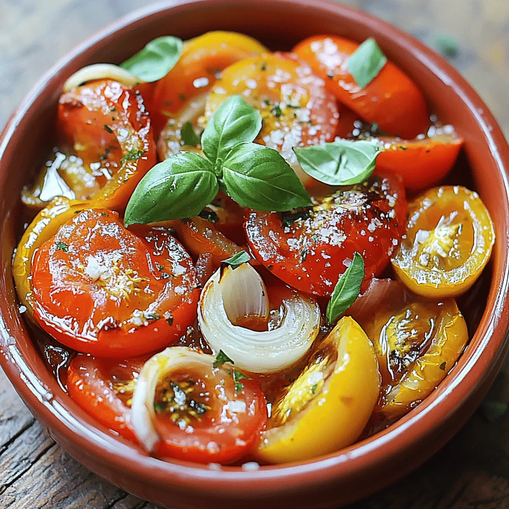 - Ripe tomatoes: 3 pounds, variety of colors - Onion: 1 medium, quartered - Garlic: 4 cloves, unpeeled - Olive oil: 2 tablespoons - Salt: 1 teaspoon - Black pepper: 1/2 teaspoon - Dried oregano: 1 teaspoon - Dried basil: 1 teaspoon - Balsamic vinegar: 1 tablespoon (optional) - Fresh basil leaves Gathering good ingredients is key to a great sauce. I love using ripe tomatoes. They give the best taste and color. Choose a mix of colors for a lively look. Each tomato carries its own sweet flavor. The onion adds depth, while garlic brings warmth. Don't peel the garlic! Roasting it whole makes it soft and sweet. Next, I use olive oil. It enhances the flavors and helps the veggies roast well. Salt and black pepper are must-haves. They bring out the natural taste. The herbs, oregano and basil, add a lovely aroma. You can even add balsamic vinegar if you want a hint of sweetness. It’s optional but makes a difference. For garnish, fresh basil leaves brighten the dish. They add a nice pop of color and freshness. Once you have all these ingredients, you're ready to create magic. Check out the Full Recipe for step-by-step instructions to bring this delicious sauce to life! - Preheat the oven to 400°F (200°C). - Line a baking sheet with parchment paper. - Position tomatoes, onion, and garlic on the baking sheet. - Place the tomatoes cut-side up for even roasting. - Drizzle with olive oil and sprinkle seasonings. - Toss everything gently to coat well. - Roast for 35-40 minutes until caramelized. - Cool slightly before blending the roasted ingredients. - Squeeze the garlic from its skin into the blender. - Adjust seasoning to taste. Add more salt or herbs if needed. This method captures the rich flavors of the roasted tomatoes, making the sauce both simple and delicious. You can find the full recipe [here]. To boost the taste of your roasted tomato sauce, you can play with herbs and spices. Basil and oregano are classic choices. You can also try thyme or rosemary for a different twist. If you like heat, add a pinch of crushed red pepper. Roasting your tomatoes well makes them sweet. Here’s how to get the best flavor: Use ripe tomatoes. Spread them evenly on the baking sheet. Make sure they are cut-side up. This helps them caramelize nicely. A drizzle of balsamic vinegar can add more sweetness if you like. This sauce pairs well with many dishes. Toss it with pasta for a quick meal. You can also use it on pizza or as a sauce for grilled meats. The bright flavors elevate every dish. For presentation, drizzle some extra virgin olive oil on top. Garnish with fresh basil leaves for a pop of color. This simple touch makes your dish look gourmet and inviting. When blending your sauce, think about how smooth you want it. For a chunky texture, pulse the blender a few times. For a smooth sauce, blend it until it’s creamy. You can use either a blender or a food processor. A blender works great for smooth sauces. If you prefer to keep some chunks, a food processor is perfect. Both tools can help you achieve the sauce you desire. For the full recipe, check out the detailed steps to create this delicious sauce at home! {{image_2}} You can enhance your roasted tomato sauce by adding other vegetables. Try bell peppers or zucchini for a fresh twist. These veggies add flavor and nutrition. You can also stir in cheese or cream. This makes the sauce richer and creamier. A touch of mascarpone or Parmesan cheese works wonders. If you prefer, you can make this sauce on the stovetop or in a slow cooker. For stovetop, sauté your onions and garlic in olive oil first. Then, add the tomatoes and cook them down. In a slow cooker, combine all ingredients and let it simmer for hours. Adjust the recipe for different diets too. You can keep it vegan by skipping cheese and cream. It’s naturally gluten-free as well. Infusing your sauce with herbs adds depth. You can use fresh thyme or rosemary for a fragrant touch. They pair well with the sweet roasted tomatoes. If you like heat, add red pepper flakes. This brings a nice kick to the sauce. Experiment with these variations to find your perfect flavor! To keep your homemade roasted tomato sauce fresh, store it in an airtight container. Make sure it cools to room temperature first. This helps lock in the flavor. When stored properly, your sauce lasts up to a week in the fridge. You can easily check for freshness by smelling it. If it smells off, discard it. Freezing is a great way to save your sauce for later. To freeze it, let the sauce cool completely. Then, pour it into freezer-safe bags or containers. Squeeze out as much air as you can to prevent freezer burn. For best results, use the sauce within three months. To defrost, place it in the fridge overnight or use the microwave. When reheating your sauce, do it slowly to keep the flavor intact. You can warm it on the stove over low heat. Stir often to prevent burning. If the sauce seems thick, add a splash of water or broth. You can also repurpose leftover sauce. Try using it on pasta, in casseroles, or as a pizza base. Its rich taste adds depth to many dishes! Homemade roasted tomato sauce lasts about one week in the fridge. Store it in an airtight container to keep it fresh. You can also freeze it for longer storage. When frozen, it can last up to six months. Just thaw it in the fridge overnight before using. Yes, you can use canned tomatoes as a substitute. Choose whole or crushed tomatoes for best results. Drain excess liquid to avoid a watery sauce. You may need to adjust cooking time; roasted canned tomatoes may not need as long. Roasted tomato sauce is very versatile. You can use it in: - Pasta dishes, like spaghetti or lasagna - Pizza as a base sauce - Dipping sauce for breadsticks - Soup for a rich tomato flavor - Topping for grilled meats or vegetables Yes, roasted tomato sauce is healthy. Tomatoes are low in calories and high in vitamins. They contain vitamin C, potassium, and antioxidants. The olive oil adds healthy fats. Garlic and herbs boost flavor and health benefits. Enjoy this sauce guilt-free! In this blog post, we explored delicious roasted tomato sauce. You learned about key ingredients like ripe tomatoes, garlic, and olive oil. I provided step-by-step instructions for roasting and blending. We discussed tips for flavor and serving suggestions. Also, we examined variants and storage methods. Roasted tomato sauce adds depth to many dishes. With these tips, you can make a sauce that impresses. Enjoy the joy of cooking with fresh ingredients and explore the flavors!
