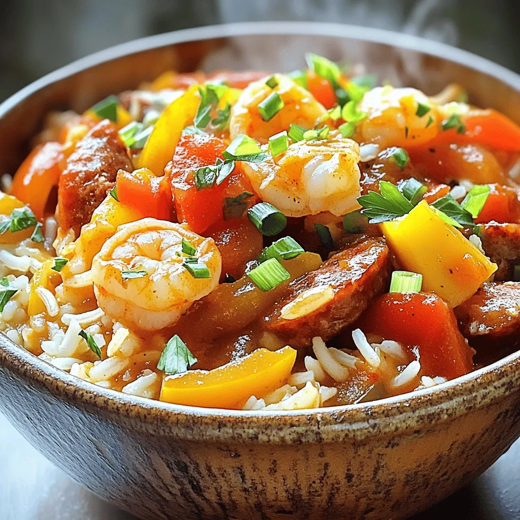 To make a delicious jambalaya, gather the following ingredients: - 1 pound andouille sausage, sliced - 1 pound shrimp, peeled and deveined - 1 cup chicken breast, diced - 1 bell pepper, diced (preferably red or green) - 1 cup onion, chopped - 1 cup celery, chopped - 3 cloves garlic, minced - 1 can (14 oz) diced tomatoes, with juices - 4 cups chicken broth - 2 cups long-grain rice - 2 teaspoons Cajun seasoning - 1 teaspoon dried thyme - 1 bay leaf - Salt and pepper to taste - 2 tablespoons olive oil - ¼ cup green onions, chopped (for garnish) - Fresh parsley, chopped (for garnish) Each ingredient plays a key role in flavor. For the sausage, use one pound. It adds a rich, smoky taste. You will also need one pound of shrimp. This gives the dish a nice seafood touch. The chicken breast should be one cup, diced. This adds heartiness. For vegetables, prepare one bell pepper, one cup of onion, and one cup of celery. These add color and crunch. Garlic should be three cloves, minced, for that extra flavor. Use one can of diced tomatoes, and four cups of chicken broth. This creates a tasty base. For rice, you will need two cups of long-grain rice to soak up all the flavors. Season with two teaspoons of Cajun seasoning and one teaspoon of dried thyme. These spices bring out the dish's soul. Don't forget salt and pepper to taste! Quality matters. Fresh ingredients make a big difference. Choose ripe tomatoes and fresh herbs. This choice enhances your jambalaya’s overall taste. Start with a large pot or Dutch oven. Heat up the olive oil over medium heat. Add the sliced andouille sausage. Sauté it until it turns brown, about 5 minutes. This step adds a nice flavor to the dish. Next, add the diced chicken breast. Cook until it is browned and cooked through, about 5 to 7 minutes. Both meats need to be cooked well for the best taste. Now it's time to add some color and crunch. Stir in the diced bell pepper, chopped onion, chopped celery, and minced garlic. Sauté these vegetables until they are tender, which takes about 4 to 5 minutes. Getting the cooking times right is key. This way, the veggies still have some texture and flavor when you serve the dish. It's time to bring everything together! Add the diced tomatoes, chicken broth, and long-grain rice to the pot. Don't forget the Cajun seasoning, dried thyme, bay leaf, salt, and pepper. Stir everything well to mix the flavors. Bring the mixture to a boil, then reduce the heat to low. Cover the pot and let it simmer for about 20 minutes. The rice should be tender and absorb most of the liquid. After the rice cooks, gently fold in the shrimp. Cook for an additional 5 minutes. The shrimp will turn pink and opaque when done. This is the final touch for your jambalaya. Remove the bay leaf and fluff the jambalaya with a fork. Adjust seasoning with extra salt and pepper if needed. For the full recipe, don't forget to check the complete list of ingredients and instructions! To make your jambalaya truly shine, adjust your seasonings. Taste your dish as it cooks. If it feels bland, a pinch of salt or a dash of Cajun seasoning can elevate the taste. Trust your palate! Cooking techniques also matter. Start with browning your andouille sausage well. This adds depth. The fond left in the pot gives great flavor. Sauté your veggies just until tender. This keeps them vibrant and tasty. Garnishing your jambalaya can make it pop. Use fresh green onions and parsley. Sprinkle them on top right before serving. This adds color and freshness. When serving, choose deep bowls. Ladle the jambalaya in and let it shine. Pair it with crusty bread or a fresh salad. This adds a nice contrast and rounds out your meal beautifully. {{image_2}} For a tasty seafood jambalaya, you can add various seafood types. Shrimp is common, but you can also try crab, scallops, or mussels. Each of these seafood options brings its own unique flavor. Cooking times differ based on the seafood type: - Shrimp cooks in about 5 minutes. - Scallops need about 3-4 minutes. - Mussels should cook for 5-7 minutes until they open. These cook times ensure that your seafood stays tender and juicy. If you prefer a chicken-only version, you will need to adjust the ingredient amounts. Use about 2 cups of diced chicken breast instead of the sausage and shrimp. When cooking chicken jambalaya, brown the chicken first for extra flavor. Sauté it for about 5-7 minutes. This step creates a nice base for your dish. To make a vegetarian jambalaya, substitute proteins with beans or tofu. Black beans or kidney beans work well for added protein and fiber. For flavor enhancement, add more spices like smoked paprika or cayenne pepper. You can also toss in extra veggies, such as zucchini or corn, to make it hearty. These variations allow you to customize jambalaya to your taste and dietary needs. Check out the Full Recipe for more details on how to create your perfect dish! To keep your jambalaya fresh, follow these steps: - Cool Down: Let the jambalaya cool to room temperature. This helps prevent condensation. - Refrigerate: Store in the fridge within two hours of cooking. The cold keeps bacteria away. - Use Airtight Containers: Choose plastic or glass containers with tight lids. This keeps the flavors locked in. Leftover jambalaya can last for about three to four days in the fridge. If you want to keep it longer, freezing is a great option. When you are ready to eat leftover jambalaya, here are the best ways to reheat it: - Stovetop Method: Place jambalaya in a pot. Add a splash of broth or water to keep it moist. Heat over low, stirring often until warm. - Microwave Method: Put jambalaya in a microwave-safe bowl. Add a little water. Cover with a damp paper towel. Heat in 1-minute intervals, stirring each time, until hot. To keep the texture and flavor, avoid high heat. This can make the rice mushy. Enjoy your delicious jambalaya again with the full recipe for a fresh twist! To make jambalaya from scratch, follow these basic steps: 1. Cook the sausage: Start by heating olive oil in a large pot. Add sliced andouille sausage and brown it for about 5 minutes. 2. Add chicken: Next, add diced chicken breast. Cook it for about 5 to 7 minutes until it is no longer pink. 3. Sauté vegetables: Stir in diced bell pepper, chopped onion, chopped celery, and minced garlic. Cook them for around 4 to 5 minutes until they become soft. 4. Mix in other ingredients: Add diced tomatoes, chicken broth, rice, and spices like Cajun seasoning and thyme. Stir everything well. 5. Simmer: Bring the mix to a boil, then reduce heat. Cover the pot and let it simmer for about 20 minutes until the rice is tender. 6. Add shrimp: Fold in peeled shrimp and cook for 5 more minutes until they turn pink. 7. Serve: Fluff the jambalaya with a fork and enjoy your meal! The key differences between jambalaya and gumbo are in their ingredients and texture: - Ingredients: Jambalaya uses rice cooked with meats and vegetables, while gumbo is a stew often served over rice. - Texture: Jambalaya is thicker and drier, while gumbo is more liquid and soupy. Yes, you can use brown rice instead of white rice, but you need to adjust cooking times. Brown rice takes longer to cook, typically about 40 to 45 minutes. It also adds a nuttier flavor and chewier texture to the dish. Just be sure to add more broth to keep the dish moist. This article covers how to make delicious jambalaya. You learned about essential ingredients like sausage, shrimp, and chicken. I shared cooking steps to help you perfect the dish. You also discovered tips for flavor and presentation. Remember, quality matters. Adjust seasonings for your taste. Experiment with variations to suit your needs. Finally, store any leftovers properly for later enjoyment. Now, it's time to create your own tasty jambalaya!