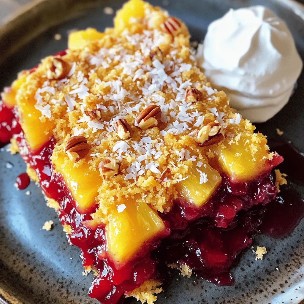 - 1 (21 oz) can cherry pie filling - 1 (20 oz) can crushed pineapple, drained - 1 (15.25 oz) box yellow cake mix - 1 cup unsalted butter, melted I love using simple ingredients for this dessert. The cherry pie filling gives a sweet and tart flavor. The crushed pineapple adds a juicy twist. Together, they create a tasty base. The yellow cake mix makes it easy to bake. Just sprinkle it on top without mixing. Finally, melted butter helps form a golden, crunchy layer. - 1 cup shredded coconut - 1 cup chopped pecans or walnuts - 1 teaspoon vanilla extract These optional ingredients can boost flavor and texture. Adding coconut gives a tropical taste. Nuts add a nice crunch. A dash of vanilla can make it smell amazing. Feel free to mix and match these extras based on your taste. - Whipped cream - Vanilla ice cream When serving, I recommend adding whipped cream or vanilla ice cream. Both options make this dessert even more delightful. The creaminess contrasts well with the fruit and cake. Enjoying it warm heightens the flavors. For a fun twist, try adding a sprinkle of nuts or coconut on top! - Preheat the oven to 350°F (175°C). This warms the oven for even baking. - Prepare the baking dish with cooking spray or butter. This step keeps the cake from sticking. - Spread cherry pie filling evenly across the bottom of the baking dish. This is the sweet base. - Add the drained crushed pineapple on top of the cherry filling. This gives a nice, juicy layer. - Sprinkle the yellow cake mix over the fruit layers. Do not mix it in; it will form the topping. - Drizzle the melted butter all over the cake mix. This will create a crunchy topping as it bakes. - Bake for 45-50 minutes until the top is golden brown. You want it bubbly and crisp. - Allow cooling time before serving. This helps the layers set and makes it easier to cut. To check if your cake is done, look for a golden top. Insert a toothpick in the center. If it comes out clean, your cake is ready! If it has batter on it, bake a few more minutes. Even distribution of ingredients is key. Spread the cherry pie filling and crushed pineapple evenly in the pan. This ensures every bite is full of flavor. A good spread helps the cake bake evenly. For a twist, try adding spices like cinnamon or nutmeg. These spices add warmth and depth to the cake. They blend well with the sweet cherries and tangy pineapple. Using fresh fruits can enhance the taste. Fresh cherries and pineapples have a bright flavor. If you use canned fruits, make sure to drain them well. This prevents excess liquid, which can make the cake soggy. Garnish your cake with fresh mint leaves for a splash of color. You can also sprinkle some toasted coconut or nuts on top. These add texture and make the cake look fancy. The best serving temperature is warm. Serve it right out of the oven or let it cool for ten minutes. Top each slice with whipped cream or vanilla ice cream for extra delight. For the full experience, enjoy it warm! {{image_2}} You can make this treat fit your needs with simple swaps. For those avoiding gluten, look for gluten-free cake mixes. Brands like Bob's Red Mill offer tasty options that work well in this recipe. If you prefer vegan options, replace the butter with coconut oil or a vegan butter. Use a vegan cake mix too. Many brands have options that are both tasty and satisfying. Want to mix things up? Try different fruit fillings! You can use peach or blueberry for a fresh twist. Each fruit brings a new flavor to your cake. You can also switch up the cake mix flavor. Chocolate cake mix adds a rich, decadent taste. Lemon cake mix gives a bright and zesty touch. Experiment to find your favorite. For a gourmet touch, consider unique toppings. Drizzle caramel sauce or chocolate syrup over the top. This adds sweetness and style to your cake. Seasonal fruits can also make your dessert shine. In summer, fresh berries work great. In fall, try adding chopped apples or pears for a cozy flavor. These variations keep the cake exciting and fun to enjoy. To store leftovers, cover the Cherry Pineapple Dump Cake tightly with plastic wrap. This keeps it fresh and moist. You can also use an airtight container. The cake stays good in the fridge for about 3 to 5 days. To freeze Cherry Pineapple Dump Cake, let it cool completely first. Then, cut it into slices. Wrap each slice in plastic wrap and place them in a freezer-safe bag. You can store it in the freezer for up to 3 months. When ready to enjoy, remove a slice and let it thaw in the fridge overnight. To reheat, the best method is using the oven. Preheat it to 350°F (175°C). Place the cake in a baking dish and cover it with foil. Heat for about 15-20 minutes. This method helps maintain the cake's texture and flavor. You can also microwave slices for about 30 seconds. Enjoy your warm cake with whipped cream or ice cream! Can I make Cherry Pineapple Dump Cake ahead of time? Yes, you can make this cake ahead of time. Prepare it and bake it as usual. Let it cool, then cover and store it in the fridge for up to two days. When ready to serve, warm it in the oven for a few minutes. This keeps the flavors fresh and the texture nice. Is it possible to use fresh cherries and pineapples? Yes, you can use fresh fruits. For cherries, pit and halve them. For pineapples, chop them into small pieces. Fresh fruit adds a bright flavor. Just remember to adjust the amount of sugar based on sweetness. How do I know when the cake is done baking? The cake is done when the top is golden brown and bubbly. You can also insert a toothpick in the center. If it comes out clean, your cake is ready. Keep an eye on it during the last few minutes to avoid overbaking. Can I use a different size baking dish? Yes, you can. If you use a smaller dish, the cake may take longer to bake. A larger dish will make a thinner cake that bakes faster. Adjust the baking time as needed based on the size of your dish. Is Cherry Pineapple Dump Cake suitable for gluten-free diets? Yes, you can make it gluten-free. Just choose a gluten-free cake mix. The rest of the ingredients are naturally gluten-free. This way, everyone can enjoy this delicious treat. What nut-free options can be used in this recipe? If you want a nut-free cake, simply skip the nuts. You can add more coconut for texture. You can also use seeds like sunflower seeds as a crunchy alternative. This keeps the cake tasty for those with nut allergies. For the full recipe, check out the earlier section! This cherry pineapple dump cake is a simple yet delightful dessert. We covered key ingredients, easy steps, and helpful tips. You can tweak flavors and toppings to make it your own. Remember to store leftovers properly to enjoy later. With each bite, you can savor the delicious mix of cherries and pineapple. Try it for your next gathering, and it is sure to impress! Enjoy baking and sharing this sweet treat with friends and family.