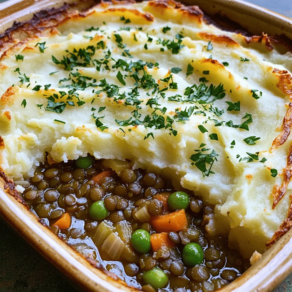 To make Easy Lentil Shepherd's Pie, gather these ingredients: - 1 cup green or brown lentils, rinsed - 2 cups vegetable broth - 1 medium onion, diced - 2 garlic cloves, minced - 2 carrots, diced - 2 celery stalks, diced - 1 teaspoon dried thyme - 1 teaspoon dried rosemary - 1 tablespoon soy sauce or tamari - 1 cup frozen peas - 4 medium potatoes, peeled and chopped - 1/4 cup milk (or plant-based milk) - 2 tablespoons butter (or plant-based substitute) - Salt and pepper to taste You can swap some ingredients to suit your taste. For lentils, you can use canned lentils for quicker prep. Instead of vegetable broth, chicken broth works well if you don't need it to be plant-based. If you want a richer flavor, add a splash of red wine. For veggies, use corn or bell peppers for a twist. You can also switch potatoes with cauliflower for a lighter topping. This dish serves about six people. Each serving has a balanced mix of nutrients. Lentils provide protein and fiber. Potatoes offer vitamins and minerals. Each serving has around: - Calories: 300 - Protein: 12g - Carbohydrates: 50g - Fiber: 10g - Fat: 7g This meal is hearty and good for you. You get comfort food that fills you up without guilt. Enjoy the full recipe for more details on cooking this tasty dish! Start by rinsing 1 cup of lentils under cold water. In a pot, combine the rinsed lentils with 2 cups of vegetable broth. Bring this mix to a boil over high heat. Once it boils, turn the heat down low. Cover the pot and let it simmer for about 25-30 minutes. You want the lentils to be tender but not mushy. If there's extra broth, drain it off. While the lentils cook, heat 1-2 tablespoons of olive oil in a large skillet over medium heat. Add 1 medium diced onion, 2 diced carrots, and 2 diced celery stalks. Sauté these for about 5-7 minutes until they soften. Next, add 2 minced garlic cloves, 1 teaspoon of dried thyme, and 1 teaspoon of dried rosemary. Cook for 1 more minute to bring out the flavors. Then, mix in the cooked lentils, 1 tablespoon of soy sauce, and 1 cup of frozen peas. Stir everything well, add salt and pepper to taste, and take it off the heat. In a separate pot, boil 4 peeled and chopped potatoes in salted water until they are tender. This usually takes about 15-20 minutes. Drain the potatoes and return them to the pot. Add 1/4 cup of milk and 2 tablespoons of butter. Mash until they are creamy. Season with salt and pepper to your liking. Grab a greased baking dish and spread the lentil and vegetable filling evenly across the bottom. Next, top it with the creamy mashed potatoes. Use a spatula or a fork to create texture on the surface. This will make it crispy when baked. Place the dish in your preheated oven at 400°F (200°C) and bake for 20-25 minutes. Look for a golden brown top that is slightly crispy. Enjoy this Easy Lentil Shepherd's Pie as a warm, hearty meal. For the full recipe, check out the [Full Recipe]. To enhance the flavor of your lentil shepherd's pie, use fresh herbs. Fresh thyme and rosemary bring a bright taste. Adding a splash of balsamic vinegar can deepen the flavors. You can also mix in some chopped mushrooms for umami. If you like heat, consider adding a pinch of red pepper flakes. This will give your pie a nice kick. Don’t forget to taste your filling as you go. Adjust salt and pepper to suit your palate. One common mistake is overcooking the lentils. They should be tender but not mushy. Rinse them well before cooking to remove any bitterness. Another mistake is not seasoning the vegetables enough. Proper seasoning makes a big difference. Also, make sure your mashed potatoes are creamy. Lumpy potatoes can ruin the texture of your pie. Lastly, don’t rush the baking. The top needs time to brown for the best flavor. Use starchy potatoes like Russets for fluffy mashed potatoes. After boiling, let them steam dry for a minute. This helps remove extra moisture. Use a potato masher for a smooth texture. If you want a richer flavor, warm your milk and butter before adding them. This keeps the mash creamy. Season with salt and pepper to taste. Always taste your mash before spreading it over the filling. {{image_2}} You can change the flavor by adding different vegetables. Think of spinach, corn, or bell peppers. These add color and nutrition to your dish. You can toss in zucchini or mushrooms for a hearty bite. Just chop them small, so they cook well. If you want a sweeter taste, try adding some butternut squash. Each veggie choice gives a new twist to the classic recipe. If you want a meatier flavor, use meat alternatives. Crumbled tempeh or tofu works great. You can also try veggie sausage for a spicy kick. These options blend well with lentils and add protein. Feel free to mix in some cooked quinoa for extra texture. This gives you a filling and satisfying meal. Making this dish vegan is easy. Simply use plant-based milk and butter. For a gluten-free option, ensure your soy sauce is gluten-free or switch to tamari. You can also replace mashed potatoes with mashed cauliflower for fewer carbs. These changes keep the dish tasty while meeting dietary needs. The flavor stays rich and comforting regardless of your choices. Check out the full recipe to see how to make these variations shine! After enjoying your easy lentil shepherd's pie, let it cool. Place leftovers in an airtight container. Store them in the fridge for up to three days. Make sure to cover it well to keep it fresh. This way, you can enjoy the flavors again soon! To reheat, you have a few options. You can use a microwave or an oven. If you're using a microwave, place a portion on a plate and cover it. Heat for about 2-3 minutes, checking every minute. For the oven, preheat it to 350°F (175°C). Put the pie in a dish and cover it with foil. Heat for about 15-20 minutes. Both methods work well! If you want to save some for later, freezing is a great option. Cut the pie into portions and wrap each piece in plastic wrap. Then, put them in a freezer-safe bag. Label the bag with the date. You can freeze it for up to three months. When you're ready to enjoy it, thaw in the fridge overnight before reheating. This keeps the taste and texture just right! Yes, you can use dried lentils. Dried lentils need cooking first. Rinse them well and use two cups of water for each cup of lentils. Cook them for about 25-30 minutes in a pot until they are soft. This method gives you a fresher taste. For mashing, I like using Yukon Gold or Russet potatoes. These types are creamy and fluffy when cooked. They mash well and soak up flavors nicely. Avoid waxy potatoes like red potatoes, as they don’t give the same texture. To add spice, try using chili powder or red pepper flakes. You can also add diced jalapeños or hot sauce to the lentil filling. Start with small amounts and taste as you go. This way, you find the right heat level for you. Yes, you can make this dish ahead of time. Prepare the filling and mashed potatoes separately. Store them in the fridge for up to two days. When ready to eat, layer them in a dish and bake. This keeps the flavors fresh and tasty. This article covered everything you need for a delicious pie. We looked at the best ingredients and how to make flavorful mash. I shared step-by-step instructions to guide you in cooking lentils and preparing the filling. We also discussed helpful tips to avoid mistakes and variations to suit your taste. Finally, I provided storage info for leftovers. Enjoy your cooking adventure. Make this pie your own and share it with loved ones!