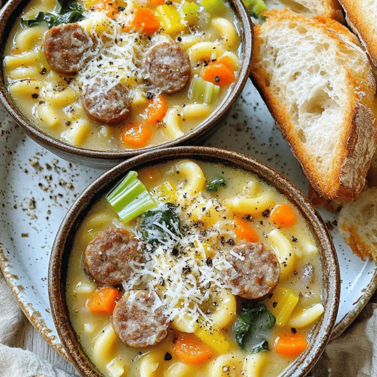 To make Creamy Parmesan Italian Sausage Ditalini Soup, you need fresh, simple ingredients. Each one adds flavor and texture. Here’s what you'll need: - 1 lb Italian sausage (mild or spicy) - 1 medium onion, diced - 2 garlic cloves, minced - 2 carrots, diced - 2 celery stalks, diced - 6 cups chicken broth - 1 can (14.5 oz) diced tomatoes, undrained - 1 cup ditalini pasta - 1 cup heavy cream - 1 cup fresh spinach, roughly chopped - 3/4 cup grated Parmesan cheese - 2 teaspoons Italian seasoning - Salt and pepper to taste - Olive oil for cooking These ingredients work together to create a hearty and creamy soup. The Italian sausage gives it a nice kick. The fresh veggies add crunch and sweetness. Ditalini pasta brings a comforting texture. Lastly, the cream and Parmesan make it rich and smooth. For the full recipe and step-by-step cooking instructions, check out the [Full Recipe]. Cooking Creamy Parmesan Italian Sausage Ditalini Soup is simple and fun. Let me guide you through each step. 1. Browning the sausage: Start by heating a drizzle of olive oil in a large pot. Add the Italian sausage to the pot. Use a spoon to break it up. Cook until it is browned, which takes about 5-7 minutes. 2. Sautéing the vegetables: Once the sausage is ready, add diced onion, minced garlic, diced carrots, and diced celery. Sauté these veggies for about 5 minutes. You want them to soften up nicely. 3. Cooking the ditalini pasta in broth: Next, pour in 6 cups of chicken broth. Then, add the can of diced tomatoes with their juices. Stir in 2 teaspoons of Italian seasoning. Bring this mixture to a boil. Once boiling, add 1 cup of ditalini pasta. Reduce the heat to simmer. Cook according to the pasta package, usually about 7-9 minutes. You want the pasta to be al dente. 1. Adding heavy cream and spinach: After the pasta is cooked, stir in 1 cup of heavy cream and 1 cup of roughly chopped spinach. Cook for another 2-3 minutes. This will wilt the spinach and make the soup creamy. 2. Stirring in Parmesan cheese: Remove the pot from the heat. Now add 3/4 cup of grated Parmesan cheese. Stir until it melts and creates a creamy texture. You can season it with salt and pepper to taste. - Tips for presentation: When ready to serve, ladle the soup into bowls. A sprinkle of freshly cracked black pepper adds a nice touch. - Garnishing options: For extra flavor, top with more Parmesan cheese. Serve with crusty bread on the side for dipping. It makes the meal complete! Enjoy the deliciousness of this creamy soup! For the complete recipe, check out the Full Recipe. - Perfecting the flavor with spices: Use fresh herbs to boost the taste. Basil and oregano work well. A pinch of red pepper flakes adds heat. Taste as you cook to balance flavors. - Ensuring the pasta is perfectly al dente: Cook ditalini pasta just a minute less than the package says. This keeps it firm in the soup. Remember, it will keep cooking in the hot broth. Drain it well before adding to the pot. - Proper storage techniques: Let the soup cool down first. Transfer it to airtight containers. This helps keep it fresh in your fridge for up to three days. You can also freeze it for later. - Reheating instructions: For best results, reheat on the stove. Add a splash of broth or water if it has thickened. Stir gently to warm it through. Avoid the microwave if you want to keep the texture nice. - Alternatives for heavy cream: You can use half-and-half for a lighter option. Coconut milk is a great dairy-free choice. For a lower fat option, blend silken tofu with a bit of broth until smooth. - Different types of sausage to use: Feel free to experiment with chicken or turkey sausage. These options are leaner but still tasty. For a more robust flavor, try a spicy Italian sausage. {{image_2}} Making it gluten-free: To make this soup gluten-free, swap out the ditalini pasta for gluten-free pasta. Many brands offer great options that hold their shape well in soups. You can also check the chicken broth label to ensure it's gluten-free. Vegan adaptations: For a vegan version, start with plant-based sausage. Replace heavy cream with coconut milk or cashew cream for richness. Use vegetable broth instead of chicken broth. You can still enjoy all the great flavors! Adding herbs and extra spices: Fresh herbs like basil or parsley can add a bright touch. A pinch of red pepper flakes can give your soup a nice kick. Experiment with fresh thyme or rosemary for added depth. Incorporating different vegetables: You can mix in other vegetables too! Try zucchini, bell peppers, or green beans. These can add color and nutrition. Just chop them small so they cook evenly with the other ingredients. Best sides to serve: Pair this soup with crusty bread or a fresh salad. Garlic bread is a fantastic choice for dipping. You could also serve it with a simple Caprese salad for a fresh touch. Wine recommendations: A light white wine, like Pinot Grigio, works well with this dish. If you prefer red, a light Chianti complements the flavors nicely. Enjoying a glass with your soup makes for a perfect meal! You can find the Full Recipe to get started on your delicious Creamy Parmesan Italian Sausage Ditalini Soup! You can keep Creamy Parmesan Italian Sausage Ditalini Soup in the fridge for about four days. Make sure to let the soup cool before putting it in a container. Use an airtight container to help keep it fresh. I recommend labeling the container with the date. This way, you always know when you made it. To freeze the soup, let it cool completely. Then, pour it into freezer-safe bags or containers. Leave some space at the top for expansion. It can last up to three months in the freezer. When you are ready to eat, take it out and thaw it overnight in the fridge. Reheat it on the stove over low heat. Stir it often to make sure it heats evenly. Check the soup for signs of spoilage. If you see any mold or the soup smells off, it’s best to throw it away. Another sign is if the soup has a strange color. Always trust your senses. If something seems wrong, don’t eat it. Can I use pre-cooked sausage? Yes, you can use pre-cooked sausage. Just chop it up and add it to the pot. This will save you some time. Cook until it’s heated through. How can I thicken the soup without cream? You can thicken the soup by adding more pasta or using mashed potatoes. Another option is to blend some of the soup. This will give it a creamy texture. What can I substitute for ditalini pasta? If you can't find ditalini, use small shells or elbow macaroni. They work well in this soup. Just make sure to adjust the cooking time. How long does it take to make Creamy Parmesan Italian Sausage Ditalini Soup? It takes about 30 minutes to make this soup. The prep is around 10 minutes, and the cooking time is about 20 minutes. Can I make this soup in a slow cooker? Yes, you can make this soup in a slow cooker. Cook on low for 6-8 hours. Add the cream and spinach in the last 30 minutes. What can I do with leftover soup? You can store leftover soup in an airtight container for about 3-4 days. Heat it up for a quick lunch or dinner. Can I use it as a sauce for pasta? Absolutely! Leftover soup makes a great pasta sauce. Just mix it with cooked pasta for a hearty meal. For the full recipe, check out the complete guide. Enjoy your cooking! This blog post highlighted a tasty way to make Creamy Parmesan Italian Sausage Ditalini Soup. You learned about the key ingredients and step-by-step instructions. We explored helpful tips, variations, and proper storage. Finally, I shared answers to common questions. This recipe is not just delicious, but it also offers flexibility for your tastes. Whether you stick to the classic version or try new twists, you’ll enjoy every bowl. Happy cooking!