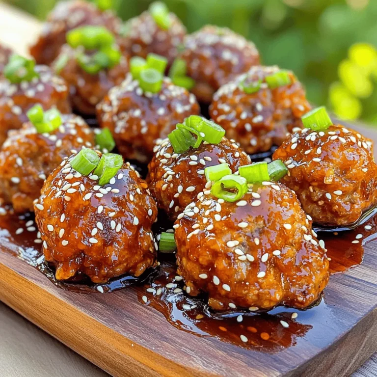 - 1 lb ground beef (or ground turkey for a lighter option) - 1/2 cup breadcrumbs - 1/4 cup grated Parmesan cheese - 1/4 cup finely chopped green onions - 1 egg - 2 garlic cloves, minced - 1/4 teaspoon salt - 1/4 teaspoon black pepper - 1 teaspoon minced ginger - 1/4 cup honey - 1/4 cup sriracha - 2 tablespoons soy sauce - 1 tablespoon rice vinegar - Sesame seeds - Extra green onions To make these honey sriracha meatballs, you start with simple ingredients. You can use ground beef or turkey based on your choice. The breadcrumbs help bind the meatballs, while Parmesan adds flavor. Green onions bring some freshness. The sweet and spicy sauce comes from honey and sriracha. Soy sauce adds depth, and rice vinegar gives a nice tang. You can also use sesame seeds and extra green onions to garnish. This makes the dish look even better. For the full recipe, you can check the details above. Every ingredient plays a part in creating a balanced flavor and texture. Enjoy cooking! - Preheat the oven to 400°F (200°C). - In a large bowl, combine: - 1 lb ground beef (or turkey) - 1/2 cup breadcrumbs - 1/4 cup grated Parmesan cheese - 1/4 cup finely chopped green onions - 1 egg - 2 minced garlic cloves - 1/4 teaspoon salt - 1/4 teaspoon black pepper - 1 teaspoon minced ginger Mix these ingredients well, but don’t overwork the meat. This keeps your meatballs tender. - Shape the mixture into small meatballs, about 1 inch in diameter. - Place them on a prepared baking sheet. - Bake for 15-20 minutes, until they are cooked through and slightly browned. - In a saucepan, whisk together: - 1/4 cup honey - 1/4 cup sriracha - 2 tablespoons soy sauce - 1 tablespoon rice vinegar Cook this over medium heat for about 5 minutes. Stir often until the sauce thickens. - Remove the baked meatballs from the oven. - Drizzle the honey sriracha sauce over the meatballs. Toss gently to coat. - Return to the oven for an additional 5-7 minutes. This lets the meatballs soak up the flavors. - Garnish with sesame seeds and extra chopped green onions before serving. For the full recipe, check out the detailed instructions above. Enjoy your tasty Honey Sriracha Meatballs! When making meatballs, you want them to stay soft. Avoid overmixing the meat. Mix just enough to blend all the flavors. This keeps your meatballs tender and juicy. Use wet hands while forming the meatballs. This simple trick helps prevent the mixture from sticking to your hands. The sauce is key to great flavor! You can customize the spice level by adjusting the amount of sriracha. If you like it spicy, add more. For extra depth, consider adding minced garlic or fresh ginger. These ingredients boost the sauce’s flavor and make it even better. You have options for cooking these meatballs. You can use the stovetop, slow cooker, or grill them. Each method offers a unique taste. Baking gives them a nice crust, while grilling adds a smoky flavor. Choose the method that fits your time and taste! {{image_2}} You can change the meat in this recipe for fun. Ground chicken or pork works well. These options offer a lighter taste. If you prefer plant-based meals, try mushrooms or lentils. Both options bring a hearty texture. They soak up flavors nicely, just like beef. To make your meatballs even better, add spices. Smoked paprika gives a warm, smoky taste. Cumin adds a nice earthiness. If you want to switch things up, use maple syrup instead of honey. It adds a different sweetness and depth. These meatballs are super versatile! You can pair them with rice or noodles. Another fun idea is to serve them in lettuce wraps. They also work great as appetizers at parties. You can enjoy them as a main dish, too. For the full recipe, check out the previous sections! After you enjoy your honey sriracha meatballs, store any leftovers in an airtight container. This keeps them fresh for up to 3 days. Make sure to let the meatballs cool down before sealing them away. This helps avoid excess moisture, which can make them soggy. If you want to keep your meatballs longer, freeze them cooked. They stay good for up to 3 months. To freeze, place the meatballs in a single layer on a baking sheet. Once they are frozen, move them to a freezer bag. When you’re ready to eat, you can reheat directly from frozen in the oven. Just add a few extra minutes to the cooking time. To keep the meatballs tender, I recommend reheating them in the oven. Preheat your oven to 350°F (175°C) and bake for about 10-15 minutes. This way, they stay nice and juicy. If you need a quick option, the microwave works too. Just heat them for 1-2 minutes, but be careful, as this can make them a bit dry. For best flavor, try the oven! To make your Honey Sriracha Meatballs spicier, you can do a couple of things. First, increase the amount of sriracha in the sauce. You can also add red pepper flakes. Just a pinch can add a kick. Adjust the spice to fit your taste. Yes, you can prepare Honey Sriracha Meatballs in advance. Make the meatballs and store them in the fridge or freezer. If you freeze them, just thaw before baking. This makes meal prep easy and quick for busy days. There are many great options to serve with these meatballs. You can try steamed vegetables, fluffy rice, or a fresh side salad. Each side adds a nice touch to the meal. Choose what you enjoy most! Absolutely! To make this recipe gluten-free, use gluten-free breadcrumbs. Also, check that your soy sauce is gluten-free. These simple swaps make it easy for everyone to enjoy these tasty meatballs. For the full recipe, check out the earlier sections. You can make tasty Honey Sriracha Meatballs by following simple steps. We discussed the key ingredients, easy directions, and how to customize them. You learned storage tips to keep your meatballs fresh. Remember, you can swap proteins, adjust spices, and select your favorite sides. Enjoy making these flavorful meatballs for any meal. Try different twists and enjoy your culinary success!