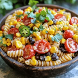 - 12 oz rotini or fusilli pasta - 1 cup cherry tomatoes, halved - 1 cup corn kernels (frozen or fresh) - 1 cup black beans, drained and rinsed - 1 red bell pepper, diced - 1/2 cup red onion, finely chopped - 1 cup cheddar cheese, cubed To make a great Cowboy Pasta Salad, you'll need some fresh and colorful ingredients. I love using rotini or fusilli pasta because they catch the dressing and flavors well. The cherry tomatoes add a sweet burst, while corn brings a nice crunch. Black beans add protein and heartiness, making the salad filling. The red bell pepper gives a vibrant look and sweet taste. Don't forget the red onion for a sharp flavor that balances everything. Finally, I add cheddar cheese for creaminess and richness. Each ingredient plays a role in creating a fun, tasty dish. - 1/2 cup jalapeño ranch dressing - 1 tablespoon olive oil - 1 tablespoon lime juice - 1 teaspoon cumin - Salt and pepper to taste - Fresh cilantro for garnish The dressing is just as crucial as the salad itself. I use jalapeño ranch dressing for a zesty kick. Mixing it with olive oil gives it a smooth texture. Lime juice adds brightness, while cumin brings a warm earthiness. I like to season it with salt and pepper. This dressing pulls everything together beautifully. Finally, fresh cilantro makes a lovely garnish. It adds color and a fresh taste that enhances the whole salad. For the complete recipe, check out the section above. Enjoy this Cowboy Pasta Salad during summer picnics or family gatherings! 1. Bring a large pot of salted water to a boil. 2. Add 12 oz of rotini or fusilli pasta. 3. Cook until al dente, about 8 to 10 minutes. 4. Drain the pasta and rinse it under cold water. - Chop 1 cup of cherry tomatoes in half. - Dice 1 red bell pepper. - Finely chop 1/2 cup of red onion. - In a large mixing bowl, add the cooled pasta. - Mix in 1 cup of corn, 1 cup of black beans, the chopped bell pepper, onion, and 1 cup of cubed cheddar cheese. - In a small bowl, whisk together the dressing. - Use 1/2 cup of jalapeño ranch dressing, 1 tablespoon of olive oil, 1 tablespoon of lime juice, and 1 teaspoon of cumin. - Add salt and pepper to taste. - Pour the dressing over your pasta salad mixture. - Toss everything gently until well combined. - Cover the bowl with plastic wrap. - Refrigerate for at least 30 minutes before serving. For the complete recipe, check out the Full Recipe. To make a great cowboy pasta salad, cook the pasta until it is al dente. This means the pasta should be firm and not mushy. Al dente pasta holds its shape better and gives a nice bite. After cooking, drain the pasta and rinse it under cold water. This stops the cooking and cools it down quickly. Let the pasta chill in the fridge for at least 30 minutes. Chilling helps the flavors mix and taste better. The longer it sits, the more the flavors blend together. You can change up the spice level by using different dressings. If you want some heat, use a spicier dressing. If you prefer mild flavors, stick to a creamy dressing. Jalapeño ranch is a great choice, but you can try others like Italian or balsamic vinaigrette. For a fresh twist, make your own dressing. You can mix plain yogurt, lime juice, and spices. A homemade dressing can add a personal touch to your salad. When serving cowboy pasta salad, presentation matters. Use a large, colorful bowl to show off the bright ingredients. For extra flair, sprinkle fresh cilantro on top. You can also add lime wedges on the side. This not only looks good but also adds a zesty flavor. Pair your salad with grilled chicken or shrimp for a complete meal. It also goes well with tortilla chips or crusty bread. Enjoy your delicious and fresh summer dish! {{image_2}} You can change the pasta type in cowboy pasta salad. Try whole wheat or gluten-free pasta. Both options bring great taste and texture. You can also switch up the veggies. Add broccoli, zucchini, or bell peppers for more crunch. This way, you can make the salad your own. Want to add protein? Try cooked chicken, shrimp, or even tofu. They all mix well with the other ingredients. If you add protein, adjust the dressing. You may need more dressing to keep every bite tasty. Just taste as you go and find the right balance. Boost the flavor with fresh herbs. Basil and parsley work great in this salad. You can also explore different cheeses. Feta or pepper jack adds a new twist. Each option gives you a unique flavor experience. Enjoy experimenting with your cowboy pasta salad. For the full recipe, check out the Cowboy Pasta Salad section above. To keep your Cowboy Pasta Salad fresh, use an airtight container. This helps lock in flavor and moisture. Store it in the fridge for up to 3 days. After that, the taste may change, and the veggies can get soggy. You can enjoy Cowboy Pasta Salad cold or warm. If you want to warm it up, use a microwave. Heat it in short bursts, stirring often. This keeps the pasta from getting mushy. Serving it chilled is refreshing, especially on hot days. You can freeze Cowboy Pasta Salad, but the texture may change. If you choose to freeze it, pack it tightly in a freezer-safe container. When you are ready to eat it, thaw it in the fridge overnight. To refresh it, add a bit of dressing and mix well. This helps bring back some of the original flavors. For the full recipe, check out the details above. Cowboy Pasta Salad is a fun and colorful dish. It combines pasta, veggies, and beans. The popular ingredients include rotini or fusilli pasta, cherry tomatoes, corn, black beans, and bell pepper. You can also add cheese for extra flavor. This salad is fresh and perfect for summer meals. Yes, you can make Cowboy Pasta Salad ahead of time. It tastes even better after chilling. To meal prep, make the salad a day before serving. Store it in the fridge in an airtight container. This keeps the flavors fresh and helps them blend well. For Cowboy Pasta Salad, jalapeño ranch dressing works great. You can use store-bought or make your own. A simple homemade dressing can include yogurt, lime juice, and spices. Both options add a tasty kick. Choose what suits your taste best. Cowboy Pasta Salad can last about 3 to 5 days in the fridge. Store it in a sealed container to keep it fresh. If it smells off or looks strange, it’s best to toss it out. Enjoy the savory flavors while they last! Cowboy Pasta Salad is a fun and tasty dish. You learned about the main ingredients, like pasta, beans, and cheese. We discussed how to make this salad step by step. Remember to chill it for better flavor! You can mix and match ingredients, add protein, or try different dressings. Storing it in an airtight container helps keep it fresh. This salad is great for sharing or meal prep. Enjoy making and eating it with your friends and family!