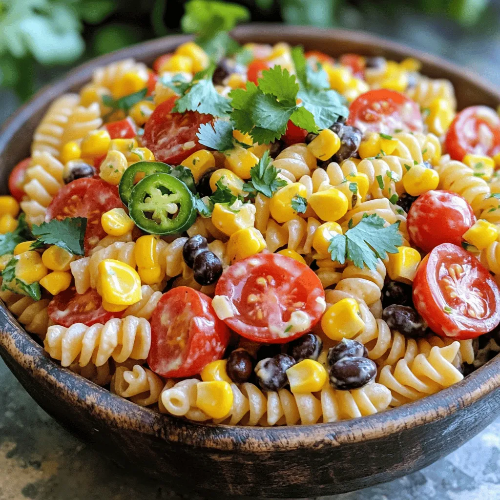- 12 oz rotini or fusilli pasta - 1 cup cherry tomatoes, halved - 1 cup corn kernels (frozen or fresh) - 1 cup black beans, drained and rinsed - 1 red bell pepper, diced - 1/2 cup red onion, finely chopped - 1 cup cheddar cheese, cubed To make a great Cowboy Pasta Salad, you'll need some fresh and colorful ingredients. I love using rotini or fusilli pasta because they catch the dressing and flavors well. The cherry tomatoes add a sweet burst, while corn brings a nice crunch. Black beans add protein and heartiness, making the salad filling. The red bell pepper gives a vibrant look and sweet taste. Don't forget the red onion for a sharp flavor that balances everything. Finally, I add cheddar cheese for creaminess and richness. Each ingredient plays a role in creating a fun, tasty dish. - 1/2 cup jalapeño ranch dressing - 1 tablespoon olive oil - 1 tablespoon lime juice - 1 teaspoon cumin - Salt and pepper to taste - Fresh cilantro for garnish The dressing is just as crucial as the salad itself. I use jalapeño ranch dressing for a zesty kick. Mixing it with olive oil gives it a smooth texture. Lime juice adds brightness, while cumin brings a warm earthiness. I like to season it with salt and pepper. This dressing pulls everything together beautifully. Finally, fresh cilantro makes a lovely garnish. It adds color and a fresh taste that enhances the whole salad. For the complete recipe, check out the section above. Enjoy this Cowboy Pasta Salad during summer picnics or family gatherings! 1. Bring a large pot of salted water to a boil. 2. Add 12 oz of rotini or fusilli pasta. 3. Cook until al dente, about 8 to 10 minutes. 4. Drain the pasta and rinse it under cold water. - Chop 1 cup of cherry tomatoes in half. - Dice 1 red bell pepper. - Finely chop 1/2 cup of red onion. - In a large mixing bowl, add the cooled pasta. - Mix in 1 cup of corn, 1 cup of black beans, the chopped bell pepper, onion, and 1 cup of cubed cheddar cheese. - In a small bowl, whisk together the dressing. - Use 1/2 cup of jalapeño ranch dressing, 1 tablespoon of olive oil, 1 tablespoon of lime juice, and 1 teaspoon of cumin. - Add salt and pepper to taste. - Pour the dressing over your pasta salad mixture. - Toss everything gently until well combined. - Cover the bowl with plastic wrap. - Refrigerate for at least 30 minutes before serving. For the complete recipe, check out the Full Recipe. To make a great cowboy pasta salad, cook the pasta until it is al dente. This means the pasta should be firm and not mushy. Al dente pasta holds its shape better and gives a nice bite. After cooking, drain the pasta and rinse it under cold water. This stops the cooking and cools it down quickly. Let the pasta chill in the fridge for at least 30 minutes. Chilling helps the flavors mix and taste better. The longer it sits, the more the flavors blend together. You can change up the spice level by using different dressings. If you want some heat, use a spicier dressing. If you prefer mild flavors, stick to a creamy dressing. Jalapeño ranch is a great choice, but you can try others like Italian or balsamic vinaigrette. For a fresh twist, make your own dressing. You can mix plain yogurt, lime juice, and spices. A homemade dressing can add a personal touch to your salad. When serving cowboy pasta salad, presentation matters. Use a large, colorful bowl to show off the bright ingredients. For extra flair, sprinkle fresh cilantro on top. You can also add lime wedges on the side. This not only looks good but also adds a zesty flavor. Pair your salad with grilled chicken or shrimp for a complete meal. It also goes well with tortilla chips or crusty bread. Enjoy your delicious and fresh summer dish! {{image_2}} You can change the pasta type in cowboy pasta salad. Try whole wheat or gluten-free pasta. Both options bring great taste and texture. You can also switch up the veggies. Add broccoli, zucchini, or bell peppers for more crunch. This way, you can make the salad your own. Want to add protein? Try cooked chicken, shrimp, or even tofu. They all mix well with the other ingredients. If you add protein, adjust the dressing. You may need more dressing to keep every bite tasty. Just taste as you go and find the right balance. Boost the flavor with fresh herbs. Basil and parsley work great in this salad. You can also explore different cheeses. Feta or pepper jack adds a new twist. Each option gives you a unique flavor experience. Enjoy experimenting with your cowboy pasta salad. For the full recipe, check out the Cowboy Pasta Salad section above. To keep your Cowboy Pasta Salad fresh, use an airtight container. This helps lock in flavor and moisture. Store it in the fridge for up to 3 days. After that, the taste may change, and the veggies can get soggy. You can enjoy Cowboy Pasta Salad cold or warm. If you want to warm it up, use a microwave. Heat it in short bursts, stirring often. This keeps the pasta from getting mushy. Serving it chilled is refreshing, especially on hot days. You can freeze Cowboy Pasta Salad, but the texture may change. If you choose to freeze it, pack it tightly in a freezer-safe container. When you are ready to eat it, thaw it in the fridge overnight. To refresh it, add a bit of dressing and mix well. This helps bring back some of the original flavors. For the full recipe, check out the details above. Cowboy Pasta Salad is a fun and colorful dish. It combines pasta, veggies, and beans. The popular ingredients include rotini or fusilli pasta, cherry tomatoes, corn, black beans, and bell pepper. You can also add cheese for extra flavor. This salad is fresh and perfect for summer meals. Yes, you can make Cowboy Pasta Salad ahead of time. It tastes even better after chilling. To meal prep, make the salad a day before serving. Store it in the fridge in an airtight container. This keeps the flavors fresh and helps them blend well. For Cowboy Pasta Salad, jalapeño ranch dressing works great. You can use store-bought or make your own. A simple homemade dressing can include yogurt, lime juice, and spices. Both options add a tasty kick. Choose what suits your taste best. Cowboy Pasta Salad can last about 3 to 5 days in the fridge. Store it in a sealed container to keep it fresh. If it smells off or looks strange, it’s best to toss it out. Enjoy the savory flavors while they last! Cowboy Pasta Salad is a fun and tasty dish. You learned about the main ingredients, like pasta, beans, and cheese. We discussed how to make this salad step by step. Remember to chill it for better flavor! You can mix and match ingredients, add protein, or try different dressings. Storing it in an airtight container helps keep it fresh. This salad is great for sharing or meal prep. Enjoy making and eating it with your friends and family!