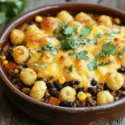 To make an Easy Cowboy Casserole, you need a few simple ingredients. Each one adds flavor and texture to the dish. Here’s what you will need: - 1 lb ground beef - 1 medium onion, diced - 2 cloves garlic, minced - 1 can (15 oz) black beans, drained and rinsed - 1 can (15 oz) corn, drained - 1 can (10 oz) diced tomatoes with green chilies - 1 cup cheddar cheese, shredded - 1 cup tater tots (frozen) - 1 tablespoon chili powder - 1 teaspoon cumin - Salt and pepper to taste - Fresh cilantro for garnish (optional) Each ingredient plays a key role. The ground beef gives heartiness. The onion and garlic add a rich base flavor. Canned black beans and corn boost nutrition and texture. The diced tomatoes bring a nice acidity. Cheddar cheese melts beautifully, adding creaminess. Tater tots create a crispy top layer. Spices like chili powder and cumin bring warmth. Salt and pepper enhance all the flavors. You can also add fresh cilantro for a pop of freshness. You can find the full recipe for cooking this delightful dish. First, preheat your oven to 375°F (190°C). This step helps your casserole cook evenly. While the oven heats, grab a large skillet. Make sure it's big enough for all the beef and veggies. Now, let’s brown the ground beef. Place it in the skillet over medium heat. Break it apart with a spatula. Cook until it turns brown. If there is too much fat, drain it. Next, add the diced onion and minced garlic. Sauté them for about 3 to 4 minutes. You want the onion to be soft and clear. This adds great flavor to your dish. After the beef is cooked, mix in the black beans, corn, and diced tomatoes. Stir in the chili powder and cumin. Don't forget to add salt and pepper to taste. Make sure everything is well combined. Once mixed, transfer this beef and veggie mixture to a greased 9x13-inch casserole dish. Spread it out evenly so it cooks well. It’s time to add the cheese. Sprinkle the shredded cheddar cheese over the beef mixture. Then, arrange the frozen tater tots on top. Place them close together to cover as much space as you can. Bake your casserole in the preheated oven for 30 to 35 minutes. Check for doneness when the tater tots are golden brown and crispy. This perfect topping makes the dish fun and tasty. You can change the protein in this dish. Ground turkey or chicken works well. These options are lighter but still tasty. If you need a dairy-free version, swap the cheese for a dairy-free kind. Nutritional yeast can add a cheesy flavor, too. Adjust the seasoning to match your taste. Taste your mixture while cooking. If it lacks flavor, add more salt, pepper, or spices. For extra kick, try adding cayenne pepper or smoked paprika. These spices bring warmth and depth. A great presentation makes meals more inviting. Garnish the casserole with fresh cilantro. This adds a pop of color. You can also sprinkle some extra cheese on top before serving. Serve with a side salad for balance. {{image_2}} To make a vegetarian cowboy casserole, you can swap the ground beef for meat alternatives. Popular choices include lentils, black beans, or even crumbled tofu. These options add protein and flavor without the meat. You can also load in extra vegetables. Try bell peppers, zucchini, or corn. These veggies add color and nutrients. They make the dish heartier and more satisfying. Want to add some heat? You can use spicy peppers like jalapeños or serranos. Dice them up and mix them into the beef layer. This gives the dish a nice kick. Another option is to add spicy sausage. Choose a brand you like. Cook it along with the beef for extra flavor. Just remember to adjust the seasoning to match the added spice. If you need a gluten-free cowboy casserole, start with gluten-free tater tots. Many brands offer great options that taste just as good. You should also check other ingredients. Use gluten-free canned goods, like beans and corn. Always read labels to ensure they meet your needs. This way, everyone can enjoy the dish without worry. For a full recipe, refer to the [Full Recipe]. To store leftovers correctly, let the casserole cool first. Place it in an airtight container. You can also cover it tightly with plastic wrap. Store it in the fridge for up to three days. I recommend using glass or plastic containers. They keep food fresh and make reheating easy. Label the container with the date. This helps you track how long it has been stored. Yes, you can freeze the casserole! To freeze, let it cool completely. Then, wrap it tightly with plastic wrap and aluminum foil. This keeps out air and prevents freezer burn. You can freeze it for up to three months. When you are ready to eat, thaw it in the fridge overnight. Reheat in the oven at 350°F (175°C) until heated through. For best results, cover the dish with foil while reheating. This keeps the top from burning. Enjoy your Easy Cowboy Casserole again! For the full recipe, check the main article. It takes about 30 to 35 minutes to bake Easy Cowboy Casserole. You want the tater tots to be golden brown and crispy. Check for this color to know it's done. The cheese should also melt and bubble a bit. Yes, you can use fresh vegetables! Fresh veggies add great flavor and texture. They can make your dish tastier and healthier. Try using bell peppers, zucchini, or fresh corn for a twist. Just chop them into small pieces so they cook evenly. Some great sides to serve with Cowboy Casserole are: - A simple green salad - Garlic bread or rolls - Steamed broccoli or green beans - Corn on the cob These sides balance the hearty casserole well and add more colors to your plate. Yes, you can prep Easy Cowboy Casserole ahead of time! Just follow these tips: - Cook the beef and mix the ingredients. - Store it in the fridge for up to 24 hours. - When ready, top with cheese and tater tots, then bake. You can also bake it first, then reheat it later. Just cover it with foil to keep it moist. This blog outlined how to make Easy Cowboy Casserole using simple ingredients. We covered everything, from preparing the beef to baking it perfectly. You learned about ingredient swaps and how to boost flavors. We also explored tasty variations and gave tips on storage. In closing, making this dish can be fun and easy. With these steps, you’ll impress family and friends. Enjoy your cooking and the delicious meals ahead!