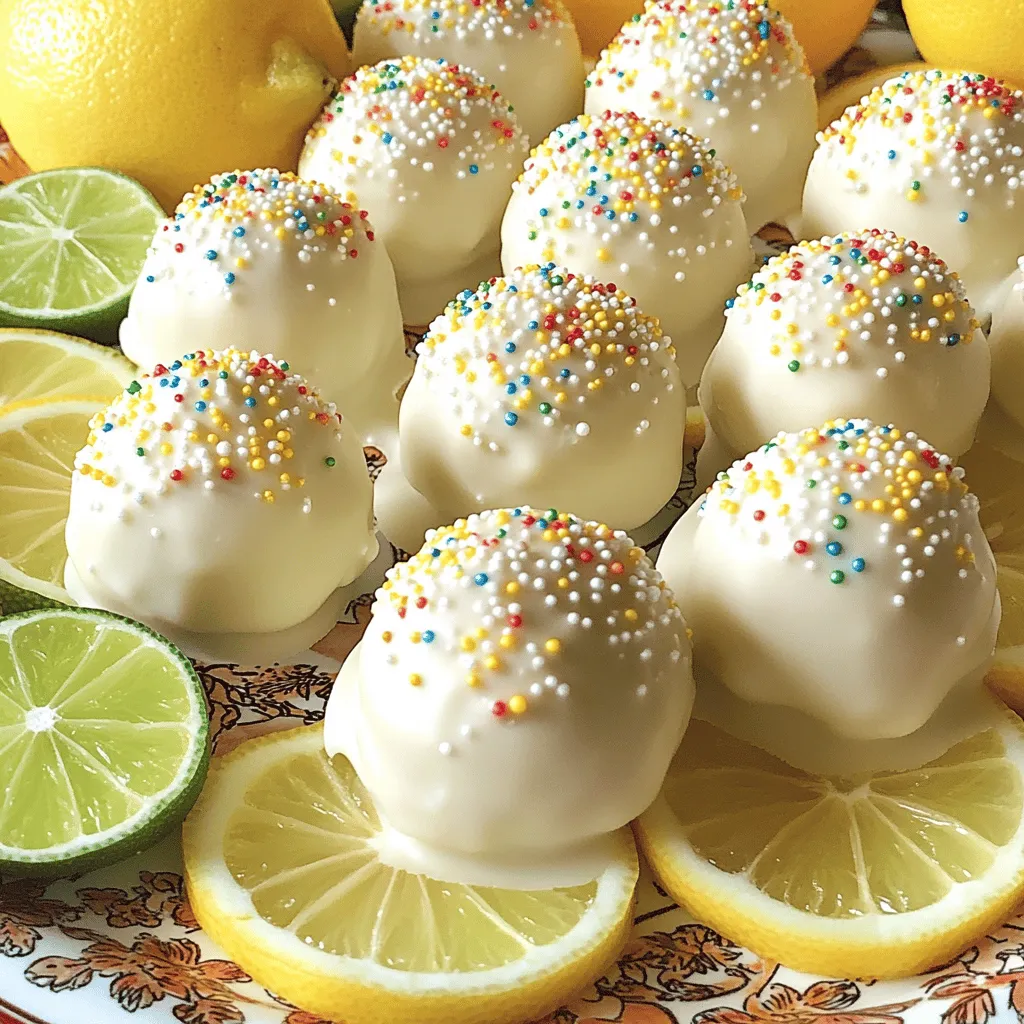 To make these tasty truffles, you will need: - 1 cup sugar cookies (store-bought or homemade, crumbled) - 1/4 cup cream cheese, softened - Zest of 1 lemon - Zest of 1 lime - 1 tablespoon lemon juice - 1 tablespoon lime juice - 1/2 teaspoon vanilla extract - 1 cup white chocolate chips - 1 tablespoon coconut oil (or vegetable oil) - Sprinkles (for decoration) When picking sugar cookies, you can choose store-bought or make your own. Homemade cookies let you control the flavor and texture. If you buy them, look for cookies that are fresh and tasty. The cream cheese should be softened to mix well. This makes the truffles smooth and creamy. Using fresh lemons and limes gives the best flavor. Zesting adds a bright taste that is hard to beat. You can swap some ingredients if needed. For cream cheese, try mascarpone for a different taste. If you can't find white chocolate chips, you can use milk chocolate instead. For a dairy-free option, use a vegan cream cheese. If you want a lower-fat version, skip the coconut oil. Just remember, these changes might change the taste a bit. Feel free to experiment and find what you love. Start by gathering your ingredients. Use either store-bought or homemade sugar cookies. Crumble them into a large mixing bowl. Add softened cream cheese to the bowl. Mix well until the two combine smoothly. Next, add the zest of one lemon and one lime. This adds bright flavor. Then, pour in the lemon juice and lime juice. Stir in the vanilla extract. Mix until everything is evenly distributed. Use a cookie scoop or your hands to form small balls. Aim for about one inch in diameter. Place these on a lined baking sheet. Chilling the truffles is key. It helps them firm up nicely. Place the shaped truffles in the refrigerator for about 30 minutes. This time allows the flavors to meld together. A well-chilled truffle is easier to coat later. While your truffles chill, melt the white chocolate chips. Use a microwave-safe bowl for this step. Add one tablespoon of coconut oil to the chips. Heat the mixture in 30-second intervals. Stir after each interval until the chocolate is smooth. This method prevents burning. Once melted, remove the truffles from the fridge. Dip each one into the melted chocolate. Make sure to coat them fully. Place the coated truffles back on the lined sheet. Sprinkle colorful decorations on top before the chocolate sets. This adds a fun touch to your truffles. To make the best lemon-lime sugar cookie truffles, here are my top tips: - Use fresh ingredients: Fresh lemon and lime zest give the best flavor. - Chill thoroughly: Ensure the truffles chill long enough to hold their shape. - Melt chocolate carefully: Heat white chocolate in short bursts to avoid burning. - Mix well: Combine the cream cheese and cookies until no dry spots remain. These tips will help you achieve perfect texture and flavor. Mistakes can happen in the kitchen. Here are some common ones and how to avoid them: - Not chilling enough: If truffles are too soft, they will not hold their shape. - Overheating chocolate: Stir often while melting to keep it smooth. - Skipping sprinkles: These add fun color and texture. Don’t skip this step! By being mindful of these points, your truffles will be a hit. To enhance the flavor of your truffles, consider these ideas: - Add a pinch of salt: Salt brings out the sweetness and makes flavors pop. - Experiment with extracts: Try almond or lemon extract for additional depth. - Use zest from both fruits: This gives a bright, fresh taste that shines through. These enhancements can elevate your truffles from good to great! If you're curious about the full recipe, check out the detailed instructions above. {{image_2}} You can change the flavor of your truffles by using different citrus fruits. Try orange or grapefruit zest for a new twist. Each fruit brings its own taste and aroma. You can mix and match zest from several fruits for a fun flavor blend. Just remember to keep the balance right so it still tastes light and bright. When it comes to coating your truffles, you have options. White chocolate is sweet and creamy, but dark chocolate gives a rich taste. You can also use milk chocolate for a middle ground. If you want to keep it fun, sprinkle colorful toppings on the truffles instead. Sprinkles add a festive look and a bit of crunch. Choose what speaks to your sweet tooth! You can easily make these truffles gluten-free. Just use gluten-free cookies instead of regular sugar cookies. For a vegan version, swap cream cheese with a dairy-free option. Also, you can use dairy-free chocolate for coating. This way, everyone can enjoy these delicious treats! For the full recipe, check out the complete recipe details above. To keep your Lemon-Lime Sugar Cookie Truffles fresh, store them in an airtight container. Place a piece of parchment paper between layers to avoid sticking. This method helps maintain their shape and taste. Keep them in a cool, dry place. If it gets warm, your truffles might melt or lose their great look. You can store these truffles for up to one week. They will taste best within the first few days. After that, the flavors may fade. Check them often to make sure they stay fresh. If you notice any changes in smell or texture, it is best to toss them. If you want to keep your truffles for a longer time, freezing works great. First, place them on a lined baking sheet and freeze for about an hour. Once they are firm, transfer them to a freezer-safe bag or container. Make sure to label them with the date. They can last for up to three months in the freezer. To enjoy, simply thaw them in the fridge overnight before serving. For the best taste, only freeze truffles once. Remember, following these storage tips will help you enjoy your Lemon-Lime Sugar Cookie Truffles at their best! For the full recipe, check the earlier section of the article. You will know the truffles are set when they feel firm to the touch. After chilling, they should not be squishy or soft. A good test is to gently press on one. If it holds its shape, it is ready. Letting them chill for about 30 minutes usually gives the best results. If you want quicker results, pop them in the fridge for about 10 to 15 minutes after coating. Absolutely! You can use dark chocolate, milk chocolate, or even colored candy melts. Each type gives a unique taste and look. If you prefer a richer flavor, dark chocolate is a great choice. For a sweeter treat, milk chocolate works well. Just remember to melt the chocolate slowly to avoid burning it. Serve these truffles on a bright, fun plate to showcase their colors. You can also arrange them in a decorative box for gifting. Pair them with slices of fresh lemon and lime for a lovely presentation. For an extra touch, consider adding a scoop of vanilla ice cream on the side. These ideas make the truffles even more enjoyable. For more detailed instructions on making these truffles, check out the Full Recipe. In this post, we explored how to make Lemon-Lime Sugar Cookie Truffles. We discussed the best ingredients to use, along with tips on choosing them. I shared step-by-step instructions for easy preparation and emphasized chilling and melting chocolate effectively. We also looked at fun variations and storage tips. Making these truffles can be simple and fun. With a few adjustments, you can create your own unique flavors. Enjoy the process and share these delightful treats with friends and family.