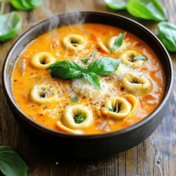 To make this Creamy Tomato Tortellini Soup, you need the following ingredients: - 2 tablespoons olive oil - 1 medium onion, finely chopped - 3 cloves garlic, minced - 1 can (28 oz) crushed tomatoes - 4 cups vegetable broth - 1 teaspoon dried basil - 1 teaspoon dried oregano - 1/2 teaspoon red pepper flakes (optional) - 9 oz cheese tortellini (fresh or frozen) - 1 cup heavy cream - Salt and pepper to taste - Fresh basil leaves for garnish Using fresh ingredients makes a big difference. It enhances the flavor and aroma of the soup. Fresh herbs bring a vibrant taste that dried herbs cannot match. Fresh tortellini adds a nice texture. The cream should be fresh for the best richness. When you use fresh items, your soup will taste more alive and delicious. You can easily swap ingredients based on your needs. If you don’t have olive oil, use butter or another oil. For the onion, shallots can work well too. If you want to skip the cream, try coconut milk for a dairy-free option. You can also use any pasta instead of tortellini. Just adjust the cooking time based on the pasta you choose. These swaps help you create a soup that suits your taste and pantry. For the full recipe, check out the details above. Start by gathering all your ingredients. This makes cooking easier! Here’s what you need: - 2 tablespoons olive oil - 1 medium onion, finely chopped - 3 cloves garlic, minced - 1 can (28 oz) crushed tomatoes - 4 cups vegetable broth - 1 teaspoon dried basil - 1 teaspoon dried oregano - 1/2 teaspoon red pepper flakes (optional) - 9 oz cheese tortellini (fresh or frozen) - 1 cup heavy cream - Salt and pepper to taste - Fresh basil leaves for garnish Next, chop the onion and mince the garlic. These steps add great flavor. Heat the olive oil in a large pot over medium heat. Add the onion and sauté for about 4-5 minutes. You want the onion to be soft and clear. Then, stir in the minced garlic and cook for one more minute. This step brings out the garlic's aroma. Now, pour in the crushed tomatoes and vegetable broth. Mix well. Add the dried basil, oregano, and red pepper flakes if you like some heat. Bring the soup to a gentle simmer. Once simmering, add the cheese tortellini. Cook it according to the package instructions, usually around 5-7 minutes. The tortellini should be tender, not mushy. After the tortellini is ready, lower the heat. Stir in the heavy cream, and let the soup warm up. Taste it, adding salt and pepper as needed. Remove the pot from the heat. Ladle the soup into bowls and garnish with fresh basil leaves. For extra flavor, add some grated Parmesan cheese on top. Serve it with crusty bread for a filling meal. You can find the Full Recipe for Creamy Tomato Tortellini Soup 🥣 online if you want to keep it handy! Enjoy your delicious dish! To make your creamy tomato tortellini soup pop, focus on fresh herbs. Fresh basil adds a bright note. You can also add some thyme for depth. Try sautéing the garlic longer for a rich taste. A splash of balsamic vinegar can add a nice tang too. If you love heat, add more red pepper flakes. A dash of lemon juice brings out the tomato flavor, making the soup even better. Don’t rush the onion cooking step. If you skip this, the soup may taste flat. Avoid adding the cream too early; it should only warm through. Adding too much salt can ruin the flavor, so taste often. Don’t forget to check the tortellini package for cooking time. Overcooked tortellini can turn mushy and spoil your meal. For a lovely presentation, use shallow bowls. Ladle the soup in, then top with fresh basil leaves. You can sprinkle grated Parmesan cheese on top. This adds flavor and looks great. Serve with crusty bread on the side for a full meal. Enjoy your delicious creation! You can find the Full Recipe above to guide you step by step. {{image_2}} You can easily make this soup vegetarian or vegan. For a vegetarian version, simply use vegetable broth instead of chicken broth. This soup is already meat-free, so just focus on your choice of tortellini. Look for cheese tortellini or switch to a non-dairy option. Many brands offer vegan tortellini made with spinach or other veggies. For a vegan twist, replace the heavy cream with coconut milk or cashew cream. These options add richness without dairy. Want to add some protein? You can include cooked chicken or sausage. For chicken, use rotisserie chicken for ease. Shred the meat and stir it into the soup. If you prefer sausage, choose Italian sausage for a nice kick. Cook the sausage in the pot before adding other ingredients. This method infuses the soup with great flavor. You can also use turkey sausage for a lighter touch. If you crave more heat, try adding fresh herbs or peppers. Chili flakes add spice, but you can also use fresh jalapeños or serranos. Chop them finely and add them when you sauté the onions. Fresh herbs like thyme or parsley can enhance the soup's flavor too. Experiment with different herbs to find your favorite combo. If you want more ideas, check out the Full Recipe for Creamy Tomato Tortellini Soup 🥣. After enjoying your creamy tomato tortellini soup, store the leftovers right away. Use an airtight container to keep it fresh. Let the soup cool down before sealing it. This helps avoid condensation, which can make the soup watery. You can keep it in the fridge for about three to four days. When you’re ready to enjoy the soup again, reheating is simple. Pour the soup into a pot over medium heat. Stir it gently to warm it up evenly. You can also use a microwave. Place the soup in a microwave-safe bowl and heat it in short bursts. Stir it between sessions to avoid hot spots. If the soup seems too thick, add a splash of broth or water. If you want to save some for later, freezing is a great option. First, let the soup cool completely. Then, transfer it to freezer-safe bags or containers. Remove as much air as possible before sealing. Label the containers with the date. You can freeze the soup for up to three months. When you’re ready to eat it, thaw it overnight in the fridge. Reheat it as usual, and enjoy a tasty meal again! For the full recipe, check the earlier sections. You can make this soup gluten-free by using gluten-free tortellini. Many brands offer this option. Check the pasta aisle for choices. You can also use gluten-free broth. Just make sure all your ingredients are labeled gluten-free. This way, everyone can enjoy the soup without worry. Yes, you can use other pasta types! Bowtie, shell, or penne pasta work well. Just adjust cooking time based on the pasta you choose. Fresh pasta cooks faster than dried pasta. Tortellini adds a nice cheese flavor, but any pasta can make this soup delicious. To thicken the soup, you can add more cream or use a cornstarch slurry. Mix one tablespoon of cornstarch with two tablespoons of cold water. Stir this mixture into the soup while it simmers. Allow it to cook for a few minutes. This will give your soup that rich, creamy feel. - Full Recipe for Creamy Tomato Tortellini Soup 🥣 This blog post covered all you need for a great creamy tomato tortellini soup. You learned about key ingredients, the importance of using fresh items, and helpful substitutions. The step-by-step instructions made cooking simple. I shared tips to enhance flavor and avoid mistakes. You can also explore variations, such as vegetarian options and adding proteins. Lastly, I provided advice on storing and reheating leftovers. Enjoy crafting your perfect soup and impress your family or friends. This dish is creamy, tasty, and can be yours anytime!
