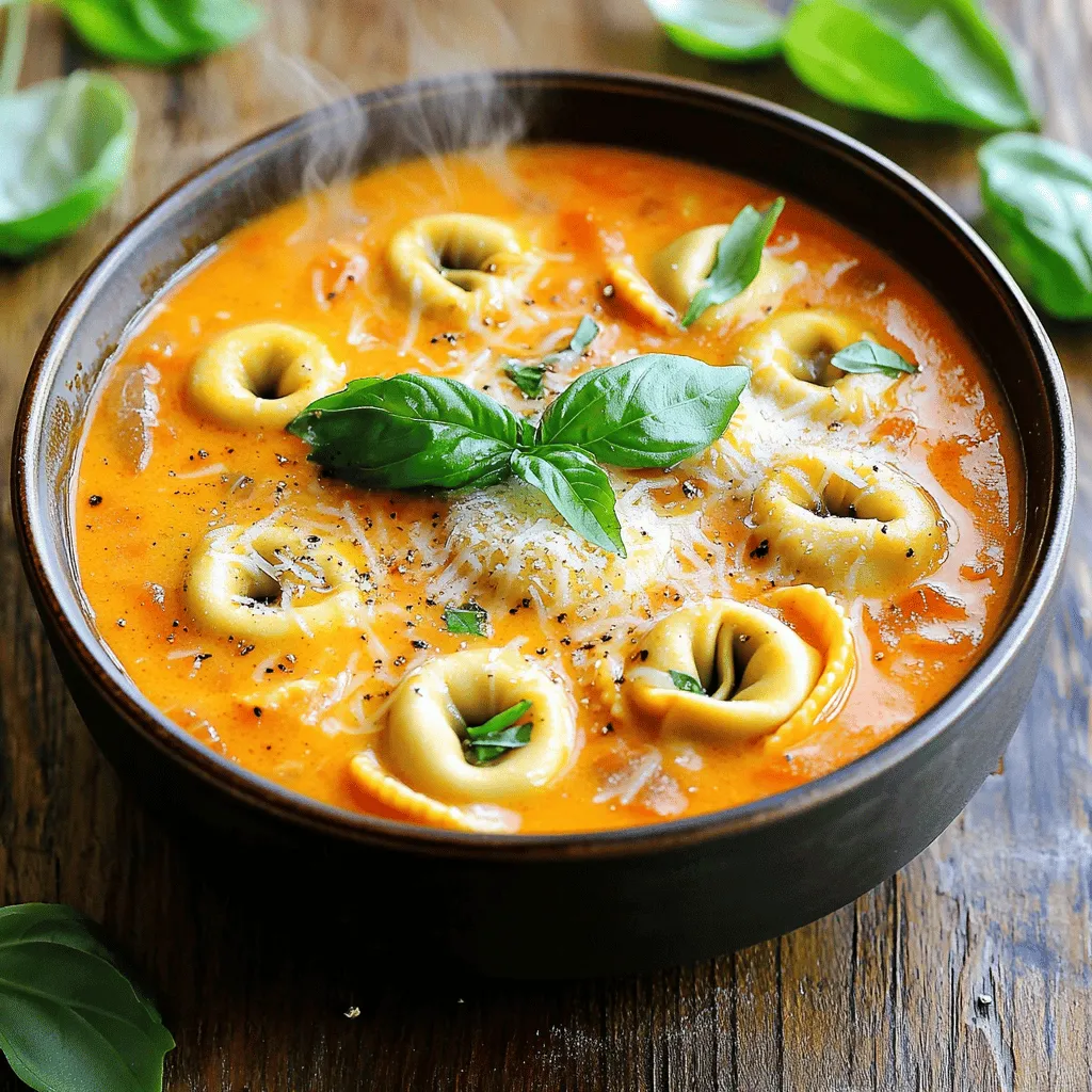 To make this Creamy Tomato Tortellini Soup, you need the following ingredients: - 2 tablespoons olive oil - 1 medium onion, finely chopped - 3 cloves garlic, minced - 1 can (28 oz) crushed tomatoes - 4 cups vegetable broth - 1 teaspoon dried basil - 1 teaspoon dried oregano - 1/2 teaspoon red pepper flakes (optional) - 9 oz cheese tortellini (fresh or frozen) - 1 cup heavy cream - Salt and pepper to taste - Fresh basil leaves for garnish Using fresh ingredients makes a big difference. It enhances the flavor and aroma of the soup. Fresh herbs bring a vibrant taste that dried herbs cannot match. Fresh tortellini adds a nice texture. The cream should be fresh for the best richness. When you use fresh items, your soup will taste more alive and delicious. You can easily swap ingredients based on your needs. If you don’t have olive oil, use butter or another oil. For the onion, shallots can work well too. If you want to skip the cream, try coconut milk for a dairy-free option. You can also use any pasta instead of tortellini. Just adjust the cooking time based on the pasta you choose. These swaps help you create a soup that suits your taste and pantry. For the full recipe, check out the details above. Start by gathering all your ingredients. This makes cooking easier! Here’s what you need: - 2 tablespoons olive oil - 1 medium onion, finely chopped - 3 cloves garlic, minced - 1 can (28 oz) crushed tomatoes - 4 cups vegetable broth - 1 teaspoon dried basil - 1 teaspoon dried oregano - 1/2 teaspoon red pepper flakes (optional) - 9 oz cheese tortellini (fresh or frozen) - 1 cup heavy cream - Salt and pepper to taste - Fresh basil leaves for garnish Next, chop the onion and mince the garlic. These steps add great flavor. Heat the olive oil in a large pot over medium heat. Add the onion and sauté for about 4-5 minutes. You want the onion to be soft and clear. Then, stir in the minced garlic and cook for one more minute. This step brings out the garlic's aroma. Now, pour in the crushed tomatoes and vegetable broth. Mix well. Add the dried basil, oregano, and red pepper flakes if you like some heat. Bring the soup to a gentle simmer. Once simmering, add the cheese tortellini. Cook it according to the package instructions, usually around 5-7 minutes. The tortellini should be tender, not mushy. After the tortellini is ready, lower the heat. Stir in the heavy cream, and let the soup warm up. Taste it, adding salt and pepper as needed. Remove the pot from the heat. Ladle the soup into bowls and garnish with fresh basil leaves. For extra flavor, add some grated Parmesan cheese on top. Serve it with crusty bread for a filling meal. You can find the Full Recipe for Creamy Tomato Tortellini Soup 🥣 online if you want to keep it handy! Enjoy your delicious dish! To make your creamy tomato tortellini soup pop, focus on fresh herbs. Fresh basil adds a bright note. You can also add some thyme for depth. Try sautéing the garlic longer for a rich taste. A splash of balsamic vinegar can add a nice tang too. If you love heat, add more red pepper flakes. A dash of lemon juice brings out the tomato flavor, making the soup even better. Don’t rush the onion cooking step. If you skip this, the soup may taste flat. Avoid adding the cream too early; it should only warm through. Adding too much salt can ruin the flavor, so taste often. Don’t forget to check the tortellini package for cooking time. Overcooked tortellini can turn mushy and spoil your meal. For a lovely presentation, use shallow bowls. Ladle the soup in, then top with fresh basil leaves. You can sprinkle grated Parmesan cheese on top. This adds flavor and looks great. Serve with crusty bread on the side for a full meal. Enjoy your delicious creation! You can find the Full Recipe above to guide you step by step. {{image_2}} You can easily make this soup vegetarian or vegan. For a vegetarian version, simply use vegetable broth instead of chicken broth. This soup is already meat-free, so just focus on your choice of tortellini. Look for cheese tortellini or switch to a non-dairy option. Many brands offer vegan tortellini made with spinach or other veggies. For a vegan twist, replace the heavy cream with coconut milk or cashew cream. These options add richness without dairy. Want to add some protein? You can include cooked chicken or sausage. For chicken, use rotisserie chicken for ease. Shred the meat and stir it into the soup. If you prefer sausage, choose Italian sausage for a nice kick. Cook the sausage in the pot before adding other ingredients. This method infuses the soup with great flavor. You can also use turkey sausage for a lighter touch. If you crave more heat, try adding fresh herbs or peppers. Chili flakes add spice, but you can also use fresh jalapeños or serranos. Chop them finely and add them when you sauté the onions. Fresh herbs like thyme or parsley can enhance the soup's flavor too. Experiment with different herbs to find your favorite combo. If you want more ideas, check out the Full Recipe for Creamy Tomato Tortellini Soup 🥣. After enjoying your creamy tomato tortellini soup, store the leftovers right away. Use an airtight container to keep it fresh. Let the soup cool down before sealing it. This helps avoid condensation, which can make the soup watery. You can keep it in the fridge for about three to four days. When you’re ready to enjoy the soup again, reheating is simple. Pour the soup into a pot over medium heat. Stir it gently to warm it up evenly. You can also use a microwave. Place the soup in a microwave-safe bowl and heat it in short bursts. Stir it between sessions to avoid hot spots. If the soup seems too thick, add a splash of broth or water. If you want to save some for later, freezing is a great option. First, let the soup cool completely. Then, transfer it to freezer-safe bags or containers. Remove as much air as possible before sealing. Label the containers with the date. You can freeze the soup for up to three months. When you’re ready to eat it, thaw it overnight in the fridge. Reheat it as usual, and enjoy a tasty meal again! For the full recipe, check the earlier sections. You can make this soup gluten-free by using gluten-free tortellini. Many brands offer this option. Check the pasta aisle for choices. You can also use gluten-free broth. Just make sure all your ingredients are labeled gluten-free. This way, everyone can enjoy the soup without worry. Yes, you can use other pasta types! Bowtie, shell, or penne pasta work well. Just adjust cooking time based on the pasta you choose. Fresh pasta cooks faster than dried pasta. Tortellini adds a nice cheese flavor, but any pasta can make this soup delicious. To thicken the soup, you can add more cream or use a cornstarch slurry. Mix one tablespoon of cornstarch with two tablespoons of cold water. Stir this mixture into the soup while it simmers. Allow it to cook for a few minutes. This will give your soup that rich, creamy feel. - Full Recipe for Creamy Tomato Tortellini Soup 🥣 This blog post covered all you need for a great creamy tomato tortellini soup. You learned about key ingredients, the importance of using fresh items, and helpful substitutions. The step-by-step instructions made cooking simple. I shared tips to enhance flavor and avoid mistakes. You can also explore variations, such as vegetarian options and adding proteins. Lastly, I provided advice on storing and reheating leftovers. Enjoy crafting your perfect soup and impress your family or friends. This dish is creamy, tasty, and can be yours anytime!