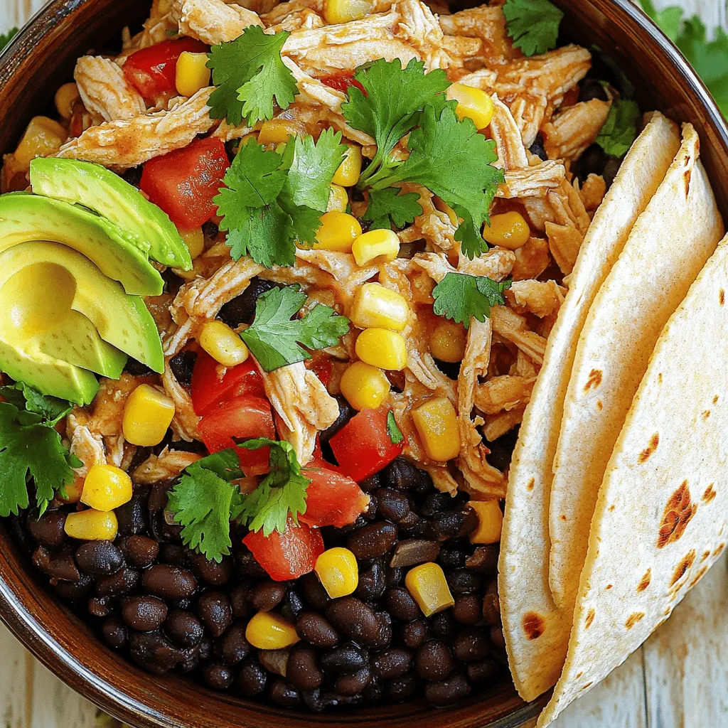 - 2 lbs boneless, skinless chicken thighs - 1 can (15 oz) black beans, drained and rinsed - 1 can (14.5 oz) diced tomatoes with green chilies - 1 cup corn kernels - 1 red bell pepper, diced - 1 small red onion, diced - 3 cloves garlic, minced - 1 tablespoon chili powder - 1 teaspoon cumin - 1 teaspoon smoked paprika - Salt and pepper to taste - 1 lime, juiced - Fresh cilantro for garnish - Optional toppings: sliced avocado and sour cream