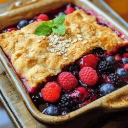 - 2 cups mixed berries (strawberries, blueberries, raspberries, blackberries) - 1 cup granulated sugar - 2 tablespoons cornstarch - 1 teaspoon vanilla extract - 1 tablespoon lemon juice - 1 teaspoon ground cinnamon - 1 cup all-purpose flour - 1 ½ teaspoons baking powder - ½ teaspoon salt - 1/3 cup unsalted butter, melted - 1 cup milk - 1 pinch of nutmeg - 1 tablespoon rolled oats (optional topping) When making berry cobbler, fresh fruit shines. You can use any mix of berries you like. If fresh berries are not available, frozen ones work too. Just let them thaw and drain excess juice. For those who prefer vegan options, swap milk with almond or oat milk. You can also use coconut oil instead of butter. If you need a gluten-free version, try a gluten-free flour blend. Sweeteners can change the flavor. Replace granulated sugar with maple syrup or honey. This might alter the texture slightly, but it adds a nice taste. These swaps help you customize your cobbler. You can enjoy this dessert your way. For the full recipe, check out the Berry Delight Cobbler 🫐. Preheating the oven First, set your oven to 350°F (175°C). This step is key for even baking. Preheating helps the cobbler rise and gives it a nice golden brown color. Preparing the fruit filling In a medium bowl, mix 2 cups of mixed berries with ½ cup of sugar, 2 tablespoons of cornstarch, 1 teaspoon of vanilla extract, 1 tablespoon of lemon juice, and 1 teaspoon of cinnamon. Toss gently until the berries are well coated. Then, pour this mixture into a greased 8x8-inch baking dish. Mixing dry ingredients In a large bowl, whisk together 1 cup of all-purpose flour, 1 ½ teaspoons of baking powder, ½ teaspoon of salt, and a pinch of nutmeg. This mix gives the cobbler its texture. Combining with wet ingredients Next, add 1/3 cup of melted butter and 1 cup of milk to the dry mix. Stir until just combined. It’s okay if there are a few lumps. Overmixing can make the cobbler tough. Pouring the batter over berries Carefully pour the batter over the berry mixture in the baking dish. Use a spatula to spread it evenly. For extra crunch, sprinkle 1 tablespoon of rolled oats on top. Baking time and temperature guide Place the baking dish in the preheated oven. Bake for 35-40 minutes. The cobbler should be golden brown and the berries bubbly. Let it cool for 10-15 minutes before serving. This cooling time helps the filling set. For the full recipe, check out the details above! Enjoy your Berry Cobbler Delight! To get the best texture for your berry cobbler, follow a few simple steps. First, aim for a batter that is thick but still pourable. If it is too thin, your cobbler may not rise well. If it's too thick, it might not spread over the berries. Mix your wet and dry ingredients just until combined. A few lumps are okay, and overmixing can lead to a dense texture. To avoid a soggy bottom, make sure to coat your berries in cornstarch before baking. This helps absorb excess juice. Also, bake your cobbler until the top is golden brown. This can take about 35 to 40 minutes. A well-baked cobbler will have a nice crust that keeps the filling from becoming too wet. Adding flavor to your berry cobbler is easy. You can consider using spices like cinnamon or nutmeg to bring warmth. A touch of vanilla extract enhances the berry flavor nicely. For a fresh twist, try adding citrus zest, like lemon or orange. This adds brightness and cuts through sweetness, making each bite pop. Serving your berry cobbler can be a fun experience. I recommend pairing it with a scoop of vanilla ice cream. The cold creaminess contrasts beautifully with the warm cobbler. For a lighter option, whipped cream works just as well. For presentation, consider garnishing each serving with fresh mint leaves. This adds color and a hint of freshness. You might also drizzle a little honey or maple syrup on top for extra sweetness. Using a pretty dish can make your cobbler look even more inviting. For the full recipe, check out the Berry Delight Cobbler 🫐 section. {{image_2}} Berry cobbler is so fun to make! You can change it up in many ways. Here are some ideas for you. You can use different fruits to make your cobbler shine. Try adding peaches or cherries. Mix in apples for a fall treat. Each fruit brings its own sweet taste. You can also combine different berries. Use strawberries, blueberries, raspberries, or blackberries. Mixing berries gives your cobbler a colorful look and a burst of flavors. If you want a gluten-free option, use almond flour instead of all-purpose flour. This keeps the cobbler soft and tasty. You can also use coconut sugar or stevia for a low-sugar version. These swaps make it easy to enjoy dessert while keeping your diet in mind. For the crust, you can try biscuits instead of a batter. Biscuit topping gives a nice, fluffy bite. Want something crunchier? Use a crumble topping with oats. Combine oats, brown sugar, and butter for a delicious crunch. Each topping gives your cobbler a new twist. To get the full recipe, check out the Berry Delight Cobbler. Enjoy making it your own! To keep your berry cobbler fresh, you can use two methods: refrigeration and freezing. - Refrigeration: Let the cobbler cool down to room temperature. Cover it tightly with plastic wrap or foil. Store it in the fridge for up to 3 days. This keeps the berries juicy and the topping soft. - Freezing: For longer storage, freeze the cobbler. Wrap it well in plastic wrap and then in aluminum foil. Label it with the date. It can last up to 3 months in the freezer. When you're ready to enjoy it, thaw it in the fridge overnight before reheating. To enjoy your berry cobbler again, reheating is key. You want it warm and tasty. - Best ways to reheat for the ideal texture: The oven method is best. Preheat your oven to 350°F (175°C). Place the cobbler in an oven-safe dish. Heat for about 15-20 minutes. This warms it evenly and keeps the topping crisp. - Microwave vs. oven reheating: You can use a microwave for quick heating. Place a slice on a microwave-safe plate. Heat in 20-second bursts until warm. However, the microwave can make the topping soggy. The oven method is better for keeping that perfect texture. Enjoy every bite of your berry cobbler delight! For the full recipe, check out the Berry Delight Cobbler. Can I use frozen berries instead of fresh? Yes, you can use frozen berries. They work great in this recipe. Just remember to thaw them first. This helps avoid excess water in the cobbler. How long does berry cobbler last in the fridge? Berry cobbler lasts about 3 to 5 days in the fridge. Store it in an airtight container to keep it fresh. Is it necessary to pre-cook the berries? No, there is no need to pre-cook the berries. Mixing them with sugar and cornstarch is enough. This helps them release their juices while baking. What to do if the cobbler burns on top? If your cobbler burns on top, cover it with foil. This protects it while it finishes baking. You can also lower the oven temperature next time. What ice cream flavors go well with berry cobbler? Vanilla ice cream is a classic choice. You can also try berry or cinnamon flavors for a fun twist. Should I serve it warm or cold? Serve berry cobbler warm for the best taste. Warm cobbler with ice cream is a perfect combo. For a cooler option, you can serve it cold too. You can find the Full Recipe for this delightful dessert above. Berry cobbler is a tasty dessert that brings joy and comfort. We covered key ingredients, from mixed berries to simple substitutes. You learned how to prepare, bake, and serve your cobbler perfectly. Remember to play with flavors and textures to make it your own. In the end, berry cobbler is all about enjoying fresh fruit in a warm treat. Whether for a special occasion or a cozy night in, this dish can always satisfy your cravings. Enjoy your baking!