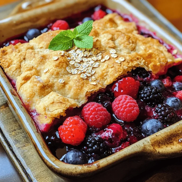 - 2 cups mixed berries (strawberries, blueberries, raspberries, blackberries) - 1 cup granulated sugar - 2 tablespoons cornstarch - 1 teaspoon vanilla extract - 1 tablespoon lemon juice - 1 teaspoon ground cinnamon - 1 cup all-purpose flour - 1 ½ teaspoons baking powder - ½ teaspoon salt - 1/3 cup unsalted butter, melted - 1 cup milk - 1 pinch of nutmeg - 1 tablespoon rolled oats (optional topping) When making berry cobbler, fresh fruit shines. You can use any mix of berries you like. If fresh berries are not available, frozen ones work too. Just let them thaw and drain excess juice. For those who prefer vegan options, swap milk with almond or oat milk. You can also use coconut oil instead of butter. If you need a gluten-free version, try a gluten-free flour blend. Sweeteners can change the flavor. Replace granulated sugar with maple syrup or honey. This might alter the texture slightly, but it adds a nice taste. These swaps help you customize your cobbler. You can enjoy this dessert your way. For the full recipe, check out the Berry Delight Cobbler 🫐. Preheating the oven First, set your oven to 350°F (175°C). This step is key for even baking. Preheating helps the cobbler rise and gives it a nice golden brown color. Preparing the fruit filling In a medium bowl, mix 2 cups of mixed berries with ½ cup of sugar, 2 tablespoons of cornstarch, 1 teaspoon of vanilla extract, 1 tablespoon of lemon juice, and 1 teaspoon of cinnamon. Toss gently until the berries are well coated. Then, pour this mixture into a greased 8x8-inch baking dish. Mixing dry ingredients In a large bowl, whisk together 1 cup of all-purpose flour, 1 ½ teaspoons of baking powder, ½ teaspoon of salt, and a pinch of nutmeg. This mix gives the cobbler its texture. Combining with wet ingredients Next, add 1/3 cup of melted butter and 1 cup of milk to the dry mix. Stir until just combined. It’s okay if there are a few lumps. Overmixing can make the cobbler tough. Pouring the batter over berries Carefully pour the batter over the berry mixture in the baking dish. Use a spatula to spread it evenly. For extra crunch, sprinkle 1 tablespoon of rolled oats on top. Baking time and temperature guide Place the baking dish in the preheated oven. Bake for 35-40 minutes. The cobbler should be golden brown and the berries bubbly. Let it cool for 10-15 minutes before serving. This cooling time helps the filling set. For the full recipe, check out the details above! Enjoy your Berry Cobbler Delight! To get the best texture for your berry cobbler, follow a few simple steps. First, aim for a batter that is thick but still pourable. If it is too thin, your cobbler may not rise well. If it's too thick, it might not spread over the berries. Mix your wet and dry ingredients just until combined. A few lumps are okay, and overmixing can lead to a dense texture. To avoid a soggy bottom, make sure to coat your berries in cornstarch before baking. This helps absorb excess juice. Also, bake your cobbler until the top is golden brown. This can take about 35 to 40 minutes. A well-baked cobbler will have a nice crust that keeps the filling from becoming too wet. Adding flavor to your berry cobbler is easy. You can consider using spices like cinnamon or nutmeg to bring warmth. A touch of vanilla extract enhances the berry flavor nicely. For a fresh twist, try adding citrus zest, like lemon or orange. This adds brightness and cuts through sweetness, making each bite pop. Serving your berry cobbler can be a fun experience. I recommend pairing it with a scoop of vanilla ice cream. The cold creaminess contrasts beautifully with the warm cobbler. For a lighter option, whipped cream works just as well. For presentation, consider garnishing each serving with fresh mint leaves. This adds color and a hint of freshness. You might also drizzle a little honey or maple syrup on top for extra sweetness. Using a pretty dish can make your cobbler look even more inviting. For the full recipe, check out the Berry Delight Cobbler 🫐 section. {{image_2}} Berry cobbler is so fun to make! You can change it up in many ways. Here are some ideas for you. You can use different fruits to make your cobbler shine. Try adding peaches or cherries. Mix in apples for a fall treat. Each fruit brings its own sweet taste. You can also combine different berries. Use strawberries, blueberries, raspberries, or blackberries. Mixing berries gives your cobbler a colorful look and a burst of flavors. If you want a gluten-free option, use almond flour instead of all-purpose flour. This keeps the cobbler soft and tasty. You can also use coconut sugar or stevia for a low-sugar version. These swaps make it easy to enjoy dessert while keeping your diet in mind. For the crust, you can try biscuits instead of a batter. Biscuit topping gives a nice, fluffy bite. Want something crunchier? Use a crumble topping with oats. Combine oats, brown sugar, and butter for a delicious crunch. Each topping gives your cobbler a new twist. To get the full recipe, check out the Berry Delight Cobbler. Enjoy making it your own! To keep your berry cobbler fresh, you can use two methods: refrigeration and freezing. - Refrigeration: Let the cobbler cool down to room temperature. Cover it tightly with plastic wrap or foil. Store it in the fridge for up to 3 days. This keeps the berries juicy and the topping soft. - Freezing: For longer storage, freeze the cobbler. Wrap it well in plastic wrap and then in aluminum foil. Label it with the date. It can last up to 3 months in the freezer. When you're ready to enjoy it, thaw it in the fridge overnight before reheating. To enjoy your berry cobbler again, reheating is key. You want it warm and tasty. - Best ways to reheat for the ideal texture: The oven method is best. Preheat your oven to 350°F (175°C). Place the cobbler in an oven-safe dish. Heat for about 15-20 minutes. This warms it evenly and keeps the topping crisp. - Microwave vs. oven reheating: You can use a microwave for quick heating. Place a slice on a microwave-safe plate. Heat in 20-second bursts until warm. However, the microwave can make the topping soggy. The oven method is better for keeping that perfect texture. Enjoy every bite of your berry cobbler delight! For the full recipe, check out the Berry Delight Cobbler. Can I use frozen berries instead of fresh? Yes, you can use frozen berries. They work great in this recipe. Just remember to thaw them first. This helps avoid excess water in the cobbler. How long does berry cobbler last in the fridge? Berry cobbler lasts about 3 to 5 days in the fridge. Store it in an airtight container to keep it fresh. Is it necessary to pre-cook the berries? No, there is no need to pre-cook the berries. Mixing them with sugar and cornstarch is enough. This helps them release their juices while baking. What to do if the cobbler burns on top? If your cobbler burns on top, cover it with foil. This protects it while it finishes baking. You can also lower the oven temperature next time. What ice cream flavors go well with berry cobbler? Vanilla ice cream is a classic choice. You can also try berry or cinnamon flavors for a fun twist. Should I serve it warm or cold? Serve berry cobbler warm for the best taste. Warm cobbler with ice cream is a perfect combo. For a cooler option, you can serve it cold too. You can find the Full Recipe for this delightful dessert above. Berry cobbler is a tasty dessert that brings joy and comfort. We covered key ingredients, from mixed berries to simple substitutes. You learned how to prepare, bake, and serve your cobbler perfectly. Remember to play with flavors and textures to make it your own. In the end, berry cobbler is all about enjoying fresh fruit in a warm treat. Whether for a special occasion or a cozy night in, this dish can always satisfy your cravings. Enjoy your baking!