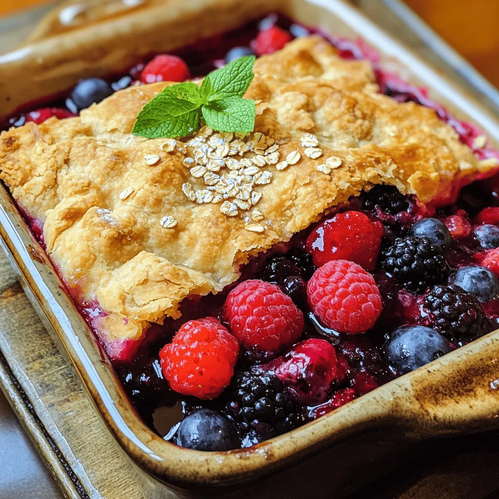 - 2 cups mixed berries (strawberries, blueberries, raspberries, blackberries) - 1 cup granulated sugar - 2 tablespoons cornstarch - 1 teaspoon vanilla extract - 1 tablespoon lemon juice - 1 teaspoon ground cinnamon - 1 cup all-purpose flour - 1 ½ teaspoons baking powder - ½ teaspoon salt - 1/3 cup unsalted butter, melted - 1 cup milk - 1 pinch of nutmeg - 1 tablespoon rolled oats (optional topping) When making berry cobbler, fresh fruit shines. You can use any mix of berries you like. If fresh berries are not available, frozen ones work too. Just let them thaw and drain excess juice. For those who prefer vegan options, swap milk with almond or oat milk. You can also use coconut oil instead of butter. If you need a gluten-free version, try a gluten-free flour blend. Sweeteners can change the flavor. Replace granulated sugar with maple syrup or honey. This might alter the texture slightly, but it adds a nice taste. These swaps help you customize your cobbler. You can enjoy this dessert your way. For the full recipe, check out the Berry Delight Cobbler 🫐. Preheating the oven First, set your oven to 350°F (175°C). This step is key for even baking. Preheating helps the cobbler rise and gives it a nice golden brown color. Preparing the fruit filling In a medium bowl, mix 2 cups of mixed berries with ½ cup of sugar, 2 tablespoons of cornstarch, 1 teaspoon of vanilla extract, 1 tablespoon of lemon juice, and 1 teaspoon of cinnamon. Toss gently until the berries are well coated. Then, pour this mixture into a greased 8x8-inch baking dish. Mixing dry ingredients In a large bowl, whisk together 1 cup of all-purpose flour, 1 ½ teaspoons of baking powder, ½ teaspoon of salt, and a pinch of nutmeg. This mix gives the cobbler its texture. Combining with wet ingredients Next, add 1/3 cup of melted butter and 1 cup of milk to the dry mix. Stir until just combined. It’s okay if there are a few lumps. Overmixing can make the cobbler tough. Pouring the batter over berries Carefully pour the batter over the berry mixture in the baking dish. Use a spatula to spread it evenly. For extra crunch, sprinkle 1 tablespoon of rolled oats on top. Baking time and temperature guide Place the baking dish in the preheated oven. Bake for 35-40 minutes. The cobbler should be golden brown and the berries bubbly. Let it cool for 10-15 minutes before serving. This cooling time helps the filling set. For the full recipe, check out the details above! Enjoy your Berry Cobbler Delight! To get the best texture for your berry cobbler, follow a few simple steps. First, aim for a batter that is thick but still pourable. If it is too thin, your cobbler may not rise well. If it's too thick, it might not spread over the berries. Mix your wet and dry ingredients just until combined. A few lumps are okay, and overmixing can lead to a dense texture. To avoid a soggy bottom, make sure to coat your berries in cornstarch before baking. This helps absorb excess juice. Also, bake your cobbler until the top is golden brown. This can take about 35 to 40 minutes. A well-baked cobbler will have a nice crust that keeps the filling from becoming too wet. Adding flavor to your berry cobbler is easy. You can consider using spices like cinnamon or nutmeg to bring warmth. A touch of vanilla extract enhances the berry flavor nicely. For a fresh twist, try adding citrus zest, like lemon or orange. This adds brightness and cuts through sweetness, making each bite pop. Serving your berry cobbler can be a fun experience. I recommend pairing it with a scoop of vanilla ice cream. The cold creaminess contrasts beautifully with the warm cobbler. For a lighter option, whipped cream works just as well. For presentation, consider garnishing each serving with fresh mint leaves. This adds color and a hint of freshness. You might also drizzle a little honey or maple syrup on top for extra sweetness. Using a pretty dish can make your cobbler look even more inviting. For the full recipe, check out the Berry Delight Cobbler 🫐 section. {{image_2}} Berry cobbler is so fun to make! You can change it up in many ways. Here are some ideas for you. You can use different fruits to make your cobbler shine. Try adding peaches or cherries. Mix in apples for a fall treat. Each fruit brings its own sweet taste. You can also combine different berries. Use strawberries, blueberries, raspberries, or blackberries. Mixing berries gives your cobbler a colorful look and a burst of flavors. If you want a gluten-free option, use almond flour instead of all-purpose flour. This keeps the cobbler soft and tasty. You can also use coconut sugar or stevia for a low-sugar version. These swaps make it easy to enjoy dessert while keeping your diet in mind. For the crust, you can try biscuits instead of a batter. Biscuit topping gives a nice, fluffy bite. Want something crunchier? Use a crumble topping with oats. Combine oats, brown sugar, and butter for a delicious crunch. Each topping gives your cobbler a new twist. To get the full recipe, check out the Berry Delight Cobbler. Enjoy making it your own! To keep your berry cobbler fresh, you can use two methods: refrigeration and freezing. - Refrigeration: Let the cobbler cool down to room temperature. Cover it tightly with plastic wrap or foil. Store it in the fridge for up to 3 days. This keeps the berries juicy and the topping soft. - Freezing: For longer storage, freeze the cobbler. Wrap it well in plastic wrap and then in aluminum foil. Label it with the date. It can last up to 3 months in the freezer. When you're ready to enjoy it, thaw it in the fridge overnight before reheating. To enjoy your berry cobbler again, reheating is key. You want it warm and tasty. - Best ways to reheat for the ideal texture: The oven method is best. Preheat your oven to 350°F (175°C). Place the cobbler in an oven-safe dish. Heat for about 15-20 minutes. This warms it evenly and keeps the topping crisp. - Microwave vs. oven reheating: You can use a microwave for quick heating. Place a slice on a microwave-safe plate. Heat in 20-second bursts until warm. However, the microwave can make the topping soggy. The oven method is better for keeping that perfect texture. Enjoy every bite of your berry cobbler delight! For the full recipe, check out the Berry Delight Cobbler. Can I use frozen berries instead of fresh? Yes, you can use frozen berries. They work great in this recipe. Just remember to thaw them first. This helps avoid excess water in the cobbler. How long does berry cobbler last in the fridge? Berry cobbler lasts about 3 to 5 days in the fridge. Store it in an airtight container to keep it fresh. Is it necessary to pre-cook the berries? No, there is no need to pre-cook the berries. Mixing them with sugar and cornstarch is enough. This helps them release their juices while baking. What to do if the cobbler burns on top? If your cobbler burns on top, cover it with foil. This protects it while it finishes baking. You can also lower the oven temperature next time. What ice cream flavors go well with berry cobbler? Vanilla ice cream is a classic choice. You can also try berry or cinnamon flavors for a fun twist. Should I serve it warm or cold? Serve berry cobbler warm for the best taste. Warm cobbler with ice cream is a perfect combo. For a cooler option, you can serve it cold too. You can find the Full Recipe for this delightful dessert above. Berry cobbler is a tasty dessert that brings joy and comfort. We covered key ingredients, from mixed berries to simple substitutes. You learned how to prepare, bake, and serve your cobbler perfectly. Remember to play with flavors and textures to make it your own. In the end, berry cobbler is all about enjoying fresh fruit in a warm treat. Whether for a special occasion or a cozy night in, this dish can always satisfy your cravings. Enjoy your baking!