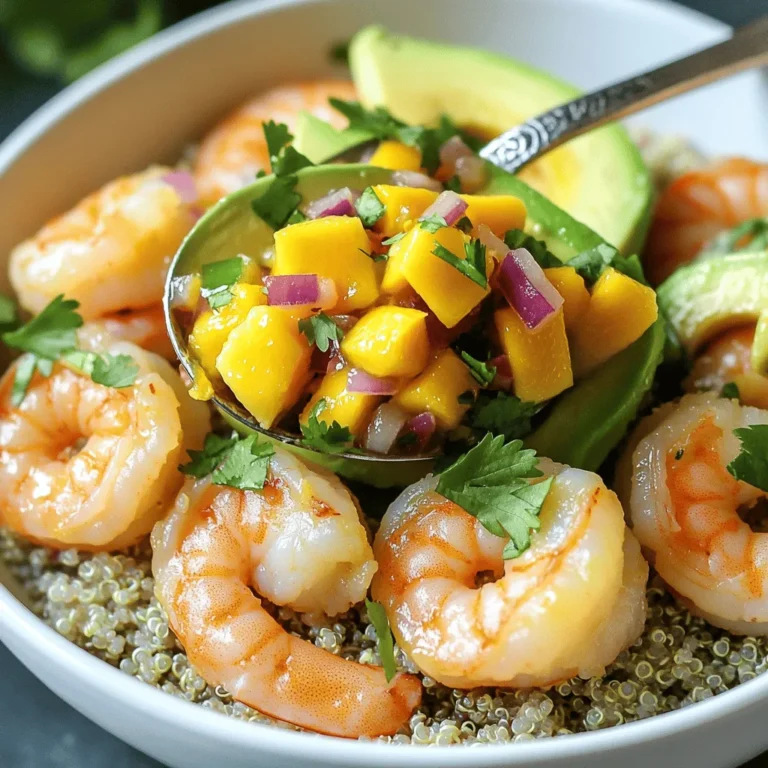- 1 lb fresh shrimp, peeled and deveined - 2 ripe avocados, diced - 1 cup cooked quinoa - 1 tablespoon olive oil - 1 teaspoon garlic powder - Salt and pepper to taste - Juice of 1 lime - Fresh cilantro, chopped (for garnish) - 1 ripe mango, diced - 1/2 red onion, finely chopped - 1 jalapeño, finely minced (optional for heat) - 1 tablespoon lime juice - Salt to taste Each serving has about 400 calories. You get 25 grams of protein, 20 grams of fat, and 30 grams of carbs. This dish offers a nice balance of nutrients while being full of flavor. When you gather your ingredients, make sure to use fresh shrimp and ripe avocados. The quality of the ingredients makes a big difference. You can find the Full Recipe at the beginning of this article for detailed measurements and cooking steps. To make the mango salsa, start by grabbing a medium bowl. Add the diced mango, red onion, and jalapeño if you like heat. Pour in the lime juice and sprinkle a pinch of salt. Stir gently to mix. Let it sit for a few minutes. This helps the flavors blend well. The salsa gets better with time. Rinse 1/2 cup of quinoa under cold water. This removes any bitter taste. In a saucepan, combine the rinsed quinoa with 1 cup of water. Heat on medium until it boils. Once boiling, lower the heat and cover. Let it simmer for about 15 minutes. When the water is gone, fluff it with a fork. Set it aside to cool. Heat 1 tablespoon of olive oil in a large skillet on medium heat. Add the fresh shrimp to the pan. Sprinkle with garlic powder, salt, and pepper. Cook for 3 to 4 minutes. Turn the shrimp occasionally. They should turn pink and opaque. Squeeze lime juice over the shrimp at the end. This adds a zesty kick. Grab your serving bowls. Start with a layer of cooked quinoa as the base. Next, add a scoop of diced avocado on top. Then, place the sautéed shrimp over the avocado. Finish with a generous spoonful of mango salsa. This layering not only looks great but also balances the flavors. For the final touch, sprinkle chopped cilantro over the bowls. It adds color and freshness. You can also add lime wedges on the side. This makes the dish visually appealing and extra tasty. Enjoy your vibrant shrimp avocado bowls! For the full recipe, check out the instructions above. To avoid overcooking shrimp, watch the color closely. Cook them until they turn pink and opaque, about 3-4 minutes. If you cook them too long, they become rubbery. Use medium heat for best results. You can customize your mango salsa easily. Add fresh herbs like basil or mint. Try spices like cumin or chili powder to enhance the flavor. You can also mix in diced peppers for extra crunch. Taste as you go to find your favorite blend. Choosing the right avocado is key. Look for ones that yield slightly when you press them. Avoid hard or overly soft avocados. Store ripe avocados in the fridge to keep them fresh longer. If you cut an avocado, sprinkle lime juice on it to prevent browning. For the full recipe, check out the Shrimp Avocado Bowls with Mango Salsa. {{image_2}} If shrimp isn’t your thing, try chicken or tofu. Cooked chicken works well. Just grill or sauté it with the same spices. Tofu is a great choice for a vegan option. Use firm tofu, cut it into cubes, and sauté until golden. Both options will still pair well with the mango salsa. To complete your meal, consider adding a fresh side salad. A simple mix of greens, cherry tomatoes, and a light vinaigrette works nicely. You can also serve tortilla chips on the side for a crunchy texture. Another great option is a side of black beans for added protein and fiber. This dish is easy to adapt for different diets. For a gluten-free meal, just ensure your quinoa is certified gluten-free. If you want a dairy-free option, you’re already set! You can make this bowl vegan by swapping shrimp for tofu. This way, everyone can enjoy a delicious and healthy meal. For more details, check out the Full Recipe. After making shrimp avocado bowls, you can store leftovers in the fridge. Place them in an airtight container. They stay fresh for up to three days. To keep the avocado from browning, squeeze extra lime juice on it before storing. You can freeze some parts of this dish. The shrimp can freeze well for up to three months. Just make sure they are cooked and cooled first. The mango salsa can also freeze, but it may lose some crunch. It is best to freeze the salsa without the avocado. When reheating, do it slowly to keep the flavors great. Use a skillet over low heat for the shrimp. Stir often to avoid overcooking. For quinoa, add a splash of water before warming. This keeps it soft and fluffy. Avoid microwaving if you want to maintain the taste. Yes, you can prepare parts of this dish in advance. Cook the quinoa and make the mango salsa the day before. Store them in the fridge. When you're ready to eat, cook the shrimp fresh for the best taste and texture. If you want a change from quinoa, try brown rice or farro. You can also use cauliflower rice for a lighter option. Each grain brings its own flavor, so feel free to experiment and find your favorite. To boost the flavor of your mango salsa, add diced bell peppers or a splash of orange juice. Chopped fresh herbs like mint or basil can add freshness too. If you like heat, consider more jalapeño or a dash of hot sauce. This recipe has some carbs from quinoa and mango. If you're on a low-carb plan, swap quinoa for cauliflower rice. You can also reduce the amount of mango to lower the carb count while still enjoying the flavor. Yes, frozen shrimp work well too. Just make sure to thaw them first. Rinse under cold water and pat dry before cooking. This will help them cook evenly and keep their texture nice. This blog post covered a fresh shrimp bowl with vibrant mango salsa. We explored key ingredients, cooking tips, and nutritional info. I hope you now feel ready to create a delicious meal. Remember, you can customize this recipe to suit your taste. Use different proteins or add spices to the salsa. Enjoy your cooking and have fun with flavors! Your next meal can be both healthy and tasty. Let's make mealtime enjoyable and exciting!
