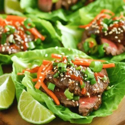 - 1 lb flank steak, thinly sliced - Soy sauce, sesame oil, and sriracha sauce - Fresh vegetables for garnishing The main part of this recipe is the flank steak. I like to choose flank steak because it is tender and has great flavor. You will slice it thinly to help it absorb the marinade. The marinade is key! It combines soy sauce, sesame oil, and sriracha. This mix gives the steak a rich taste with a nice kick. You can adjust the sriracha to make it more or less spicy, depending on your taste. Fresh veggies are a must for garnishing. They add crunch and color to your wraps. - Shredded carrots - Chopped green onions and sesame seeds - Lime wedges for serving For extra flair, consider adding optional garnishes. Shredded carrots bring sweetness and crunch. Chopped green onions add a pop of freshness. Sesame seeds give a nice nutty flavor. Finally, lime wedges offer a tangy twist. The lime juice brightens up all the flavors in the wrap. For the full recipe, you can check out the details above. 1. In a medium bowl, combine the following ingredients: - 2 tablespoons soy sauce - 1 tablespoon sesame oil - 2 tablespoons sriracha sauce - 1 tablespoon brown sugar - 1 teaspoon garlic powder - 1 teaspoon ginger powder 2. Mix well to create a flavorful marinade. 3. Add 1 pound of thinly sliced flank steak to the bowl. 4. Make sure every piece is coated in the marinade. 5. Let it marinate for at least 30 minutes. You can marinate up to 2 hours for richer flavor. 1. Heat a skillet or grill pan over medium-high heat. 2. Add the marinated steak to the pan. 3. Cook for 3 to 4 minutes on each side. 4. Cook until the steak reaches your desired doneness. 5. Remove from heat and let the steak rest for a few minutes. 1. Prepare the lettuce leaves. Lay out butter lettuce or romaine leaves on a platter. 2. Once the steak has rested, slice it into bite-sized pieces. 3. Lay a few pieces of steak in the center of each lettuce leaf. 4. Top with shredded carrots, thinly sliced red bell pepper, and chopped green onions. 5. Drizzle any leftover marinade over the filled wraps for added flavor. 6. Garnish with sesame seeds and serve with lime wedges on the side. For the full recipe, check out the above section. Enjoy your fresh and flavorful steak and sriracha lettuce wraps! How to adjust heat level with sriracha To control the heat, start with less sriracha. Use one tablespoon first. Taste the marinade. If you want more heat, add extra sriracha a little at a time. This way, you get the spice just right for your taste. Best cooking methods for flank steak Flank steak cooks best on high heat. You can use a skillet, grill pan, or outdoor grill. Heat the pan first before adding the steak. This gives a nice sear. Cook for 3-4 minutes on each side. Let it rest after cooking. This makes the steak juicy. Ideal side dishes to accompany wraps Pair your wraps with light sides. Fresh fruit salad or crunchy cucumber salad works well. You can also serve a tangy slaw. These sides balance the flavors. They add color and freshness to your meal. Presentation ideas for a beautiful platter For a stunning platter, use a large, flat dish. Arrange the lettuce leaves in a ring. Place the steak in the center. Add colorful veggies like carrots and bell peppers around the steak. Sprinkle sesame seeds on top. Serve with lime wedges on the side. This makes your dish pop and looks inviting. For the full recipe, check the section above. {{image_2}} You can switch the flank steak for chicken or tofu. Chicken gives a nice twist, while tofu offers a great vegetarian option. Both proteins absorb flavors well. For chicken, use the same marinade from the steak recipe. For tofu, press and cube it before marinating. You can also try different marinades. A teriyaki sauce adds a sweet touch. A garlic-soy marinade brings depth. Mixing flavors keeps your wraps exciting. For a vegetarian take, load up on colorful veggies. Try sliced cucumbers, diced bell peppers, or shredded cabbage. These add crunch and freshness. Combine sauces for a unique taste. Mix sriracha with peanut sauce for a creamy kick. Add lime juice for brightness. This way, you get a punch of flavor without meat. Experiment with what you have on hand! For the full recipe, check out the complete guide. To keep your Steak & Sriracha Lettuce Wraps fresh, cool them down quickly. Place them in shallow containers. This helps the food cool faster, reducing the risk of bacteria. Seal the containers tightly with lids or use plastic wrap. Store them in the fridge. Leftovers can last for about 3 to 4 days. Always check for any signs of spoilage before eating. When you’re ready to enjoy leftovers, the best method is to use a skillet. Heat it on medium-low. Add a splash of water or broth to keep the steak moist. Stir gently until warmed through. Avoid the microwave if you can, as it can make the steak tough. After reheating, serve the wraps fresh in new lettuce leaves. This keeps them crisp and delightful. How do I make the steak less tough? To make steak less tough, use flank steak and cut it thin. Marinating the steak helps too. You can use soy sauce and sesame oil for a great tenderizer. Cook the steak over high heat and do not overcook it. This keeps the meat juicy. Letting it rest after cooking also helps. It allows the juices to settle back in. Can I make these wraps ahead of time? Yes, you can make these wraps ahead of time. Marinate the steak and cook it. Then, store the cooked steak in the fridge. You can also wash and prepare the lettuce leaves before serving. Just wait to assemble the wraps until you are ready to eat. This keeps the lettuce crisp and fresh. What can I use instead of sriracha? If you want a different heat, use chili garlic sauce. You can also try hot sauce or a mix of ketchup and hot sauce. Adjust the amount to fit your taste. For less heat, use sweet chili sauce or even hoisin sauce. These options bring their own unique flavor. Are there gluten-free options available? Yes, you can make these wraps gluten-free. Use tamari instead of soy sauce for a gluten-free option. Make sure the sriracha you choose is also gluten-free. Many brands offer gluten-free sauces, so check the label. With these swaps, you can enjoy the wraps without worry. You learned how to make tasty flank steak wraps with easy steps. We covered the key ingredients, cooking tips, and variations to try. I shared how to store and reheat leftovers for the best taste. You can switch proteins or make them vegetarian for new flavors. Enjoy creating delicious wraps that suit your taste!
