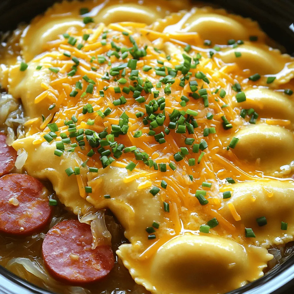 - Frozen pierogi (16 oz, cheese and potato filling preferred) - Kielbasa (1 pound, sliced) - Onion (1 large, chopped) - Sauerkraut (2 cups, drained and rinsed) - Cheddar cheese (1 cup, shredded plus extra for topping) - Sour cream (1 cup) - Garlic powder (1 teaspoon) - Smoked paprika (1 teaspoon) - Salt and pepper (to taste) - Fresh chives (for garnish)