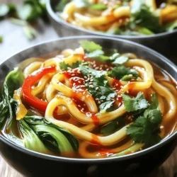 - 400g udon noodles - 3 tablespoons chili oil - 2 garlic cloves, minced - 1 inch ginger, grated Udon noodles are thick and chewy. They soak up flavors well. Chili oil adds spice and depth. Garlic and ginger give a fresh kick. Their scents fill your kitchen with warmth. - 1 tablespoon soy sauce - 1 tablespoon sesame oil - 1 tablespoon rice vinegar - 1 tablespoon sugar Soy sauce brings umami to the mix. Sesame oil adds a nutty flavor. Rice vinegar balances the taste. Sugar gives a hint of sweetness, making this sauce complete. - 1 cup bok choy, chopped - 1 red bell pepper, thinly sliced - 2 green onions, chopped - Sesame seeds for garnish - Fresh cilantro for garnish Bok choy adds crunch and a green touch. Red bell pepper adds color and sweetness. Green onions give a fresh bite. Sesame seeds and cilantro are great for a pretty finish. For the full recipe, check out the Full Recipe section. - Bring a large pot of water to a boil. - Add the udon noodles and cook for 8-10 minutes. - Check the package for exact cooking time. - Drain the noodles and set them aside. - Heat 3 tablespoons of chili oil in a large skillet over medium heat. - Once hot, add 2 minced garlic cloves and 1 inch of grated ginger. - Sauté for 1-2 minutes until fragrant but not burnt. - Toss in 1 cup of chopped bok choy and 1 sliced red bell pepper. - Stir-fry for 3-4 minutes until the veggies are tender-crisp. - In a small bowl, mix 1 tablespoon each of soy sauce, sesame oil, rice vinegar, and sugar. - Stir until the sugar dissolves. - Add the drained udon noodles to the skillet with the vegetables. - Pour the sauce mixture over the noodles and toss well. - Cook for an additional 2-3 minutes to heat everything through. - Serve in deep bowls, garnished with chopped green onions, sesame seeds, and fresh cilantro. - Drizzle with extra chili oil for a spicy kick. For the full recipe, check the detailed instructions above. Enjoy your flavorful chili oil udon noodles! To cook udon noodles, follow the package’s cooking time. Usually, it takes about 8-10 minutes. Check the texture by tasting a noodle. You want it soft but still firm. If you prefer a bite, cook for a minute less. This makes the noodles perfect for stir-frying. Chili oil packs a punch, but you can adjust the spice. If you like it milder, use less chili oil. You can also add some soy sauce for more depth. For a fresh twist, try adding a splash of lime juice. Other seasonings like garlic powder or black pepper can boost flavor too. Serve your chili oil udon noodles in deep bowls. This adds a nice touch. Drizzle a bit more chili oil on top for color. For garnishes, green onions give a nice crunch. Sesame seeds add a nutty flavor. Fresh cilantro brightens the dish. Mix and match these garnishes for a fun look. Check the Full Recipe for more serving ideas. {{image_2}} You can make your chili oil udon noodles more filling by adding proteins. Chicken, shrimp, or tofu work great. For chicken, cut it into bite-sized pieces. Sauté it in the chili oil until cooked through. For shrimp, add them when the garlic and ginger are fragrant. Cook until they turn pink. If you choose tofu, use firm tofu. Cut it into cubes and pan-fry until golden. This adds both texture and flavor to your dish. If you want a vegetarian or vegan version, you can easily swap some ingredients. Use tamari instead of soy sauce for a gluten-free option. Instead of chili oil, try using garlic oil for a milder taste. Adding more vegetables, like snap peas or carrots, makes the dish colorful and nutritious. You can even toss in some mushrooms for extra umami flavor. The spice level in your chili oil udon noodles can be adjusted easily. If you prefer mild noodles, use less chili oil or choose a milder brand. You can also add a splash of coconut milk to tone down the heat. For those who love spice, feel free to add more chili oil. Just remember to taste as you go. This way, you’ll find the heat level that suits your palate. To keep your chili oil udon noodles fresh, store them in the fridge. Place the noodles in an airtight container. This helps keep moisture in and prevents them from drying out. Make sure to cool the noodles before sealing the container. They will stay good for about three days. If you have sauce left, store it separately. This keeps the noodles from getting soggy. When you’re ready to eat leftovers, reheating is key. Use a pan on low heat. Add a splash of water or broth to keep them moist. Stir often to warm evenly. Avoid using the microwave if you want to keep the texture. Microwaving can make the noodles chewy and dry. If you want to save your chili oil udon noodles for later, freezing is a great choice. First, let the noodles cool completely. Then, place them in a freezer-safe bag. Squeeze out as much air as you can before sealing. This prevents freezer burn. They can last for up to three months in the freezer. When you’re ready to eat, thaw them in the fridge overnight. Reheat in a pan as mentioned above. Enjoy your tasty noodles even after freezing! For the full recipe, check out the earlier section. You can use several types of noodles if you cannot find udon. Here are some alternatives: - Soba noodles: These are thin and made from buckwheat. - Rice noodles: Great for a gluten-free option. - Spaghetti: This is a common substitute, but it will change the flavor. For gluten-free options, consider: - Rice noodles: They work well in this dish. - Zoodles: Spiralized zucchini adds a fresh twist. Yes, making chili oil at home is simple and fun! You need a few basic ingredients: - Oil: Use vegetable or canola oil. - Chili flakes: Adjust the amount based on your spice level. - Garlic: Whole cloves or minced work great. Here are the steps to prepare it: 1. Heat oil in a small pan over low heat. 2. Add chili flakes and garlic. 3. Cook until the garlic is golden, then let it cool. You can find chili oil udon noodles at local markets. Check these options: - Asian grocery stores: They often carry udon noodles and chili oil. - Health food stores: Some have a good selection of specialty noodles. You can also purchase them online. Websites like Amazon or specialty food sites offer many options. Look for brands that focus on quality ingredients. This blog covered how to make chili oil udon noodles from start to finish. We explored the main ingredients like udon noodles, chili oil, and veggies. You learned how to cook the noodles, prepare the sauce, and mix everything together. I also shared tips for storage and creative variations. Now, you can enjoy a tasty dish that’s easy to make. Feel free to adapt the recipe to fit your taste. Embrace the cooking journey and let this meal bring joy to your table.