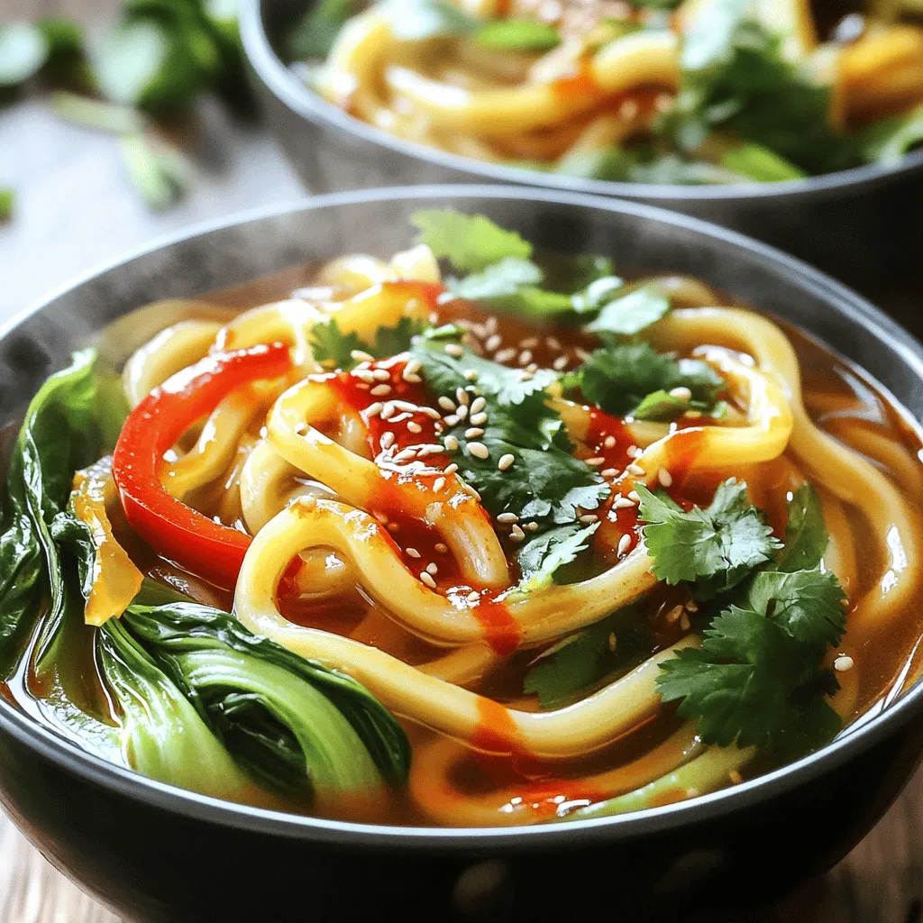- 400g udon noodles - 3 tablespoons chili oil - 2 garlic cloves, minced - 1 inch ginger, grated Udon noodles are thick and chewy. They soak up flavors well. Chili oil adds spice and depth. Garlic and ginger give a fresh kick. Their scents fill your kitchen with warmth. - 1 tablespoon soy sauce - 1 tablespoon sesame oil - 1 tablespoon rice vinegar - 1 tablespoon sugar Soy sauce brings umami to the mix. Sesame oil adds a nutty flavor. Rice vinegar balances the taste. Sugar gives a hint of sweetness, making this sauce complete. - 1 cup bok choy, chopped - 1 red bell pepper, thinly sliced - 2 green onions, chopped - Sesame seeds for garnish - Fresh cilantro for garnish Bok choy adds crunch and a green touch. Red bell pepper adds color and sweetness. Green onions give a fresh bite. Sesame seeds and cilantro are great for a pretty finish. For the full recipe, check out the Full Recipe section. - Bring a large pot of water to a boil. - Add the udon noodles and cook for 8-10 minutes. - Check the package for exact cooking time. - Drain the noodles and set them aside. - Heat 3 tablespoons of chili oil in a large skillet over medium heat. - Once hot, add 2 minced garlic cloves and 1 inch of grated ginger. - Sauté for 1-2 minutes until fragrant but not burnt. - Toss in 1 cup of chopped bok choy and 1 sliced red bell pepper. - Stir-fry for 3-4 minutes until the veggies are tender-crisp. - In a small bowl, mix 1 tablespoon each of soy sauce, sesame oil, rice vinegar, and sugar. - Stir until the sugar dissolves. - Add the drained udon noodles to the skillet with the vegetables. - Pour the sauce mixture over the noodles and toss well. - Cook for an additional 2-3 minutes to heat everything through. - Serve in deep bowls, garnished with chopped green onions, sesame seeds, and fresh cilantro. - Drizzle with extra chili oil for a spicy kick. For the full recipe, check the detailed instructions above. Enjoy your flavorful chili oil udon noodles! To cook udon noodles, follow the package’s cooking time. Usually, it takes about 8-10 minutes. Check the texture by tasting a noodle. You want it soft but still firm. If you prefer a bite, cook for a minute less. This makes the noodles perfect for stir-frying. Chili oil packs a punch, but you can adjust the spice. If you like it milder, use less chili oil. You can also add some soy sauce for more depth. For a fresh twist, try adding a splash of lime juice. Other seasonings like garlic powder or black pepper can boost flavor too. Serve your chili oil udon noodles in deep bowls. This adds a nice touch. Drizzle a bit more chili oil on top for color. For garnishes, green onions give a nice crunch. Sesame seeds add a nutty flavor. Fresh cilantro brightens the dish. Mix and match these garnishes for a fun look. Check the Full Recipe for more serving ideas. {{image_2}} You can make your chili oil udon noodles more filling by adding proteins. Chicken, shrimp, or tofu work great. For chicken, cut it into bite-sized pieces. Sauté it in the chili oil until cooked through. For shrimp, add them when the garlic and ginger are fragrant. Cook until they turn pink. If you choose tofu, use firm tofu. Cut it into cubes and pan-fry until golden. This adds both texture and flavor to your dish. If you want a vegetarian or vegan version, you can easily swap some ingredients. Use tamari instead of soy sauce for a gluten-free option. Instead of chili oil, try using garlic oil for a milder taste. Adding more vegetables, like snap peas or carrots, makes the dish colorful and nutritious. You can even toss in some mushrooms for extra umami flavor. The spice level in your chili oil udon noodles can be adjusted easily. If you prefer mild noodles, use less chili oil or choose a milder brand. You can also add a splash of coconut milk to tone down the heat. For those who love spice, feel free to add more chili oil. Just remember to taste as you go. This way, you’ll find the heat level that suits your palate. To keep your chili oil udon noodles fresh, store them in the fridge. Place the noodles in an airtight container. This helps keep moisture in and prevents them from drying out. Make sure to cool the noodles before sealing the container. They will stay good for about three days. If you have sauce left, store it separately. This keeps the noodles from getting soggy. When you’re ready to eat leftovers, reheating is key. Use a pan on low heat. Add a splash of water or broth to keep them moist. Stir often to warm evenly. Avoid using the microwave if you want to keep the texture. Microwaving can make the noodles chewy and dry. If you want to save your chili oil udon noodles for later, freezing is a great choice. First, let the noodles cool completely. Then, place them in a freezer-safe bag. Squeeze out as much air as you can before sealing. This prevents freezer burn. They can last for up to three months in the freezer. When you’re ready to eat, thaw them in the fridge overnight. Reheat in a pan as mentioned above. Enjoy your tasty noodles even after freezing! For the full recipe, check out the earlier section. You can use several types of noodles if you cannot find udon. Here are some alternatives: - Soba noodles: These are thin and made from buckwheat. - Rice noodles: Great for a gluten-free option. - Spaghetti: This is a common substitute, but it will change the flavor. For gluten-free options, consider: - Rice noodles: They work well in this dish. - Zoodles: Spiralized zucchini adds a fresh twist. Yes, making chili oil at home is simple and fun! You need a few basic ingredients: - Oil: Use vegetable or canola oil. - Chili flakes: Adjust the amount based on your spice level. - Garlic: Whole cloves or minced work great. Here are the steps to prepare it: 1. Heat oil in a small pan over low heat. 2. Add chili flakes and garlic. 3. Cook until the garlic is golden, then let it cool. You can find chili oil udon noodles at local markets. Check these options: - Asian grocery stores: They often carry udon noodles and chili oil. - Health food stores: Some have a good selection of specialty noodles. You can also purchase them online. Websites like Amazon or specialty food sites offer many options. Look for brands that focus on quality ingredients. This blog covered how to make chili oil udon noodles from start to finish. We explored the main ingredients like udon noodles, chili oil, and veggies. You learned how to cook the noodles, prepare the sauce, and mix everything together. I also shared tips for storage and creative variations. Now, you can enjoy a tasty dish that’s easy to make. Feel free to adapt the recipe to fit your taste. Embrace the cooking journey and let this meal bring joy to your table.