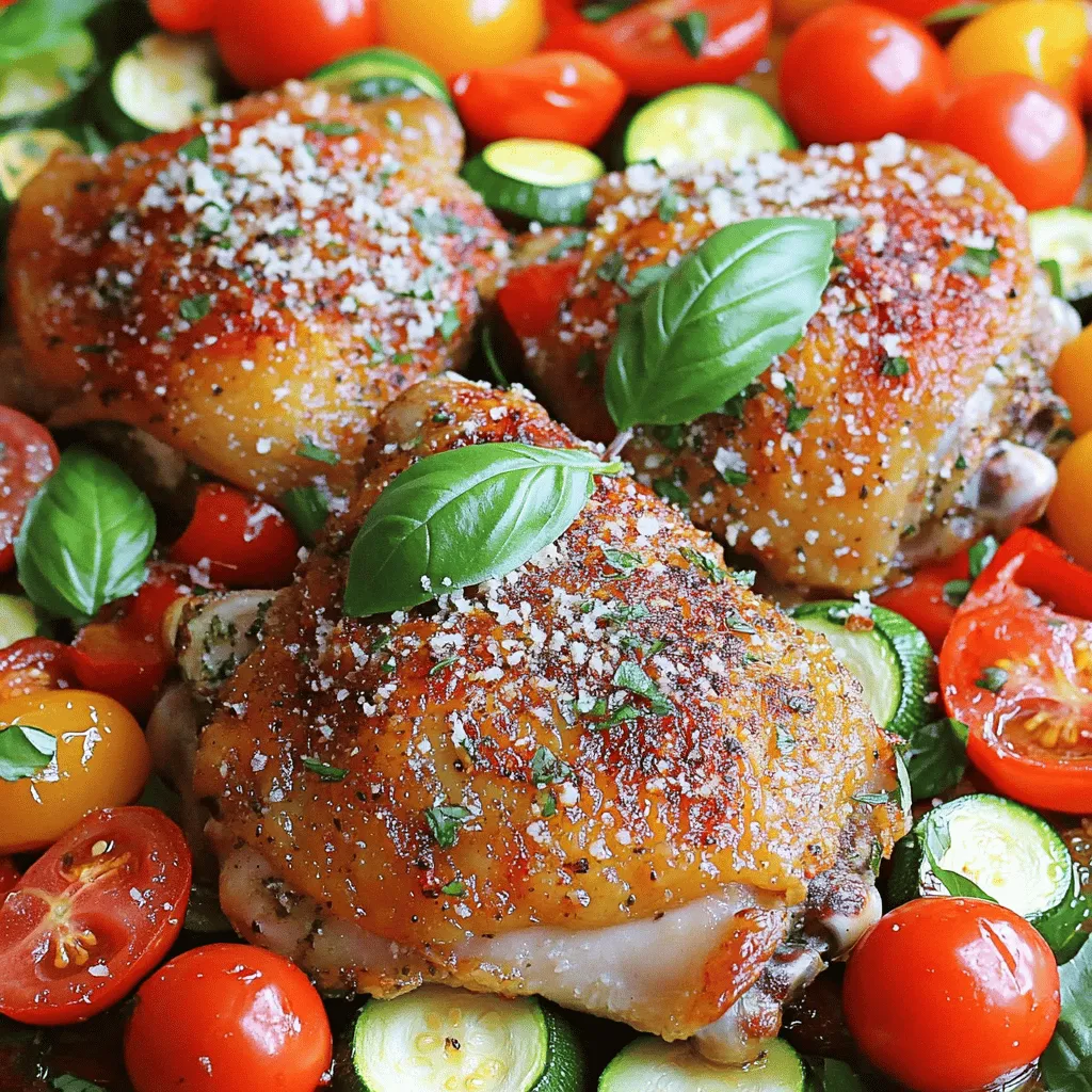 To make this Italian baked chicken, you'll need a few main items. Here is what you need: - 4 bone-in, skin-on chicken thighs - 1 cup cherry tomatoes, halved - 1 medium zucchini, sliced into half-moons - 1 red bell pepper, chopped - 1/4 cup olive oil - 1/4 cup grated Parmesan cheese These main ingredients create a hearty, filling meal. The chicken thighs are juicy and flavorful. The veggies add color and nutrients. Next, we need the right seasonings to bring out the best flavors. Here’s what to use: - 1 teaspoon garlic powder - 1 teaspoon onion powder - 1 teaspoon dried oregano - 1 teaspoon dried basil - 1 teaspoon dried thyme - 1/2 teaspoon red pepper flakes (optional) - Salt and pepper, to taste These seasonings make your chicken taste great. They provide a distinct Italian flair. The red pepper flakes add a little spice, but you can leave them out if you prefer it mild. Vegetables not only add flavor but also boost nutrition. Use these veggies for a colorful dish: - 1 cup cherry tomatoes - 1 medium zucchini - 1 red bell pepper The cherry tomatoes burst with flavor as they roast. The zucchini becomes tender, and the bell pepper adds sweetness. Together, they create a balanced meal that tastes fantastic. For the full recipe, you can refer to the [Full Recipe]. Start by preheating your oven to 400°F (200°C). This temperature cooks the chicken evenly. Grab a large baking sheet or dish. Make sure it is ready for the chicken and veggies. In a small bowl, mix the garlic powder, onion powder, oregano, basil, thyme, red pepper flakes, salt, and pepper. Rub these spices all over the chicken thighs. Be sure to coat them well. This step adds rich flavor to every bite. In another bowl, combine cherry tomatoes, zucchini, and red bell pepper. Drizzle half the olive oil over the veggies. Add salt and pepper, then toss until well coated. Place the chicken thighs skin-side up on your baking sheet. Surround the chicken with the mixed vegetables. Drizzle the rest of the olive oil over everything. Finally, sprinkle grated Parmesan cheese on top. This creates a tasty crust. Bake for 30-35 minutes. Check the internal temperature; it should be 165°F (74°C). The skin should be golden and crispy. Let it rest for 5 minutes, then garnish with fresh basil before serving. For the complete recipe, see the Full Recipe. To season the chicken well, blend the dry spices together. Use garlic powder, onion powder, oregano, basil, thyme, salt, and pepper. Rub this mix all over the chicken. Make sure to coat every part. This gives the chicken great flavor. You can add red pepper flakes for a little heat. For crispy skin, start with bone-in, skin-on chicken thighs. These help lock in moisture. When seasoning, let the chicken sit for a bit. This allows the spices to soak in. Bake the chicken at the right temperature. The hot oven creates a nice, crispy texture. You can also drizzle olive oil on top. It helps crisp up the skin even more. Set your oven to 400°F (200°C). This temperature works great for roasting chicken. It cooks the meat evenly and keeps it juicy. Make sure to preheat the oven before placing the chicken inside. This step is key for getting that perfect golden-brown skin. Always check the chicken's internal temperature. It should reach 165°F (74°C) for safe eating. For more details, check the Full Recipe. {{image_2}} You can change the veggies in this dish. Try broccoli, asparagus, or carrots. Each adds its own flavor. Use what you like or what you have. You can also mix frozen vegetables for a quick option. Just remember to adjust the cooking time if needed. If you want a twist, try other herbs. You can use rosemary or sage for a different taste. Adding lemon zest or balsamic vinegar can brighten the dish. For a Mediterranean flair, mix in some za'atar or sumac. Feel free to experiment with what you have on hand. For a kick, add more red pepper flakes. If you love heat, try cayenne pepper. A dash of hot sauce can also work well. Spice levels depend on your taste. Start small and add more if you like. This dish can be as mild or spicy as you want. For the full recipe, check out the details above. To keep your Italian baked chicken fresh, let it cool down first. Place the chicken in an airtight container. You can also add the veggies to the same container. Store it in the fridge for up to three days. Make sure to label the container with the date. This way, you won't forget when you cooked it. When you're ready to eat your leftovers, preheat the oven to 350°F (175°C). Place the chicken and veggies on a baking sheet. Cover them with foil to keep the moisture in. Heat for about 15-20 minutes. If you want, you can also use a microwave. Heat in short bursts, checking every minute. This keeps the chicken juicy. If you want to save the chicken for later, freezing is a great option. Wrap the cooled chicken tightly in plastic wrap. Then, place it in a freezer bag. Make sure to squeeze out all the air. This helps prevent freezer burn. You can freeze it for up to three months. When you're ready to cook it, thaw it in the fridge overnight before reheating. For more details on how to prepare this dish, check out the Full Recipe. You can serve Italian baked chicken with many tasty sides. A fresh green salad pairs well. You can also enjoy it with garlic bread or pasta. Roasted vegetables add color and flavor. Mashed potatoes are another great choice, too. For a hearty meal, serve it with risotto. Choose sides that you love to make it special. Yes, you can prep Italian baked chicken ahead of time. Season the chicken and store it in the fridge for up to 24 hours. You can also chop the vegetables in advance. This way, dinner time becomes easy. Just assemble everything and bake when you're ready. Making it in advance saves time on busy nights. The best way to check chicken doneness is with a meat thermometer. Insert it into the thickest part of the chicken. It should read 165°F (74°C) to ensure it is safe to eat. If you don’t have a thermometer, cut into the chicken. The juices should run clear, not pink. Always ensure it is fully cooked for the best taste and safety. In this post, we explored how to make Italian Baked Chicken. We covered the key ingredients, from chicken to seasonings and vegetables. I provided step-by-step instructions for preparation and baking, along with tips for perfect seasoning and crispy skin. You learned about variations and how to store leftovers. Cooking this dish can be fun and tasty. With these tips, you can impress your family and friends. Enjoy the journey of creating this delicious meal!