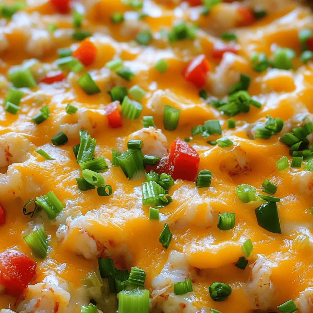 To make this dish, you need some key ingredients. Here’s what you should gather: - 1 pound crawfish tails, peeled - 1 cup cooked white rice - 1 cup onion, finely chopped - 1 cup bell pepper, finely chopped (red or green) - 1 cup celery, finely chopped - 1 can (10.5 ounces) cream of mushroom soup - 1 can (10.5 ounces) cream of celery soup - 1 cup sharp cheddar cheese, shredded - 1 tablespoon Cajun seasoning - 2 cloves garlic, minced - 2 tablespoons vegetable oil - 1/2 cup green onions, chopped (for garnish) - Salt and pepper to taste These ingredients work together to create a rich and tasty casserole. The crawfish tails bring a unique flavor, while the rice makes it hearty. The cream soups add creaminess that makes every bite satisfying. You can play with flavors by adding more seasonings. Here are some great options to consider: - Paprika for a smoky flavor - Red pepper flakes for heat - Fresh herbs like parsley or thyme - Lemon juice for brightness Adding these can give your casserole a personal touch. Adjust these to fit your taste, and don’t be afraid to experiment! Cheese is key for a creamy texture. While sharp cheddar is classic, you can try other cheeses too. Here are some ideas: - Monterey Jack for a milder taste - Pepper Jack for some spice - Gruyère for nutty flavor Mixing different cheeses can create a unique taste. Choose what you love and make it your own! If you want to see how to combine these ingredients, check the Full Recipe. To start, gather your ingredients. You will need crawfish tails, rice, and some veggies. Chop the onion, bell pepper, and celery. This mix brings great flavor. Do not forget the garlic! Next, heat vegetable oil in a skillet over medium heat. Add the onion, bell pepper, celery, and garlic. Sauté until the onion turns clear, about 5-7 minutes. This step builds a tasty base for your dish. Add the crawfish tails and Cajun seasoning next. Cook for another 3-4 minutes until the crawfish are warm. In a large bowl, combine your sautéed mix with the cooked rice. Add both cans of soup and half of the cheddar cheese. Mix everything well until it is combined. This will create a creamy and rich filling. Now, transfer the mixture to a greased 9x13-inch baking dish. Spread it evenly across the dish. This ensures that every bite is full of flavor. Lastly, sprinkle the remaining cheddar cheese over the top. This will create a nice, cheesy crust while baking. Preheat your oven to 350°F (175°C). Baking at the right temperature is key. Place your casserole in the oven and bake for 25-30 minutes. Look for a golden and bubbly top. This shows that your casserole is ready. When done, take it out and let it cool for a few minutes. This cooling time helps set the layers. Finally, garnish your dish with chopped green onions. This adds a fresh touch and a pop of color. For the complete recipe, refer to the Full Recipe. Enjoy your flavorful Louisiana Crawfish Casserole! Choosing fresh crawfish is key for a tasty casserole. Look for live crawfish with strong, clear eyes. They should feel heavy and active. Avoid any that are dark or have a bad smell. If buying frozen, check for a bright color and no ice crystals. Fresh crawfish adds a sweet, savory flavor you will love. Cajun spices bring out the best in crawfish casserole. Use a mix of paprika, cayenne, and garlic powder. These spices add heat and depth. You can also try adding thyme or oregano for more flavor. Adjust the spice level to match your taste. This way, you can make it mild or spicy just how you like it. Avoid these mistakes to ensure perfect casserole. First, do not overcook the crawfish. They should be just heated through. Next, be careful with salt. The soups and cheese already add saltiness. Taste the mixture before adding more. Lastly, let the casserole cool a bit before serving. This helps flavors blend and makes it easier to cut. Following these tips will help you create a dish everyone will enjoy. For the full recipe, check out the details above. {{image_2}} You can easily make this dish vegetarian. Replace crawfish with mushrooms or zucchini. Both add great flavor and texture. Use vegetable broth instead of chicken broth for cooking rice. A mix of veggies like bell peppers, carrots, and corn can boost taste too. If you want to switch proteins, shrimp works well. You can also use chicken or even tofu for a different twist. Cooked sausage adds a hearty touch, too. Just remember to adjust the cooking time as needed. Each protein brings its own unique flavor to the dish. Cheese plays a big role in this casserole. While sharp cheddar is a classic, you can try pepper jack for a kick. Cream cheese adds creaminess and richness. Mozzarella creates a nice stretch when melted. Mix and match to find your favorite combo. For the full recipe, check out the details above. To keep your Louisiana crawfish casserole fresh, store leftovers in an airtight container. Let the casserole cool to room temperature before sealing it. This helps prevent moisture buildup. Place it in the fridge for up to three days. If you want to enjoy it later, freezing is a great option. When you're ready to eat your leftover casserole, preheat your oven to 350°F (175°C). Place the casserole in an oven-safe dish. Cover it with foil to keep it moist. Heat for about 20-25 minutes or until it's warm all the way through. You can also microwave single servings for 2-3 minutes, checking often to avoid overcooking. To freeze your crawfish casserole, follow these steps: First, let it cool completely. Wrap it tightly in plastic wrap, then in aluminum foil. This double layer helps prevent freezer burn. You can freeze it for up to three months. When you're ready to eat it, thaw it overnight in the fridge. Then, reheat it using the oven method mentioned above for the best texture. To make Louisiana Crawfish Casserole, start by gathering your ingredients. You will need crawfish tails, cooked rice, onion, bell pepper, celery, cream soups, cheese, Cajun seasoning, garlic, vegetable oil, green onions, salt, and pepper. Begin by heating vegetable oil in a skillet. Add the onion, bell pepper, celery, and garlic, cooking until the onion is soft. Then, stir in the crawfish and Cajun seasoning. In a bowl, mix this sautéed mix with the rice and soups. Pour it into a greased baking dish, top with cheese, and bake at 350°F until golden. For the full step-by-step details, refer to the Full Recipe. If you can't find crawfish, there are good substitutes. Shrimp works well and gives a similar flavor. You can also use crab meat for a sweeter taste. Chicken is another option if you prefer poultry. Each substitute will change the flavor slightly, but they will still create a tasty dish. Just remember to adjust cooking times based on what you choose. Yes, you can prepare this casserole in advance. Assemble the casserole, cover it, and refrigerate for up to 24 hours. This method allows flavors to blend, making the dish even tastier. When ready to bake, just remove it from the fridge and bake as directed. If you freeze it, do so before baking. Thaw it overnight in the fridge before cooking. In this post, we covered how to make a delicious Louisiana Crawfish Casserole. I shared the main ingredients and the best cheese to use. You learned step-by-step instructions for preparation, assembly, and baking. I also provided tips for fresh crawfish and common cooking mistakes. Finally, we explored tasty variations and storage tips. Now, you're ready to create this dish with confidence. Enjoy this comforting meal with family and friends!