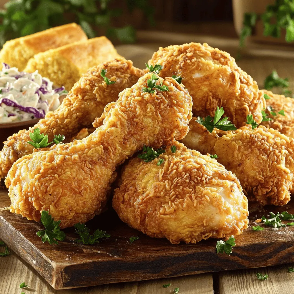 To make crispy fried chicken, you need the following main ingredients: - 1 whole chicken (cut into pieces) - 2 cups buttermilk - 2 cups all-purpose flour - 1 tablespoon garlic powder - 1 tablespoon onion powder - 1 tablespoon smoked paprika - 1 teaspoon cayenne pepper (adjust to taste) - 1 teaspoon salt - 1 teaspoon black pepper - Vegetable oil (for frying) These ingredients create a rich flavor and a nice crunch. You can add optional ingredients to change the taste a bit. Consider these: - Hot sauce (for a spicy kick) - Fresh herbs (like rosemary or thyme) - Lemon zest (for brightness) - Other spices (like cumin or black pepper) Using these can make your chicken unique and fun! Having the right tools makes cooking easier. Here’s what I recommend: - Large mixing bowls - Measuring cups and spoons - Deep skillet or heavy-bottom pot - Cooking thermometer (to check oil temp) - Wire rack (for draining chicken) - Tongs (for handling hot chicken) These tools help you cook perfectly crispy fried chicken every time. For the full recipe, check out the detailed steps in the main article. Marinating chicken makes it juicy and tasty. I use buttermilk for this recipe. First, find a large bowl. Place the chicken pieces in it. Pour in two cups of buttermilk. This will soak into the chicken and add flavor. Cover the bowl and put it in the fridge. Let it marinate for at least two hours. If you can, let it sit overnight. The longer it marinates, the better the taste. Next, it's time to make the seasoned flour. Grab another large bowl. Add two cups of all-purpose flour. Then mix in one tablespoon of garlic powder, one tablespoon of onion powder, and one tablespoon of smoked paprika. For some heat, add one teaspoon of cayenne pepper. This adds spice, but you can adjust it to your liking. Also, add one teaspoon of salt and one teaspoon of black pepper. Mix this all together well. This flour will coat the chicken and give it a nice crunch. Now let’s get ready to fry the chicken. In a deep skillet or heavy pot, heat about two inches of vegetable oil. Aim for a temperature of 350°F (175°C). Test the oil by dropping in a small piece of bread. If it sizzles, you are good to go! Take the marinated chicken out of the fridge. Let the excess buttermilk drip off. Dredge each piece in the seasoned flour. Press lightly to coat well. For extra crunch, dip it back into the buttermilk and then into the flour again. Carefully place the chicken in the hot oil. Avoid crowding the pan. It’s better to fry in batches. Cook each piece for about 12-15 minutes. Turn them occasionally. Look for a golden brown color and check the internal temperature. It should read 165°F (74°C). Once done, transfer the chicken to a wire rack or a towel-lined plate to drain excess oil. Let the chicken rest for about 5-10 minutes. This helps keep it crispy. Enjoy your crispy fried chicken! For the full recipe, check out the details above. To get that perfect crunchy skin, follow these tips: - Marinate in buttermilk: Soaking the chicken in buttermilk helps tenderize it. - Use seasoned flour: Mix flour with spices like garlic powder and paprika. - Double dip: For extra crunch, coat the chicken in flour twice. - Use the right oil: Oils with high smoke points work best. Avoid these common pitfalls for crispy fried chicken: - Overcrowding the pan: Fry in small batches. This keeps the oil hot. - Using cold oil: Make sure your oil is hot enough before adding chicken. - Skipping the rest: Let the chicken rest on a wire rack after frying. This helps keep it crispy. Choosing the right oil is key for frying chicken. Here are some good options: - Vegetable oil: This is neutral and great for frying. - Canola oil: It has a high smoke point and mild flavor. - Peanut oil: This oil adds a nice taste and can handle high heat. - Sunflower oil: Another excellent choice for crispy results. For the full recipe, check out the detailed steps to make your crispy fried chicken shine! {{image_2}} To make spicy crispy fried chicken, add cayenne pepper or chili powder. You can also use hot sauce in the buttermilk. This gives the chicken a nice kick. Adjust the spice level to fit your taste. More heat means more flavor! Southern fried chicken is known for its crunchy, seasoned crust. It often uses a thicker batter. Northern fried chicken tends to be lighter and less spicy. It may use just flour for coating. Both styles are delicious and loved by many. If you're gluten-free, use rice flour or almond flour instead of regular flour. You can also try cornstarch for a crispier texture. Make sure to check all labels for hidden gluten. This way, everyone can enjoy your crispy fried chicken! To keep your leftover crispy fried chicken fresh, let it cool first. Place the chicken pieces in an airtight container. Make sure to separate layers with paper towels to absorb moisture. This helps keep the skin crispy. Store the container in the fridge. It will last up to four days. When it's time to enjoy your leftovers, avoid the microwave. Instead, use the oven or an air fryer. Preheat the oven to 375°F (190°C). Place the chicken on a wire rack over a baking sheet. Bake for 10-15 minutes until warm and crispy. The air fryer works great too. Set it to 375°F (190°C) and heat for about 5-7 minutes. If you want to save your crispy fried chicken for later, freezing is a smart choice. Wrap each piece tightly in plastic wrap or aluminum foil. Place the wrapped chicken in a freezer-safe bag. Remove as much air as possible. Label the bag with the date. You can freeze it for up to three months. When ready to eat, thaw it in the fridge overnight before reheating. For the complete recipe, check out the Full Recipe. The best temperature for frying chicken is 350°F (175°C). This heat cooks the chicken evenly. Too hot, and the outside burns before the inside cooks. Too cool, and the chicken absorbs too much oil, making it greasy. You can check if the chicken is done by using a meat thermometer. The thickest part should reach 165°F (74°C). Alternatively, pierce the chicken; the juices should run clear, not pink. Yes, you can use chicken thighs or wings! They both work well in this recipe. Thighs stay juicy and tasty, while wings are fun finger food. Adjust cooking time as needed since they may cook faster or slower than larger pieces. You can easily make a buttermilk substitute. Mix 1 cup of milk with 1 tablespoon of lemon juice or vinegar. Let it sit for 5-10 minutes. This will give you a tangy flavor similar to buttermilk, perfect for marinating your chicken. For the full recipe, check the section above. We explored everything you need for crispy fried chicken. You learned about key ingredients, tools, and cooking steps. I shared tips to avoid common mistakes and ways to customize your chicken. You also found out how to store leftovers and keep them crispy. Fried chicken can be simple or exciting, depending on your choice. Enjoy cooking and sharing your delicious fried chicken with others!