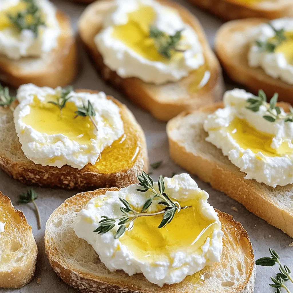 - Feta cheese - Cream cheese - Olive oil - Lemon juice - Baguette - Hot honey - Fresh herbs To measure ingredients accurately, use measuring cups and spoons. For dry items like feta, use a kitchen scale for weight. When substituting, you can replace cream cheese with Greek yogurt for a lighter mix. If you want a gluten-free option, use gluten-free bread instead of a baguette. Each serving of whipped feta crostini has about 150 calories. It has protein from the cheese and healthy fats from the olive oil. If you have dairy allergies, this dish may not be suitable. The baguette contains gluten, so be cautious if you have gluten intolerance. 1. Preheat your oven to 400°F (200°C) to get it ready for baking. 2. Line a baking sheet with parchment paper. This helps with easy cleanup later. 3. In a mixing bowl, add 200g of crumbled feta cheese and 100g of softened cream cheese. 4. Pour in 2 tablespoons of olive oil and 1 tablespoon of lemon juice. 5. Mix well using a hand mixer or blender until the cheese is smooth and creamy. 6. Season with salt and pepper to taste. This adds a nice kick to the flavor. 1. Place the sliced baguette on the prepared baking sheet. 2. Drizzle a little olive oil over each slice. This helps them toast better. 3. Bake the baguette slices in the oven for 8-10 minutes. They should be golden and crispy. 4. Once toasted, let the crostini cool for a minute. This makes them easier to handle. 5. Spread a generous amount of the whipped feta mixture on each slice. Make sure to cover it well. 1. Drizzle hot honey over the whipped feta on each crostini. This adds a sweet and spicy kick. 2. Garnish with fresh thyme or oregano leaves. This makes them look pretty and adds flavor. 3. Serve the crostini right away. Enjoy the mix of creamy, savory, and sweet flavors! For the full recipe, check out the details above. To make the best whipped feta, you need to focus on texture. Start by using a hand mixer or blender for a smooth blend. Mix the feta and cream cheese until creamy. Adding olive oil helps it blend well. A splash of lemon juice gives it a fresh taste. Always season with salt and pepper for balance. For extra flavor, try adding roasted garlic or fresh herbs. Thyme and oregano pair nicely with feta. Whipped feta crostini are great for many occasions. Serve them at parties, game days, or family gatherings. They are also perfect for a simple snack. Pair these delicious bites with crisp white wine, like Sauvignon Blanc. For a non-alcoholic option, try sparkling water with a slice of lemon. This drink pairs well with the sweet heat of hot honey. One big mistake is overbaking the baguette slices. Keep an eye on them as they toast. You want them golden, not burnt. Another error is skipping the seasoning. Always add salt and pepper to the whipped feta. Without it, the flavor falls flat. Take care with these tips, and your crostini will shine! {{image_2}} To make whipped feta crostini even more tasty, try adding roasted garlic. The sweet, soft garlic mixes well with feta. You can also add fresh herbs like basil or dill for extra flavor. Try different types of honey, too. A fruity honey or one with cinnamon can change the taste. These small tweaks can make your crostini new and exciting every time. If you want a vegan or dairy-free version, use plant-based feta or cream cheese. There are many brands that offer great alternatives. For a gluten-free option, switch the baguette for gluten-free bread. Just be sure to toast it well for the best crunch. You can add nuts like walnuts or almonds for a nice crunch on top. Dried fruits, like figs or apricots, also work well. For seasonal fun, try fresh fruits like peaches in summer or pears in fall. Each topping brings its own unique flavor, making your crostini perfect for any occasion. For the full recipe, check the complete guide above. To keep leftover crostini fresh, place them in an airtight container. This helps maintain their flavor and texture. You can store them in the fridge for up to two days. If you have leftover whipped feta, store it in a separate container. It can last up to a week in the fridge. To reheat crostini, place them on a baking sheet in the oven at 350°F (175°C). Heat for about 5-7 minutes. This method keeps them crispy. Avoid using the microwave, as this can make them soggy. You can freeze crostini, but it’s best to freeze them before topping. Lay the sliced baguette on a baking sheet and freeze until solid. Then, transfer them to a freezer bag. They can stay frozen for up to three months. When ready to use, thaw in the fridge before baking. Whipped feta crostini taste best fresh, but they can last for about 2 days in the fridge. To store them, keep the crostini and whipped feta separate. Place the crostini in an airtight container. Wrap the whipped feta in plastic wrap. This way, the crostini stay crunchy. When ready to eat, spread the whipped feta on the crostini again. Yes, you can make the whipped feta a day ahead. Just whip it up and store it in the fridge. This will save time when you want to serve it. Make sure to cover it well. Before serving, let it sit at room temperature for about 15 minutes. This helps bring back its creamy texture. Hot honey is honey infused with chili peppers. It adds a sweet and spicy kick to dishes. To use it, simply drizzle it over the whipped feta on your crostini. You can also add it to other foods, like pizza or grilled meats. It pairs well with savory flavors, making it a fun ingredient to experiment with. For more ideas, check the Full Recipe. This blog post covered everything you need for whipped feta crostini. We explored the key ingredients, from feta to hot honey. You learned how to mix, cook, and dress the crostini perfectly. We shared tips to avoid common mistakes and creative variations. In the end, enjoy making this delightful dish often. Adjust it for your tastes and serve it at gatherings. Trust me, it will impress everyone at your table!