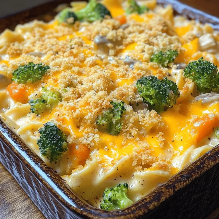 - 2 cups cooked chicken, shredded - 8 ounces egg noodles - 1 cup broccoli florets - 1 cup carrots, diced - 1 can cream of mushroom soup - 1 cup chicken broth - 1 cup shredded cheddar cheese - 1/2 cup chopped onion - 2 cloves garlic, minced - 1 teaspoon dried thyme - 1/2 teaspoon black pepper - 1 tablespoon olive oil - Salt to taste - 1/2 cup breadcrumbs (for topping)