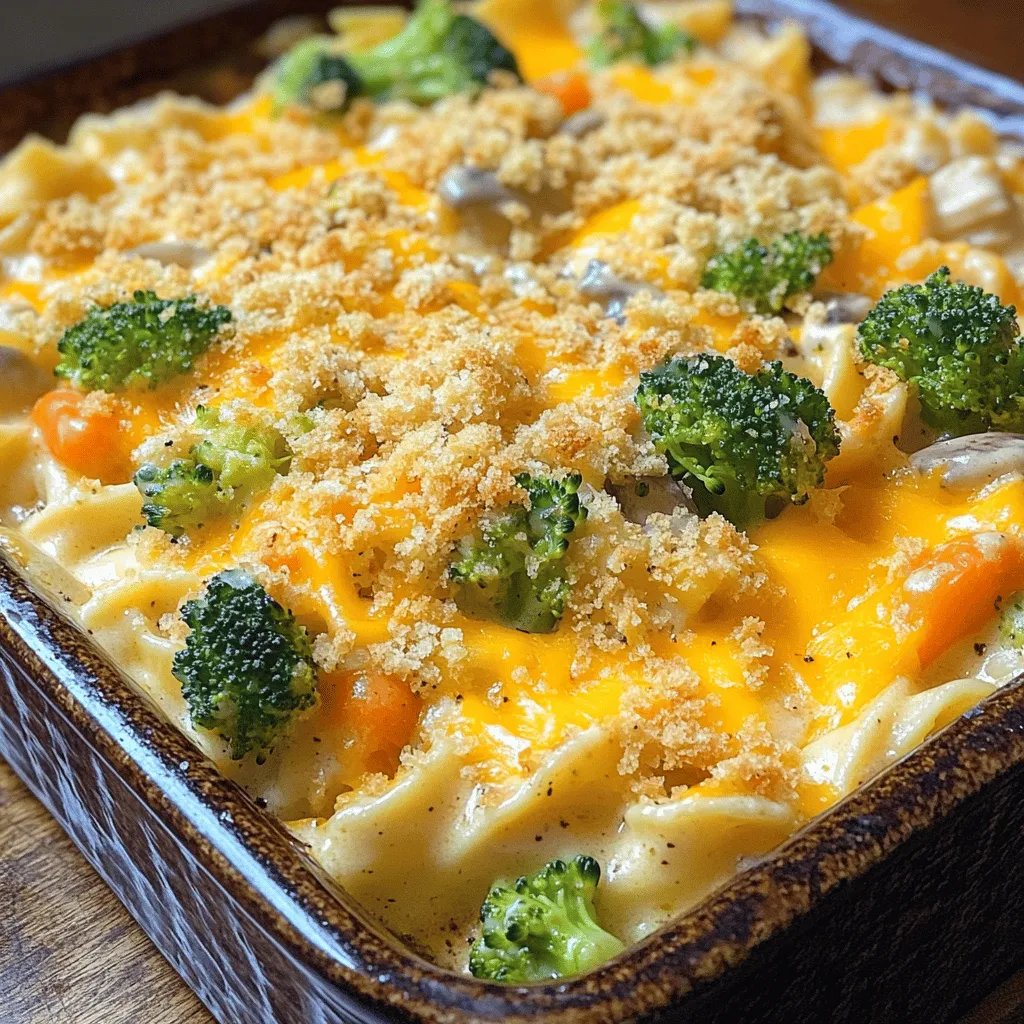 - 2 cups cooked chicken, shredded - 8 ounces egg noodles - 1 cup broccoli florets - 1 cup carrots, diced - 1 can cream of mushroom soup - 1 cup chicken broth - 1 cup shredded cheddar cheese - 1/2 cup chopped onion - 2 cloves garlic, minced - 1 teaspoon dried thyme - 1/2 teaspoon black pepper - 1 tablespoon olive oil - Salt to taste - 1/2 cup breadcrumbs (for topping)