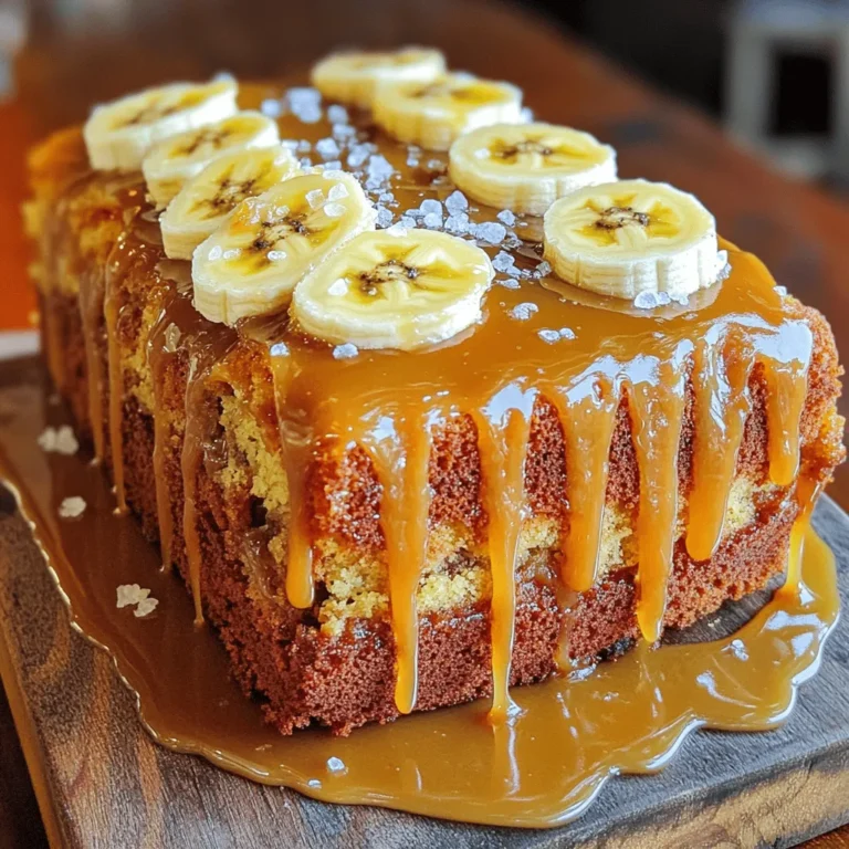To make this tasty cake, you need: - 2 ripe bananas, mashed - 1/2 cup unsalted butter, softened - 1 cup brown sugar, packed - 2 large eggs - 1 teaspoon vanilla extract - 1 1/2 cups all-purpose flour - 1 teaspoon baking powder - 1/2 teaspoon baking soda - 1/2 teaspoon salt - 1/2 cup buttermilk For the salted caramel sauce, gather: - 1 cup granulated sugar - 6 tablespoons unsalted butter, diced - 1/2 cup heavy cream - 1 teaspoon sea salt Using ripe bananas is key. They bring natural sweetness and moisture. If you don’t have buttermilk, you can use regular milk with a splash of vinegar. This will mimic the tangy flavor. For the sugar, light brown sugar adds a lovely caramel note. You can swap it with granulated sugar, but the taste will change slightly. If you prefer a dairy-free version, use coconut oil instead of butter. An egg substitute, like flaxseed meal, can replace the eggs if needed. This way, anyone can enjoy this delightful cake. To make this cake, a few key tools are essential: - Mixing bowls: You will need at least two for wet and dry ingredients. - A whisk: This helps blend the dry ingredients smoothly. - A rubber spatula: Use this to fold your batter gently. - A 9-inch round cake pan: This is perfect for baking the cake. - A saucepan: You'll need it to make the salted caramel sauce. - A toothpick: Use this to check if your cake is done. These tools will make your baking process easier and more fun! For the complete process, check out the Full Recipe. First, you need to preheat your oven to 350°F (175°C). This step is key for even baking. Next, take a 9-inch round cake pan. Grease it with butter and dust it with flour. You can also line it with parchment paper for easy removal later. In a mixing bowl, cream together 1/2 cup of softened unsalted butter and 1 cup of packed brown sugar. Mix until it is light and fluffy. Now, add 2 ripe bananas that you have mashed. Stir well to combine. Next, beat in 2 large eggs, one at a time. Don’t forget to add 1 teaspoon of vanilla extract for flavor. In another bowl, whisk together 1 1/2 cups of all-purpose flour, 1 teaspoon of baking powder, 1/2 teaspoon of baking soda, and 1/2 teaspoon of salt. Gradually add these dry ingredients to the wet mixture. Alternate with 1/2 cup of buttermilk. Start and end with the flour mix. Be careful not to overmix; it should just come together. Pour your batter into the prepared cake pan. Smooth the top with a spatula. Bake in your preheated oven for 25-30 minutes. To check if it’s done, insert a toothpick in the center. If it comes out clean, it's ready. Let the cake cool in the pan for about 10 minutes. Then, transfer it to a wire rack to cool completely. While the cake cools, let's make the salted caramel sauce. In a medium saucepan over medium heat, add 1 cup of granulated sugar. Stir constantly until the sugar melts. Watch it carefully so it does not burn. Once it turns a golden amber color, remove it from the heat. Quickly add 6 tablespoons of diced unsalted butter and stir until it melts. Gradually pour in 1/2 cup of heavy cream while stirring. The mixture will bubble up, so be cautious. Finally, add 1 teaspoon of sea salt and mix until smooth. Let it cool slightly. Once your cake is cool, drizzle half of the salted caramel sauce over the top. Let it soak in for a few moments. Keep the rest of the sauce for serving later. Cut the cake into slices and serve each slice with a drizzle of the remaining salted caramel sauce. For a lovely touch, serve on a rustic wooden board. You can add fresh banana slices and whipped cream for extra flair. Enjoy this delightful dessert! For the full recipe, check out the details above. To get a perfect banana cake, use ripe bananas. They add natural sweetness and moisture. Mash them well for even distribution in the batter. Be sure to cream the butter and brown sugar until fluffy. This step adds air to the batter, making your cake light. Mix the dry and wet ingredients gently. Overmixing can make the cake dense. Bake until a toothpick comes out clean, checking around 25-30 minutes. Start with granulated sugar in a medium saucepan. Heat it on medium, stirring constantly. Watch closely as it melts into a golden color. Once it turns amber, quickly add your diced butter. Stir until melted and mixed well. Slowly pour in heavy cream while stirring, as it will bubble. Finally, stir in sea salt until smooth. Let it cool slightly before using. This sauce is key for that salty-sweet balance. Presentation matters! Serve slices on a rustic wooden board. Drizzle extra salted caramel sauce on each slice. Add a sprinkle of sea salt for flair. Fresh banana slices on top look nice and add flavor. A dollop of whipped cream makes it feel special. These touches make your cake not just tasty but beautiful. For the full recipe, check out the detailed steps above. {{image_2}} You can change the flavor of this cake easily. Try adding spices like cinnamon or nutmeg. These spices pair well with bananas. They add warmth and depth to your cake. You can also use different types of bananas, like plantains, for a unique twist. If you love chocolate, mix in some cocoa powder. This will create a rich chocolate-banana cake. Another fun idea is to add crushed nuts. Walnuts or pecans give a nice crunch. Toppings can make your cake even better. You can use fresh fruit like strawberries or blueberries. They add color and freshness to each slice. Want something extra? Try a scoop of vanilla ice cream on top. The cold ice cream pairs well with warm cake. You can also drizzle extra salted caramel sauce for a sweet touch. If you want a lighter option, serve it with whipped cream. This adds a fluffy texture that balances the cake's richness. Making this cake for special diets is simple. For a gluten-free version, swap all-purpose flour for a gluten-free blend. This keeps the texture light and fluffy. If you need a dairy-free cake, use coconut oil instead of butter. Replace buttermilk with almond milk or oat milk, mixed with a bit of vinegar. This helps mimic the tangy flavor. For a vegan option, use flax eggs. Mix 1 tablespoon of ground flaxseed with 3 tablespoons of water for each egg. These swaps allow everyone to enjoy this delicious dessert. You can find the full recipe to guide you through these adjustments. To keep your salted caramel banana cake fresh, wrap it tightly in plastic wrap. Place it in an airtight container. This method keeps moisture in and helps the cake last longer. You can also store it in a cake dome for easy access. If you have any leftover salted caramel sauce, store that in a separate jar in the fridge. You can freeze this cake for up to three months. First, let the cake cool completely. Cut it into slices for easy serving later. Wrap each slice in plastic wrap, then place them in a freezer-safe bag. Make sure to label the bag with the date. For the salted caramel sauce, pour it into a freezer-safe container. Just thaw it in the fridge when you're ready to enjoy. When stored properly, the cake lasts about 3-4 days at room temperature. If you refrigerate it, you can extend its life to about a week. However, the cake tastes best within the first few days. Over time, the bananas may change texture, but the flavor remains wonderful. Follow the Full Recipe for the best results whenever you make this delicious cake. Use ripe bananas for this recipe. They should have brown spots. The riper the bananas, the sweeter and more flavorful your cake will be. Overripe bananas are perfect for baking. They add natural sweetness and moisture. Yes, you can! If you don't have buttermilk, use milk with vinegar. Add one tablespoon of vinegar to a cup of milk. Let it sit for five minutes. This mix works well as a buttermilk substitute. A sunken cake often happens due to underbaking or too much moisture. To fix this, check your oven's temperature with an oven thermometer. If the cake is underbaked, bake it longer. If you used too many wet ingredients, reduce them next time. You can find Salted Caramel Banana Cake at local bakeries. Some grocery stores may also carry it. If you want to make it at home, check the Full Recipe above for easy steps! You learned how to make a delicious salted caramel banana cake. I shared key ingredients, tools, and tips to ensure your cake turns out perfect. You can adjust flavors and toppings to fit your taste. Store leftovers easily, and remember, this cake freezes well. With the right bananas and techniques, you can enjoy a moist, sweet treat. Baking is fun, and this cake is a crowd-pleaser. Dive into your baking adventure and impress everyone with your skills!