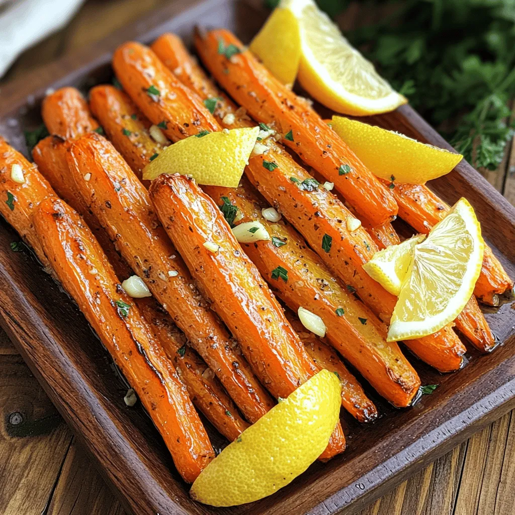 - 1 lb carrots, peeled and cut into sticks - 3 tablespoons olive oil - 4 cloves garlic, minced - Zest of 1 lemon - 2 tablespoons fresh lemon juice - 1 teaspoon honey - 1 teaspoon dried thyme - Salt and pepper to taste - Fresh parsley, chopped, for garnish - A pinch of red pepper flakes for heat - 1 tablespoon balsamic vinegar for depth - A sprinkle of feta cheese for creaminess - Calories: 150 - Protein: 2g - Fat: 7g - Carbohydrates: 22g - Fiber: 5g - Sugar: 5g These ingredients make your Tangy Lemon Garlic Roasted Carrots shine. The carrots bring a sweet flavor. The garlic adds a nice kick, while lemon zest and juice brighten every bite. Honey balances the flavors, and thyme adds earthiness. If you want to play with flavors, try the optional ingredients. They can enhance your dish even more. For those tracking nutrition, I’ve included the information per serving. This dish is rich in fiber and low in calories. It's a great way to enjoy veggies without guilt. Each serving gives you a healthy dose of flavor and nutrition. The full recipe offers clear steps for you to create this dish with ease. First, set your oven to 425°F (220°C). This high heat helps caramelize the carrots. Line a baking sheet with parchment paper. This step keeps the carrots from sticking. It also makes cleanup easier. In a large bowl, combine the olive oil, minced garlic, lemon zest, and lemon juice. Add the honey, dried thyme, salt, and pepper. Whisk everything together until it blends well. This mix gives the carrots a bright, tangy flavor. Now, add the carrot sticks to the bowl. Toss them well to coat in the lemon-garlic mixture. Spread the carrots out on the baking sheet in a single layer. Leave space between them for even roasting. Roast in the oven for 20-25 minutes. Toss the carrots halfway through for even cooking. When done, they should be soft and slightly caramelized. Remove them from the oven and sprinkle fresh parsley on top. This adds color and freshness. Serve warm as a tasty side dish. For the full recipe, check out the details in the article! Roasting carrots is simple, but a few tips can help. First, cut the carrots into uniform sticks. This step ensures they cook evenly. Second, make sure to coat the carrots well in the lemon-garlic mix. If they are dry, they won’t caramelize right. Also, spread them out on the baking sheet. If they touch, they will steam instead of roast. The key to great flavor is layering it. Start with the olive oil and garlic. These form the base. Then, the lemon zest and juice add a bright kick. Honey brings a touch of sweetness to balance the tang. Lastly, add thyme for a hint of earthiness. Taste the mix before adding the carrots. Adjust the salt and pepper to suit your taste. Presentation makes a meal more exciting. Arrange the roasted carrots on a nice platter. Drizzle some extra lemon juice over them for shine. Garnish with fresh parsley for a pop of green. You can also add lemon wedges on the side. This way, guests can add more if they want. For a fun twist, serve them with a yogurt dip for added creaminess. For the full recipe, check out the Tangy Lemon Garlic Roasted Carrots section. {{image_2}} You can change up the taste of Tangy Lemon Garlic Roasted Carrots by adding more ingredients. Try adding red pepper flakes for heat. A pinch of smoked paprika brings a nice depth. You can also toss in some sliced onions or bell peppers for a sweet contrast. Fresh herbs like rosemary or basil can bring a fresh twist. These additions will make your dish even more exciting. Not every kitchen has the exact ingredients. If you do not have olive oil, canola oil works too. You can swap lemon juice with lime juice for a different sour note. If honey is not on hand, maple syrup adds a nice sweetness. For those who don’t like thyme, use oregano or dill instead. These swaps can help you create a tasty dish with what you have. You can use different vegetables to make this dish year-round. In the spring, asparagus or radishes roast well with the same lemon-garlic mix. Summer zucchini and yellow squash shine with this flavor too. Fall brings sweet potatoes or butternut squash, which add creaminess. In winter, try parsnips or Brussels sprouts for a hearty option. Each season offers a unique twist on this recipe. After enjoying your Tangy Lemon Garlic Roasted Carrots, let them cool first. Place the leftovers in an airtight container. They stay fresh in the fridge for up to four days. If you store them properly, they will taste great on day four! Reheating roasted carrots can be simple. Use the oven for the best results. Preheat your oven to 350°F (175°C). Spread the carrots evenly on a baking sheet. Heat them for about 10 minutes. You can also use the microwave if you're in a hurry. Just heat them in short intervals to avoid sogginess. Freezing is a smart way to save extra carrots. First, let them cool completely. Then, spread them in a single layer on a baking sheet. Freeze them for about an hour. Once frozen, transfer the carrots into a freezer bag. They can last up to three months. When you're ready, just reheat them straight from the freezer. Enjoy the bright flavors anytime! Yes, you can use baby carrots. They save time since they are already cut. Just make sure to adjust the roasting time. Baby carrots may cook faster. Check them after 15 minutes to see if they are tender. These carrots pair well with many dishes. Serve them alongside grilled chicken or fish. They also go great with a quinoa salad. You can also add them to a veggie platter. For a fun twist, serve them with a yogurt dip. To make this recipe vegan, simply replace honey with maple syrup. You can also skip the sweetener altogether if you prefer. The lemon and garlic will still give great flavor to the carrots. For the full recipe, check out the detailed steps and ingredients mentioned above. Enjoy tasty carrots with a zesty kick! You learned how to make Tangy Lemon Garlic Roasted Carrots. We covered ingredients, from basic to optional ones for extra flavor. The step-by-step instructions guided you through preparation and roasting techniques. I shared tips for the best taste and how to present them nicely. You saw some variations to try different flavors and vegetables too. Lastly, we discussed how to store leftovers for later use. Enjoy making this easy, tasty dish! Your meals can now be both simple and delicious.